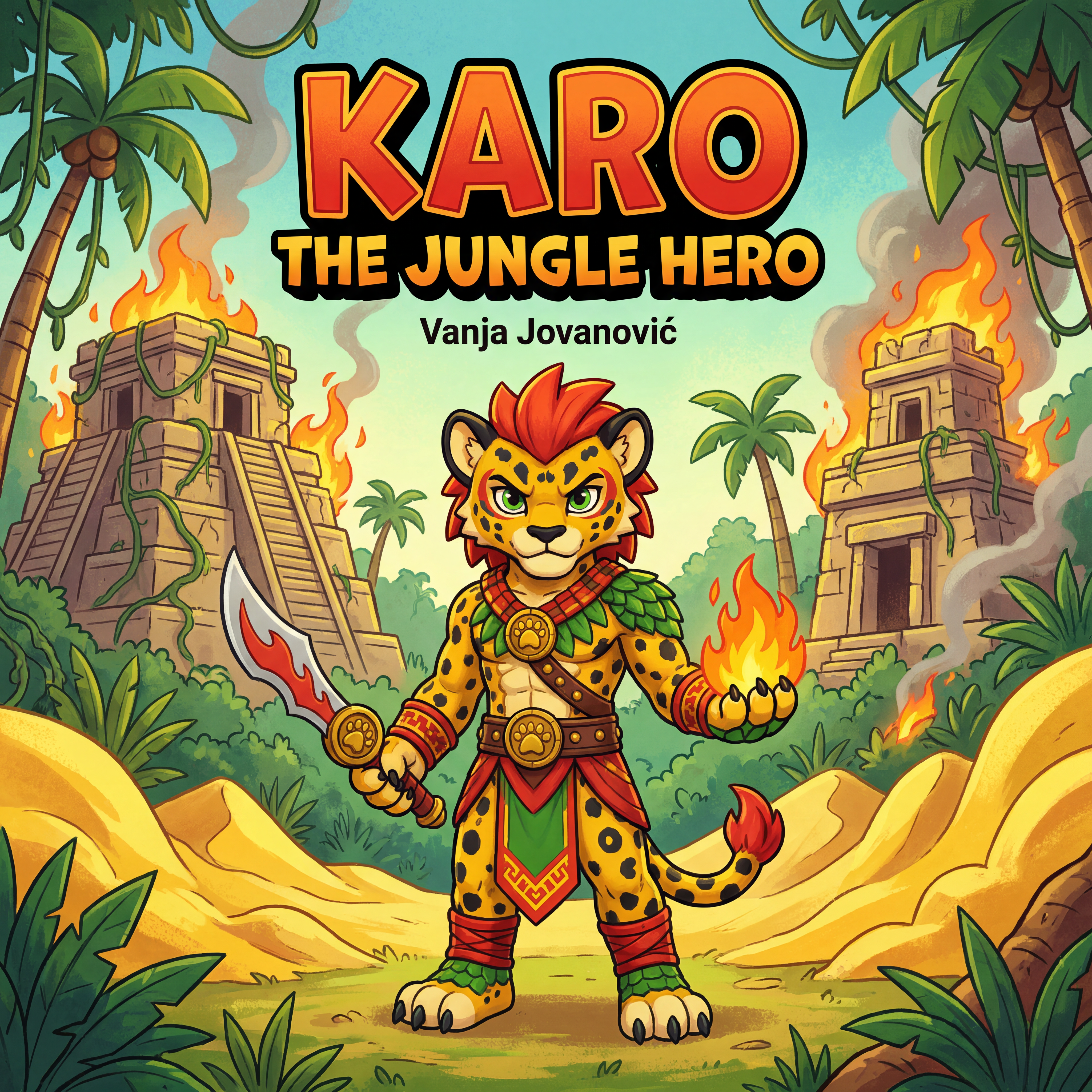 AI Design for book cover not to realisitc named karo the jungle hero name of author Vanja Jovanović and in the same cartoony art stzle like a dogman book or mario promo art art style with a jungle backdrop temples palm trees fire and karo is holding the fire sabre on the image also yellow bits like sand cool