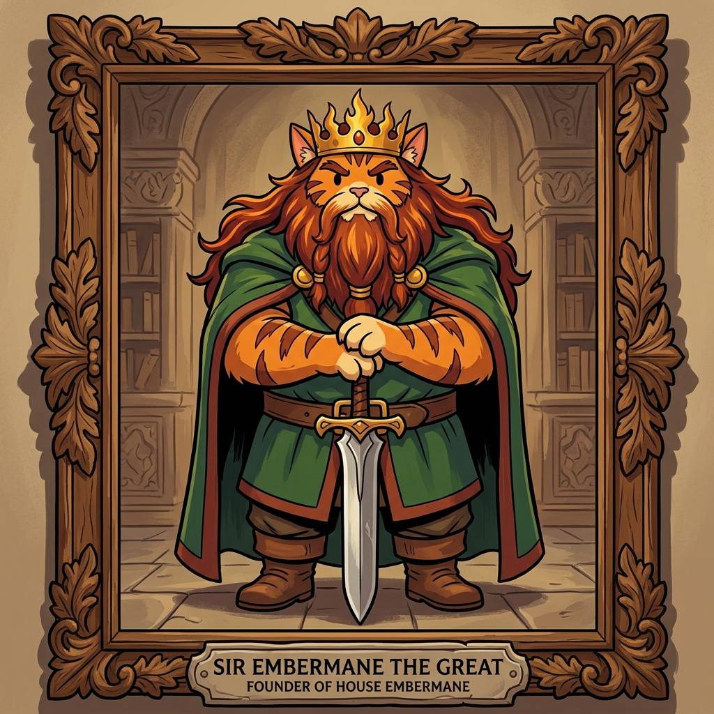 AI Design for # 👑 Sir Embermane the Great
If Jasper is the young dreamer of the family, then **Sir Embermane the Great** should look like the living legend who started it all.
In the Embermane Chronicles art style:
* Bold line art
* Simple coloring
* Minimal shading
* Dot eyes
* Strong, readable silhouette
His portrait should instantly tell the reader:
> "This is the ancestor everybody talks about."
---
## 🐱 Appearance
Sir Embermane the Great has the same basic fur colors as Jasper, showing the family resemblance immediately.
* Orange tabby fur
* Red-brown cheek stripes
* Red-brown markings on the arms and legs
* Red-brown ear tips
The resemblance should be obvious enough that readers can immediately see:
> "Jasper came from this family."
---
## 🔥 Mane and Beard
This is his most striking feature.
Unlike Jasper's smaller mane-like hair, Sir Embermane has:
* A massive ember-colored mane
* Deep red-brown mixed with fiery orange
* Flowing down past his shoulders
And an equally impressive beard:
* Long
* Thick
* Well-kept
* Split slightly near the bottom
The beard should make him look wise and ancient.
The mane should make him look powerful.
Together they create the image of a lion-like king.
---
## 👑 Crown
His crown should be recognizable throughout the series.
Not huge.
Not covered in jewels.
Instead:
* Thick gold band
* Leaf-inspired shapes
* Flame-like points rising upward
Almost as if the crown itself was inspired by the name *Embermane*.
Simple enough to be drawn repeatedly.
Iconic enough to become a symbol.
---
## 💪 Build
Sir Embermane is enormous.
Not just tall.
Broad.
Powerful.
The biggest Embermane portrait in the gallery.
Wide shoulders.
Strong arms.
Barrel chest.
The kind of figure who fills an entire doorway.
Even standing still, he looks formidable.
---
## 👘 Clothing
Royal but practical.
Not overloaded with decorations.
A deep green royal cloak.
Red-brown trim around the edges.
Large golden clasp at the neck.
Underneath:
* Tunic
* Belt
* Boots
Everything designed to support the silhouette rather than distract from it.
---
## ⚔️ Pose
This is where the portrait becomes memorable.
He stands perfectly upright.
Feet planted firmly.
Both hands resting on the pommel of a great sword.
The sword points downward.
Its tip touches the ground.
The blade stands directly in front of him.
A classic kingly pose.
Calm.
Confident.
Unmovable.
Like a statue.
---
## 😐 Expression
Not smiling.
Not angry.
A calm, commanding expression.
The look of somebody who has:
* Won wars
* Built kingdoms
* Made difficult choices
Yet remains composed.
The dot eyes should still be simple, but the eyebrows and posture do most of the work.
---
## 🖼️ Portrait Composition
Imagine Jasper discovering this portrait in the library.
The portrait hangs higher than the others.
Large ornate frame.
Oak leaves carved into the border.
Embermane crest beneath it.
The painting shows Sir Embermane standing tall with his sword.
Looking directly outward.
As though he is watching over every generation that came after him.
Beneath the portrait:
**Sir Embermane the Great**
*Founder of House Embermane*
And even before Jasper reads a single word, he immediately thinks:
> "I want to be like him."
That's the feeling the portrait should give. 👑⚔️🐱🔥📖
jasper is cat in promptbar.