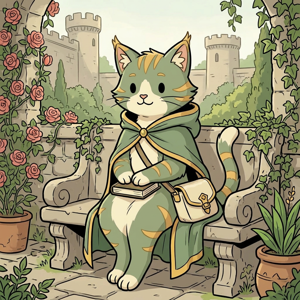 AI Design for cat in the promptbar is not a lion nor tiger just an inpiration for cats colours the cat description is the promptbar cats distant predcessors so use him as inspo .
same art syle speceies different height pose gender 🌿 Hazel Embermane
Colors:
Sage green
Cream
Soft gold
Reason:
Gentle and wise. in castle garden dot eyes minimal shading simple colours