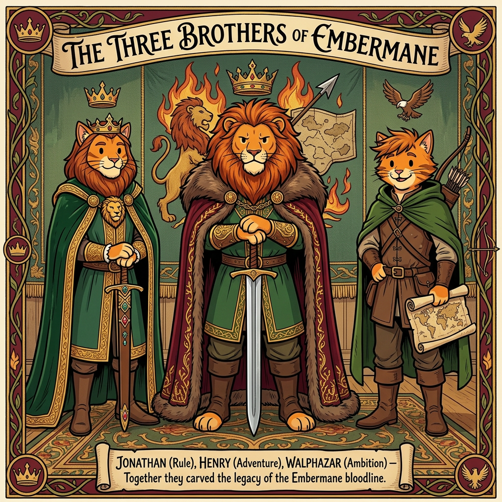 AI Design for Assuming we're talking about the **Three Brothers** who shaped the future of House Embermane—**Jonathan, Henry, and Walphazar Embermane**—I'd make them look like they clearly belong to the same family as Sir Embermane the Great, but each represents a different path.
All in the same style:
* Bold line art
* Dot eyes
* Minimal shading
* Simple coloring
* Storybook proportions
* Family resemblance visible immediately
---
# 👑 Jonathan Embermane
### The Noble Brother
Jonathan is the eldest.
When people see him, they immediately think:
> "That looks like a king."
### Appearance
* Orange tabby fur
* Red-brown cheek stripes
* Broad shoulders
* Tall but not as massive as Sir Embermane
### Hair
* Neatly groomed red-brown mane
* Shoulder length
* Well-maintained
### Clothing
🟢 Deep green royal cloak
🟡 Gold trim
👑 Simple crown
His clothes are elegant without being flashy.
### Expression
Calm.
Responsible.
The type of cat who thinks before speaking.
### Pose
Standing upright.
One paw resting on the hilt of a ceremonial sword.
The other behind his back.
Very formal.
Very regal.
---
# 🦅 Henry Embermane
### The Adventurer
Henry is the explorer.
The wanderer.
The brother who was always looking beyond the horizon.
### Appearance
* Slightly leaner build
* Athletic
* Tall
### Hair
* Messier mane
* Wind-swept look
* Slightly shorter than Jonathan's
### Clothing
🌲 Green travel cloak
🟤 Brown boots
🏹 Archer gear
🗺 Travel satchel
He looks ready to leave for an adventure at any moment.
### Expression
Friendly smile.
Curious eyes.
Always looks like he's thinking:
> "I wonder what's over that hill."
### Pose
Holding a rolled map.
One foot slightly forward.
As if he might start walking at any moment.
---
# 🔥 Walphazar Embermane
### The Ambitious Brother
Walphazar is the most intimidating.
Not evil.
But intense.
The brother who wanted more.
### Appearance
* Largest of the three brothers
* Broad chest
* Strong jaw
Almost approaching Sir Embermane's size.
### Hair
Huge ember-colored mane.
Much larger than his brothers'.
A symbol of pride and power.
### Clothing
🔴 Dark red royal cape
🟢 Green royal tunic
🟡 Heavy gold decorations
His clothing is more elaborate than Jonathan's.
He wants people to notice him.
### Expression
Serious.
Determined.
Confident.
The type of cat who enters a room and immediately takes control.
### Pose
Standing with both hands resting on a large sword.
Similar to Sir Embermane.
Showing that he admired the founder greatly.
### Impression
Readers should immediately think:
> "This is the brother who changed everything."
---
# 🖼️ The Three Brothers Portrait
The coolest image might actually be all three together.
Jonathan on the left.
Henry on the right.
Walphazar in the center.
All wearing different variations of Embermane colors:
🟢 Green
🔴 Red-brown
🟡 Gold
Behind them hangs the Embermane banner.
Beneath them:
**The Three Brothers of Embermane**
The image should feel important because these three are the reason the family history became so complicated in the first place. Their choices shaped everything that happens generations later—including Jasper's story. 📖👑🔥🏹🐱 jasper is the cat in the prompt bar