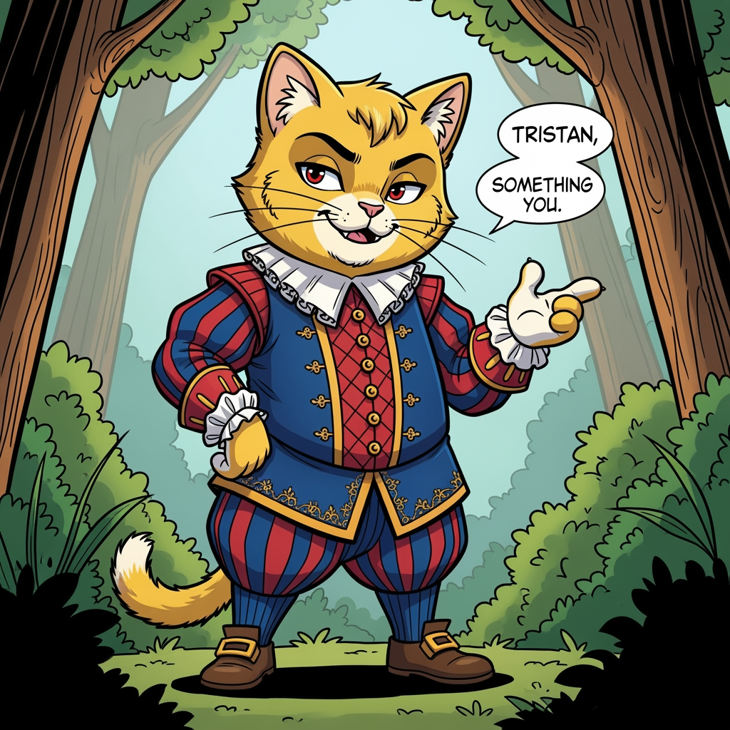 AI Design for # 🐱 Tristan Corvinhouse
If Jasper is the hero readers immediately want to root for...
**Tristan is the character they immediately want to roll their eyes at.**
Not because he's evil.
Not because he's a villain.
Because he's *annoying*.
And he knows it.
---
## First Impression
The first thing people notice about Tristan is that he's surprisingly small.
Not tiny.
Just slightly shorter than Jasper.
Which annoys him tremendously.
He wants to look grand.
Powerful.
Royal.
Important.
Instead, he's constantly trying to compensate.
---
## Fur
Like many members of House Corvinhouse, Tristan has:
🟡 Light golden-yellow fur
Almost like sunlight.
His fur is always well-groomed.
Always spotless.
Always perfect.
---
## Face
His most recognizable feature is his smile.
Not a warm smile.
Not a friendly smile.
A smug smile.
The kind that says:
> "I know something you don't."
Even when he absolutely doesn't.
---
## Eyes
🔴 Dark red eyes.
Sharp.
Expressive.
When he's teasing Jasper, they're full of mischief.
When he's embarrassed, they get wide.
When he's caught doing something stupid, he tries very hard to pretend he isn't embarrassed.
---
## Clothing
Tristan dresses like somebody who desperately wants everyone to remember he's royalty.
His outfit is:
🔵 Deep blue
🔴 Deep red
In a checkered pattern.
Rich fabrics.
Long sleeves.
Decorative buttons.
Fancy collars.
Everything is slightly more elaborate than necessary.
---
## Personality
Tristan loves attention.
Absolutely loves it.
If a room contains ten people, Tristan wants all ten people looking at him.
---
He constantly teases Jasper.
Not because he hates him.
Because Jasper is easy to tease.
And because Tristan secretly finds him interesting.
---
### Examples
Tristan:
> "Nice shot, Embermane. Were you aiming for the target or the tree behind it?"
Jasper:
> "I hit the target."
Tristan:
> "After three attempts."
---
He's that kind of character.
---
## His Biggest Flaw
He's insecure.
Deep down, Tristan feels like he has something to prove.
He's a prince.
He's expected to be impressive.
Expected to be confident.
Expected to be important.
Sometimes he's afraid he isn't.
So he hides that behind arrogance.
---
## His Biggest Strength
When things become serious...
Tristan shows up.
He complains.
He grumbles.
He acts like helping is beneath him.
Then he helps anyway.
---
## Pose
In illustrations:
👑 Standing dramatically
😏 Smirking
🫴 Gesturing while talking
🎭 Trying to look impressive
---
But occasionally:
😳 Looking embarrassed
😂 Laughing genuinely
😅 Being caught off guard
Those moments make readers like him.
---
## Silhouette
You'd recognize him instantly:
🐱 Smaller frame
👑 Royal clothing
🧥 Large sleeves
🎭 Confident pose
---
## Storybook Illustration Example
Imagine a chapter illustration.
Jasper has just won an archery competition.
The crowd is cheering.
Rufus is celebrating.
Ashen is playing music.
Pippa is clapping.
Milo is taking notes.
Shadow is drawing the event.
And standing nearby is Tristan.
Arms crossed.
Trying very hard not to look impressed.
Trying very hard not to smile.
Trying very hard not to admit that Jasper actually did a good job.
The illustration caption might as well read:
> "Tristan hated admitting when Jasper was right."
---
## The Feeling He Gives
Tristan isn't the villain.
He isn't the bully.
He isn't even really a rival in the traditional sense.
He's the prince who keeps trying to one-up Jasper, keeps getting dragged into adventures, and keeps accidentally becoming a better person along the way.
The kind of character who starts as:
> "Ugh, this guy."
And ends as:
> "Okay... maybe I like this guy."
😏👑🐱✨
more bolder comic book art szle lines in forest minimal shading vibrant colours onlz one version on the image bold black lines less detail like wrinklz lines more curvz and bolder thick lines he is the chubby kid prince and is short and a bit fat CHILDDDD
