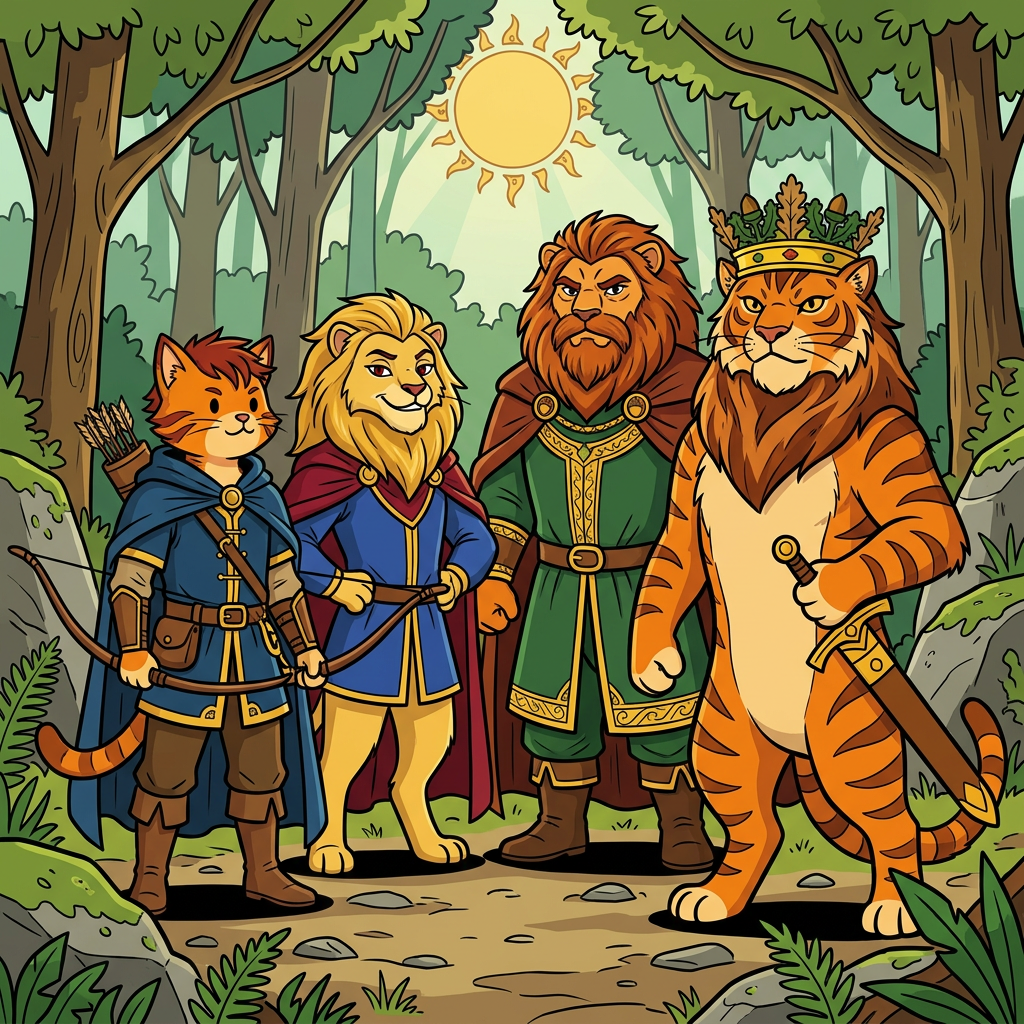 AI Design for Each immediately recognizable from their silhouette, colors, and pose. 📖🏹👑🔥🐱 THEY ARE ALL CATS NOT LIONSSSSSSSSSSSSSSSSSSSSSSS
Got it—**Walthazar**, not Walphazar. And you don't want portrait descriptions right now, you want the **character designs themselves** as they would appear in the storybook art style.
## 🏹 Rowan Embermane
Rowan is the Embermane that Jasper idolizes.
He's not dressed like a king.
He's dressed like a hero.
### Appearance
* Orange tabby fur.
* Red-brown cheek stripes.
* Red-brown ear tips.
* Red-brown mane-like hair, longer than Jasper's.
* Athletic build.
### Clothing
🔵 Deep blue archer's tunic.
🟡 Gold trim around the sleeves and collar.
🔵 Blue cloak.
🟡 Gold accents on his belt and quiver.
Leather boots and bracers.
### Personality in Design
Everything about him should say:
> "Explorer."
Not ruler.
Not noble.
Not warrior.
Explorer.
The kind of cat who has seen half the world and wants to see the other half.
---
## 👑 Corvin Corvinhouse
The founder of House Corvinhouse.
### Appearance
* Light golden-yellow fur.
* Large golden mane.
* Dark red eyes.
* Confident grin.
Unlike the Embermanes, whose designs feel warm and heroic, Corvin should feel charismatic.
### Clothing
🔵 Royal blue tunic.
🔴 Deep red cloak.
🟡 Gold details.
His clothing establishes the Corvinhouse color scheme used later by Tristan and the rest of the family.
### Personality in Design
When somebody sees him, they should think:
> "That guy definitely enjoys being important."
He's charming.
Confident.
A little smug.
And he knows it.
---
## 👑 Walthazar Embermane
One of the most important Embermanes in history.
### Appearance
* Orange tabby fur.
* Red-brown markings.
* Massive mane.
* Thick beard.
* Broad shoulders.
More physically imposing than Rowan.
Less imposing than Sir Embermane the Great.
### Clothing
🟢 Deep green royal garments.
🔴 Red-brown cape.
🟡 Gold trim.
A perfect blend of royal and Embermane colors.
### Personality in Design
Walthazar should look like somebody who carries responsibility.
Not the adventurous optimism of Rowan.
Not the overwhelming legendary presence of Sir Embermane.
Instead:
> A ruler.
A cat who spends his days making decisions that affect thousands of people.
Strong.
Wise.
A little stern.
But not cruel.
---
One thing I really like is that each major ancestor has a completely different silhouette:
🏹 **Rowan** = cloak, bow, traveler.
👑 **Corvin** = royal cape, grin, nobleman.
🔥 **Walthazar** = mane, beard, ruler.
👑 **Sir Embermane the Great** = giant king with sword.
That way, even in your simple bold-line storybook style with dot eyes, readers can instantly tell who's who. 📖🐱🏹👑🔥