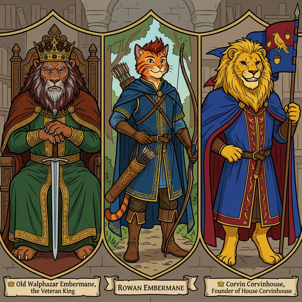 AI Design for in same art syle Perfect. You're starting to build the **portrait gallery** that Jasper would see in the Embermane library.
---
# 🏹 Rowan Embermane
### The Legendary Archer
If Sir Embermane the Great is the founder and Walphazar is the powerful ruler, then **Rowan is the hero children dream about becoming.**
He's the ancestor Jasper becomes obsessed with.
The one whose stories he reads over and over.
---
## Appearance
Like the other Embermanes:
🐱 Orange tabby fur
🔥 Red-brown cheek stripes
🔥 Red-brown ear tips
🔥 Red-brown mane-like hair
The family resemblance should be obvious.
When Jasper looks at the portrait, readers should immediately notice:
> "He looks like Jasper."
---
## Build
Not enormous.
Not a kingly giant.
More athletic.
Lean.
Fast.
Built for traveling and archery.
The sort of cat who spends more time on roads and forest paths than in castles.
---
## Clothing
His iconic colors:
🔵 Deep blue
🟡 Gold
A beautiful archer outfit.
Blue tunic.
Gold trim.
Blue cloak.
Leather archery gear.
Gold embroidery around the edges.
Elegant but practical.
---
## Equipment
🏹 Longbow
His most important item.
The bow should be instantly recognizable.
Not oversized.
Not magical-looking.
Just a beautifully crafted bow used by a legendary archer.
A quiver rests at his side.
---
## Expression
A warm smile.
Confident.
Friendly.
The kind of hero people genuinely liked.
Not intimidating.
Not overly serious.
---
## Pose
One hand resting on his bow.
The other on his belt.
Standing proudly.
Looking slightly toward the horizon.
Almost like he's already thinking about his next adventure.
---
## Reader Impression
When Jasper first sees the portrait:
> "That's him."
Not a king.
Not a ruler.
An adventurer.
A hero.
Exactly the kind of cat Jasper wants to become.
---
# 👑 Corvin Corvinhouse
### Founder of House Corvinhouse
The ancestor from whom the Corvinhouse family takes its name.
The equivalent of Sir Embermane for the Corvinhouses.
---
## Appearance
🐱 Golden-yellow fur
👁️ Dark red eyes
A large golden mane.
Strong jaw.
Confident smile.
---
## Clothing
🔵 Royal blue
🔴 Deep red
These become the traditional Corvinhouse colors.
His clothing should immediately establish the visual identity of the entire family.
Large cape.
Decorative tunic.
Royal appearance.
---
## Build
Tall.
Broad.
Powerful.
Not quite as huge as Sir Embermane the Great.
But still impressive.
---
## Expression
A mischievous grin.
The classic Corvinhouse smile.
Almost like:
> "I know something you don't."
A trait that later appears in Tristan.
---
## Pose
One hand on his hip.
The other holding a royal banner.
Relaxed confidence.
Unlike the stoic Embermanes.
---
# 👑 Old Walphazar Embermane
### The Veteran King
This portrait would be from later in his life.
Not young Walphazar.
The older version.
The king near the end of his reign.
---
## Appearance
Still massive.
Still intimidating.
But older.
His mane has become:
🔥 Dark red-brown
⚪ Streaks of silver
His beard is longer now.
Showing age and wisdom.
---
## Clothing
🟢 Deep green royal robes
🔴 Red-brown cape
🟡 Heavy gold details
The richest Embermane clothing seen so far.
---
## Crown
Larger than the one he wore when younger.
Still elegant.
Still Embermane.
But clearly the crown of a ruler who has worn it for decades.
---
## Expression
This is the important part.
Not anger.
Not arrogance.
Experience.
The expression of someone who has:
* Won victories
* Made mistakes
* Lost friends
* Ruled a kingdom
A ruler carrying the weight of history.
---
## Pose
Seated upon a throne.
Both paws resting on the pommel of a sword.
The sword standing upright before him.
Very similar to Sir Embermane the Great.
Showing that even after all those years, Walphazar still wanted to live up to the founder's legacy.
---
Together, these three portraits would look fantastic in the Embermane library:
🏹 **Rowan Embermane** — the hero.
👑 **Corvin Corvinhouse** — the founder of a rival dynasty.
🔥 **Old Walphazar Embermane** — the king who shaped an era.
Each immediately recognizable from their silhouette, colors, and pose. 📖🏹👑🔥🐱