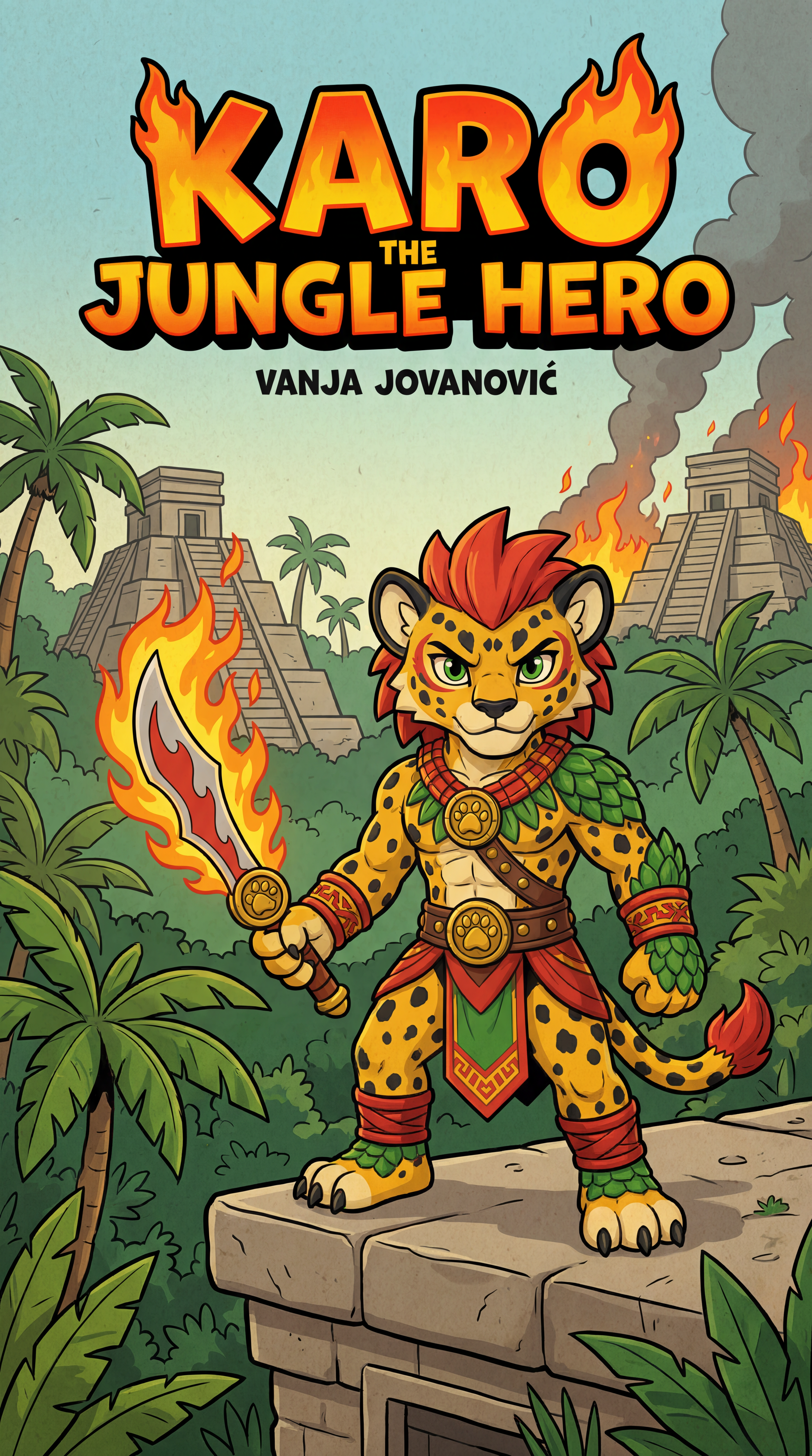 AI Design for book cover not to realisitc named karo the jungle hero name of author Vanja Jovanović and in the same cartoony art stzle like a dogman book or mario promo art art style with a jungle backdrop temples palm trees fire and karo is holding the fire sabre on the image