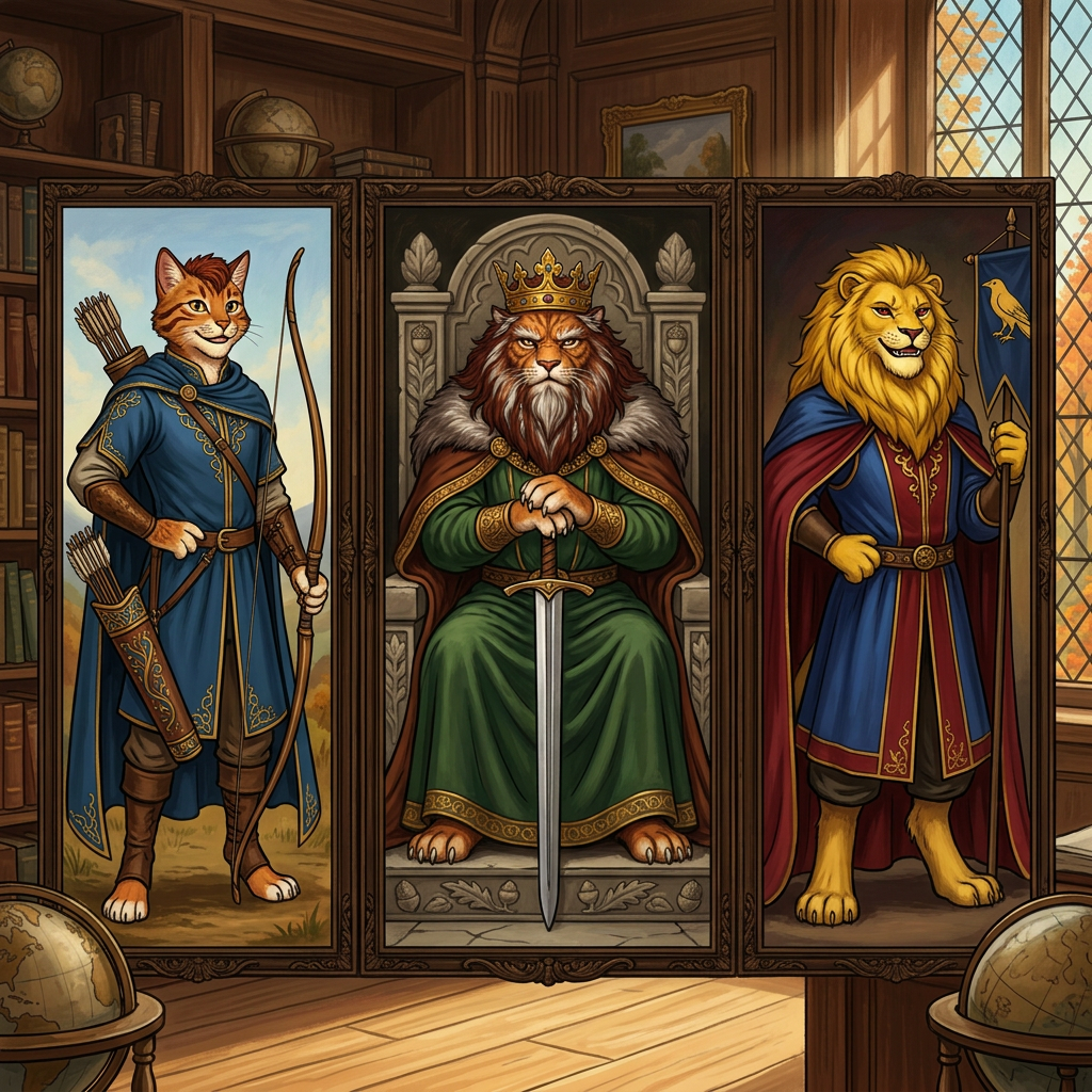 AI Design for in same art syle Perfect. You're starting to build the **portrait gallery** that Jasper would see in the Embermane library.
---
# 🏹 Rowan Embermane
### The Legendary Archer
If Sir Embermane the Great is the founder and Walphazar is the powerful ruler, then **Rowan is the hero children dream about becoming.**
He's the ancestor Jasper becomes obsessed with.
The one whose stories he reads over and over.
---
## Appearance
Like the other Embermanes:
🐱 Orange tabby fur
🔥 Red-brown cheek stripes
🔥 Red-brown ear tips
🔥 Red-brown mane-like hair
The family resemblance should be obvious.
When Jasper looks at the portrait, readers should immediately notice:
> "He looks like Jasper."
---
## Build
Not enormous.
Not a kingly giant.
More athletic.
Lean.
Fast.
Built for traveling and archery.
The sort of cat who spends more time on roads and forest paths than in castles.
---
## Clothing
His iconic colors:
🔵 Deep blue
🟡 Gold
A beautiful archer outfit.
Blue tunic.
Gold trim.
Blue cloak.
Leather archery gear.
Gold embroidery around the edges.
Elegant but practical.
---
## Equipment
🏹 Longbow
His most important item.
The bow should be instantly recognizable.
Not oversized.
Not magical-looking.
Just a beautifully crafted bow used by a legendary archer.
A quiver rests at his side.
---
## Expression
A warm smile.
Confident.
Friendly.
The kind of hero people genuinely liked.
Not intimidating.
Not overly serious.
---
## Pose
One hand resting on his bow.
The other on his belt.
Standing proudly.
Looking slightly toward the horizon.
Almost like he's already thinking about his next adventure.
---
## Reader Impression
When Jasper first sees the portrait:
> "That's him."
Not a king.
Not a ruler.
An adventurer.
A hero.
Exactly the kind of cat Jasper wants to become.
---
# 👑 Corvin Corvinhouse
### Founder of House Corvinhouse
The ancestor from whom the Corvinhouse family takes its name.
The equivalent of Sir Embermane for the Corvinhouses.
---
## Appearance
🐱 Golden-yellow fur
👁️ Dark red eyes
A large golden mane.
Strong jaw.
Confident smile.
---
## Clothing
🔵 Royal blue
🔴 Deep red
These become the traditional Corvinhouse colors.
His clothing should immediately establish the visual identity of the entire family.
Large cape.
Decorative tunic.
Royal appearance.
---
## Build
Tall.
Broad.
Powerful.
Not quite as huge as Sir Embermane the Great.
But still impressive.
---
## Expression
A mischievous grin.
The classic Corvinhouse smile.
Almost like:
> "I know something you don't."
A trait that later appears in Tristan.
---
## Pose
One hand on his hip.
The other holding a royal banner.
Relaxed confidence.
Unlike the stoic Embermanes.
---
# 👑 Old Walphazar Embermane
### The Veteran King
This portrait would be from later in his life.
Not young Walphazar.
The older version.
The king near the end of his reign.
---
## Appearance
Still massive.
Still intimidating.
But older.
His mane has become:
🔥 Dark red-brown
⚪ Streaks of silver
His beard is longer now.
Showing age and wisdom.
---
## Clothing
🟢 Deep green royal robes
🔴 Red-brown cape
🟡 Heavy gold details
The richest Embermane clothing seen so far.
---
## Crown
Larger than the one he wore when younger.
Still elegant.
Still Embermane.
But clearly the crown of a ruler who has worn it for decades.
---
## Expression
This is the important part.
Not anger.
Not arrogance.
Experience.
The expression of someone who has:
* Won victories
* Made mistakes
* Lost friends
* Ruled a kingdom
A ruler carrying the weight of history.
---
## Pose
Seated upon a throne.
Both paws resting on the pommel of a sword.
The sword standing upright before him.
Very similar to Sir Embermane the Great.
Showing that even after all those years, Walphazar still wanted to live up to the founder's legacy.
---
Together, these three portraits would look fantastic in the Embermane library:
🏹 **Rowan Embermane** — the hero.
👑 **Corvin Corvinhouse** — the founder of a rival dynasty.
🔥 **Old Walphazar Embermane** — the king who shaped an era.
Each immediately recognizable from their silhouette, colors, and pose. 📖🏹👑🔥🐱 THEY ARE ALL CATS NOT LIONSSSSSSSSSSSSSSSSSSSSSSS