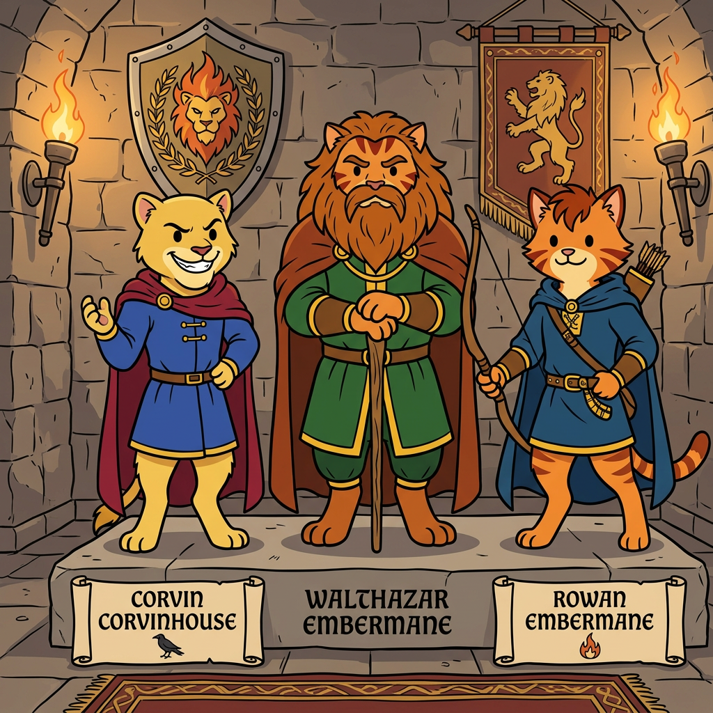 AI Design for the yellow cat does not have a maine and sir embermane the great sould not be in this photo put the charachters in a middle age room with walthazar in the middle and the boys like their sons and yellow cat has dot eyes like everyone else and has an evil grin