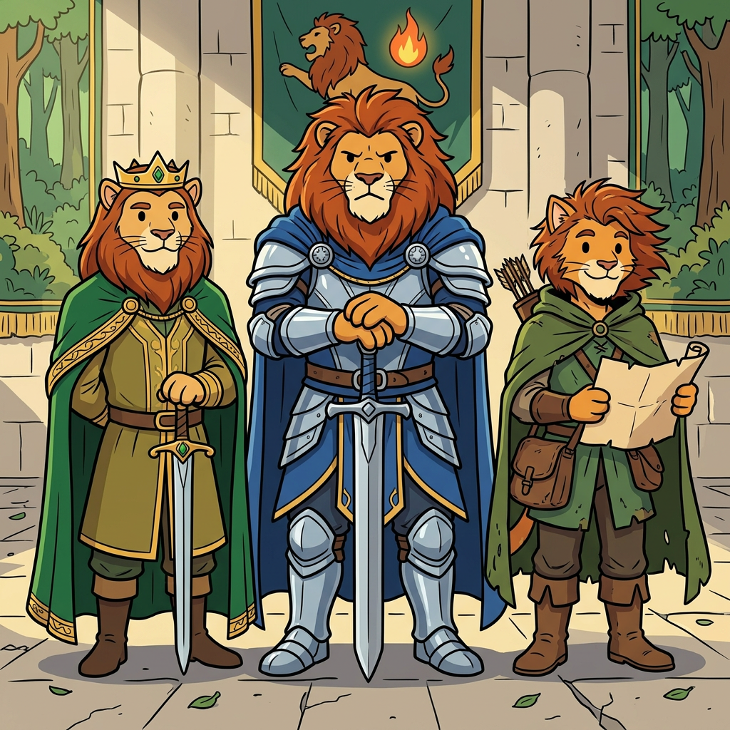 AI Design for Assuming we're talking about the **Three Brothers** who shaped the future of House Embermane—**Jonathan, Henry, and Walphazar Embermane**—I'd make them look like they clearly belong to the same family as Sir Embermane the Great, but each represents a different path.
All in the same style:
* Bold line art
* Dot eyes
* Minimal shading
* Simple coloring
* Storybook proportions
* Family resemblance visible immediately
---
# 👑 Jonathan Embermane
### The Noble Brother
Jonathan is the eldest.
When people see him, they immediately think:
> "That looks like a king."
### Appearance
* Orange tabby fur
* Red-brown cheek stripes
* Broad shoulders
* Tall but not as massive as Sir Embermane
### Hair
* Neatly groomed red-brown mane
* Shoulder length
* Well-maintained
### Clothing
🟢 Deep green royal cloak
🟡 Gold trim
👑 Simple crown
His clothes are elegant without being flashy.
### Expression
Calm.
Responsible.
The type of cat who thinks before speaking.
### Pose
Standing upright.
One paw resting on the hilt of a ceremonial sword.
The other behind his back.
Very formal.
Very regal.
---
# 🦅 Henry Embermane
### The Adventurer
Henry is the explorer.
The wanderer.
The brother who was always looking beyond the horizon.
### Appearance
* Slightly leaner build
* Athletic
* Tall
### Hair
* Messier mane
* Wind-swept look
* Slightly shorter than Jonathan's
### Clothing
🌲 Green travel cloak
🟤 Brown boots
🏹 Archer gear
🗺 Travel satchel
He looks ready to leave for an adventure at any moment.
### Expression
Friendly smile.
Curious eyes.
Always looks like he's thinking:
> "I wonder what's over that hill."
### Pose
Holding a rolled map.
One foot slightly forward.
As if he might start walking at any moment.
---
# 🔥 Walphazar Embermane
### The Ambitious Brother
Walphazar is the most intimidating.
Not evil.
But intense.
The brother who wanted more.
### Appearance
* Largest of the three brothers
* Broad chest
* Strong jaw
Almost approaching Sir Embermane's size.
### Hair
Huge ember-colored mane.
Much larger than his brothers'.
A symbol of pride and power.
### Clothing
blue silver
His clothing is more elaborate than Jonathan's.
He wants people to notice him.
### Expression
Serious.
Determined.
Confident.
The type of cat who enters a room and immediately takes control.
### Pose
Standing with both hands resting on a large sword.
Similar to Sir Embermane.
Showing that he admired the founder greatly.
### Impression
Readers should immediately think:
> "This is the brother who changed everything."
---
# 🖼️ The Three Brothers Portrait
The coolest image might actually be all three together.
Jonathan on the left.
Henry on the right.
Walphazar in the center.
All wearing different variations of Embermane colors:
🔴 Red-brown
🟡 Gold
Behind them hangs the Embermane banner.
Beneath them:
**The Three Brothers of Embermane**
The image should feel important because these three are the reason the family history became so complicated in the first place. Their choices shaped everything that happens generations later—including Jasper's story. 📖👑🔥🏹🐱 jasper is the cat in the prompt bar but dont include him just replicate the art syle