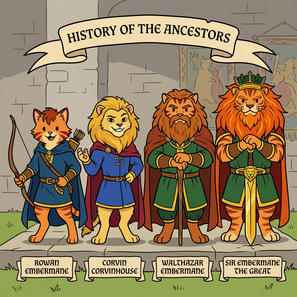 AI Design for Each immediately recognizable from their silhouette, colors, and pose. 📖🏹👑🔥🐱 THEY ARE ALL CATS NOT LIONSSSSSSSSSSSSSSSSSSSSSSS
Got it—**Walthazar**, not Walphazar. And you don't want portrait descriptions right now, you want the **character designs themselves** as they would appear in the storybook art style.
## 🏹 Rowan Embermane
Rowan is the Embermane that Jasper idolizes.
He's not dressed like a king.
He's dressed like a hero.
### Appearance
* Orange tabby fur.
* Red-brown cheek stripes.
* Red-brown ear tips.
* Red-brown mane-like hair, longer than Jasper's.
* Athletic build.
### Clothing
🔵 Deep blue archer's tunic.
🟡 Gold trim around the sleeves and collar.
🔵 Blue cloak.
🟡 Gold accents on his belt and quiver.
Leather boots and bracers.
### Personality in Design
Everything about him should say:
> "Explorer."
Not ruler.
Not noble.
Not warrior.
Explorer.
The kind of cat who has seen half the world and wants to see the other half.
---
## 👑 Corvin Corvinhouse
The founder of House Corvinhouse.
### Appearance
* Light golden-yellow fur.
* Large golden mane.
* Dark red eyes.
* Confident grin.
Unlike the Embermanes, whose designs feel warm and heroic, Corvin should feel charismatic.
### Clothing
🔵 Royal blue tunic.
🔴 Deep red cloak.
🟡 Gold details.
His clothing establishes the Corvinhouse color scheme used later by Tristan and the rest of the family.
### Personality in Design
When somebody sees him, they should think:
> "That guy definitely enjoys being important."
He's charming.
Confident.
A little smug.
And he knows it.
---
## 👑 Walthazar Embermane
One of the most important Embermanes in history.
### Appearance
* Orange tabby fur.
* Red-brown markings.
* Massive mane.
* Thick beard.
* Broad shoulders.
More physically imposing than Rowan.
Less imposing than Sir Embermane the Great.
### Clothing
🟢 Deep green royal garments.
🔴 Red-brown cape.
🟡 Gold trim.
A perfect blend of royal and Embermane colors.
### Personality in Design
Walthazar should look like somebody who carries responsibility.
Not the adventurous optimism of Rowan.
Not the overwhelming legendary presence of Sir Embermane.
Instead:
> A ruler.
A cat who spends his days making decisions that affect thousands of people.
Strong.
Wise.
A little stern.
But not cruel.
---
One thing I really like is that each major ancestor has a completely different silhouette:
🏹 **Rowan** = cloak, bow, traveler.
👑 **Corvin** = royal cape, grin, nobleman.
🔥 **Walthazar** = mane, beard, ruler.
👑 **Sir Embermane the Great** = giant king with sword.
That way, even in your simple bold-line storybook style with dot eyes, readers can instantly tell who's who. 📖🐱🏹👑🔥
