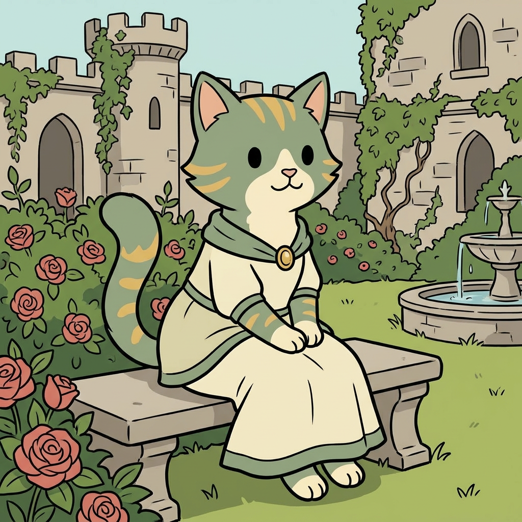AI Design for cat in the promptbar is not a lion nor tiger just an inpiration for cats colours the cat description is the promptbar cats distant predcessors so use him as inspo .
same art syle speceies different height pose gender 🌿 Hazel Embermane
Colors:
Sage green
Cream
Soft gold
Reason:
Gentle and wise. in castle garden dot eyes minimal shading simple colours