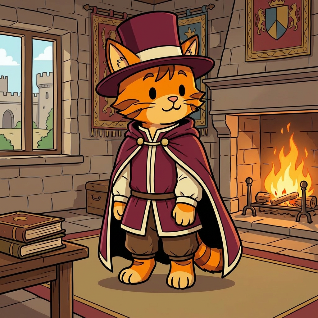 AI Design for cat in the promptbar is not a lion nor tiger just an inpiration for cats colours the cat description is the promptbar cats distant predcessors so use him as inspo .
🐱 Cedric Embermane
Colors:
clothes middle ages
Burgundy
Cream
Reason:
Warm, dependable, family-oriented. old wears a top hat dot eyes same style different clothes and is in a castle room