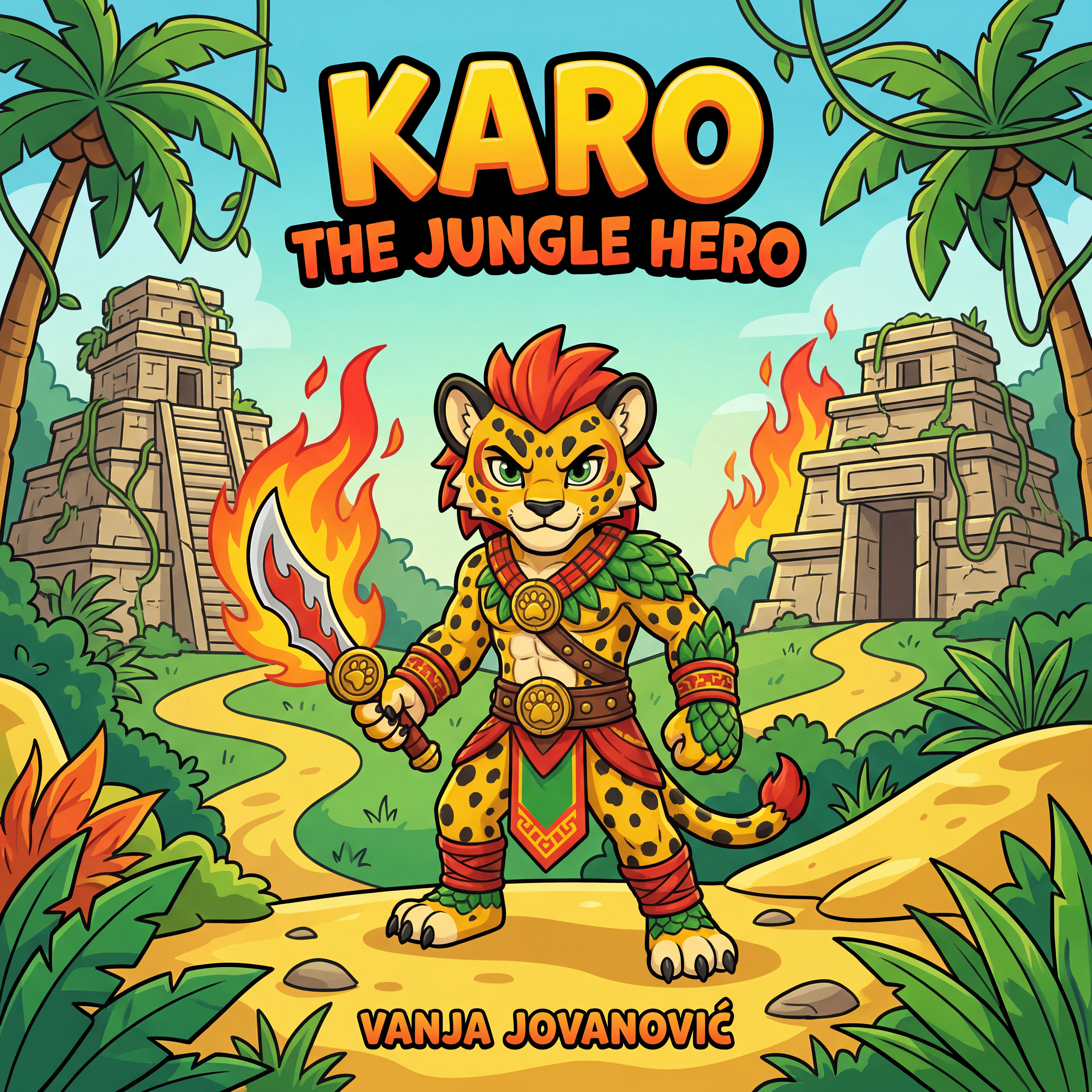 AI Design for book cover not to realisitc named karo the jungle hero name of author Vanja Jovanović and in the same cartoony art stzle like a dogman book or mario promo art art style with a jungle backdrop temples palm trees fire and karo is holding the fire sabre on the image also yellow bits like sand cool