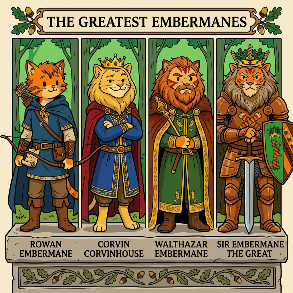 AI Design for Each immediately recognizable from their silhouette, colors, and pose. 📖🏹👑🔥🐱 THEY ARE ALL CATS NOT LIONSSSSSSSSSSSSSSSSSSSSSSS
Got it—**Walthazar**, not Walphazar. And you don't want portrait descriptions right now, you want the **character designs themselves** as they would appear in the storybook art style.
## 🏹 Rowan Embermane
Rowan is the Embermane that Jasper idolizes.
He's not dressed like a king.
He's dressed like a hero.
### Appearance
* Orange tabby fur.
* Red-brown cheek stripes.
* Red-brown ear tips.
* Red-brown mane-like hair, longer than Jasper's.
* Athletic build.
### Clothing
🔵 Deep blue archer's tunic.
🟡 Gold trim around the sleeves and collar.
🔵 Blue cloak.
🟡 Gold accents on his belt and quiver.
Leather boots and bracers.
### Personality in Design
Everything about him should say:
> "Explorer."
Not ruler.
Not noble.
Not warrior.
Explorer.
The kind of cat who has seen half the world and wants to see the other half.
---
## 👑 Corvin Corvinhouse
The founder of House Corvinhouse.
### Appearance
* Light golden-yellow fur.
* Large golden mane.
* Dark red eyes.
* Confident grin.
Unlike the Embermanes, whose designs feel warm and heroic, Corvin should feel charismatic.
### Clothing
🔵 Royal blue tunic.
🔴 Deep red cloak.
🟡 Gold details.
His clothing establishes the Corvinhouse color scheme used later by Tristan and the rest of the family.
### Personality in Design
When somebody sees him, they should think:
> "That guy definitely enjoys being important."
He's charming.
Confident.
A little smug.
And he knows it.
---
## 👑 Walthazar Embermane
One of the most important Embermanes in history.
### Appearance
* Orange tabby fur.
* Red-brown markings.
* Massive mane.
* Thick beard.
* Broad shoulders.
More physically imposing than Rowan.
Less imposing than Sir Embermane the Great.
### Clothing
🟢 Deep green royal garments.
🔴 Red-brown cape.
🟡 Gold trim.
A perfect blend of royal and Embermane colors.
### Personality in Design
Walthazar should look like somebody who carries responsibility.
Not the adventurous optimism of Rowan.
Not the overwhelming legendary presence of Sir Embermane.
Instead:
> A ruler.
A cat who spends his days making decisions that affect thousands of people.
Strong.
Wise.
A little stern.
But not cruel.
---
One thing I really like is that each major ancestor has a completely different silhouette:
🏹 **Rowan** = cloak, bow, traveler.
👑 **Corvin** = royal cape, grin, nobleman.
🔥 **Walthazar** = mane, beard, ruler.
👑 **Sir Embermane the Great** = giant king with sword.
That way, even in your simple bold-line storybook style with dot eyes, readers can instantly tell who's who. 📖🐱🏹👑🔥