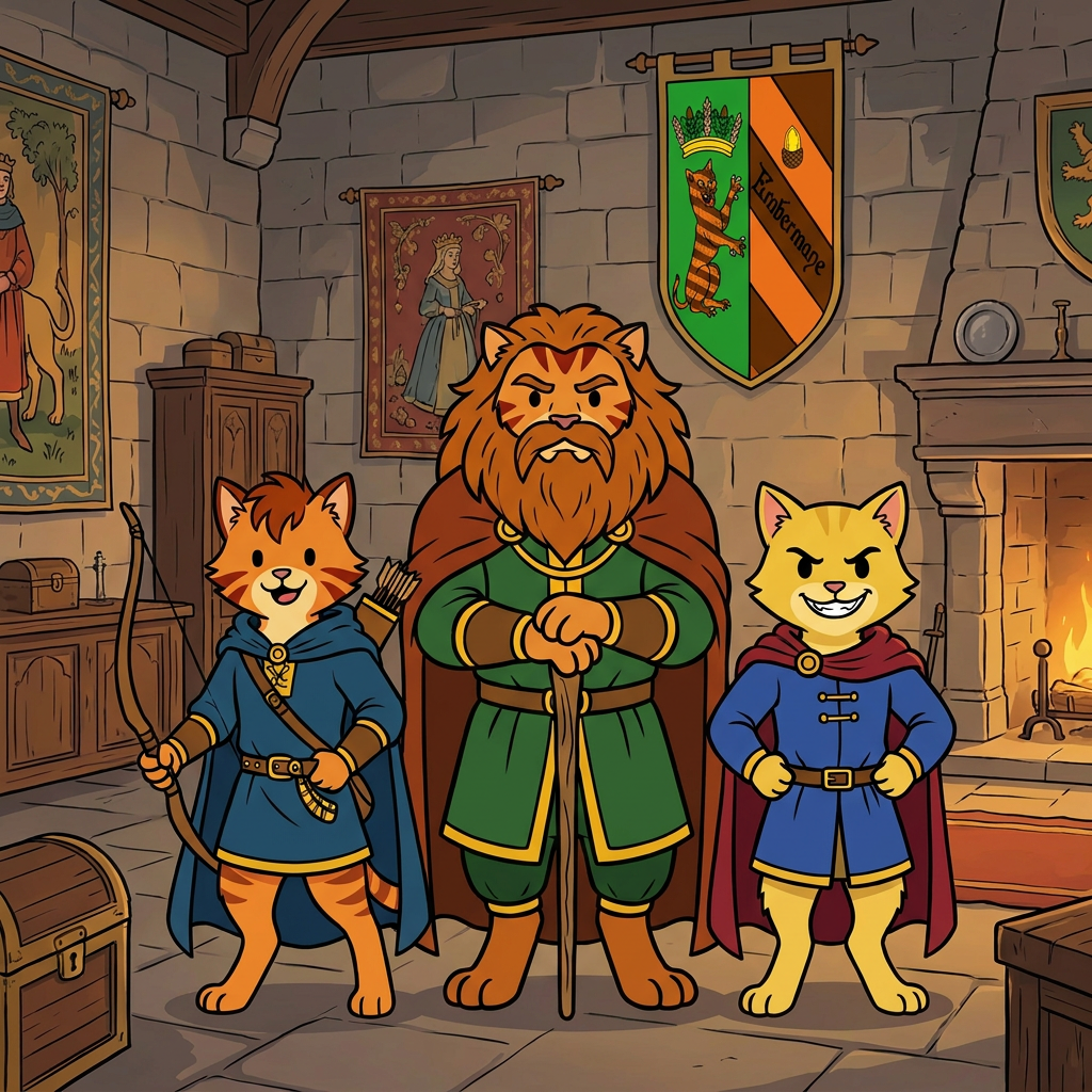 AI Design for the yellow cat does not have a maine and sir embermane the great sould not be in this photo put the charachters in a middle age room with walthazar in the middle and the boys like their sons and yellow cat has dot eyes like everyone else and has an evil grin no text the yellow cat IS NOT A LION and this should be a family photo with them only and this is their coat of arms in background this coat of arms