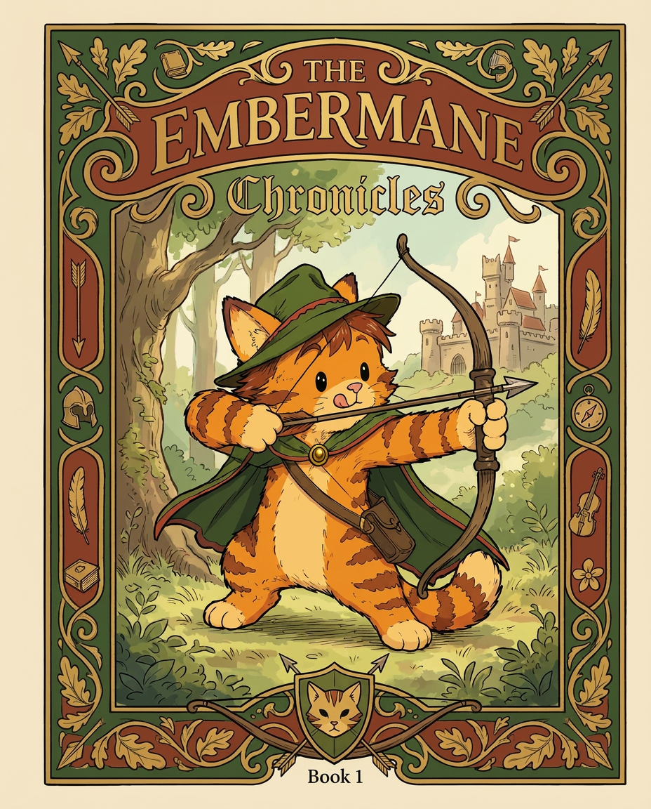 AI Design for Absolutely. Here's how I'd describe the entire cover as if it were written in a design document for an illustrator.
---
# 📖 THE EMBERMANE CHRONICLES
### Book 1 Cover Design Specification
## Overall Format
* Book size: **21 cm × 13.5 cm**
* Classic fantasy novel proportions.
* Matte finish.
* Storybook-inspired cover.
* Not realistic.
* Not modern.
* Warm, timeless, and iconic.
The cover should feel like something discovered in an old library, passed down through generations.
---
# Color Palette
### Primary Colors
🌲 Deep forest green
🔥 Warm red-brown
✨ Soft gold
📜 Cream
These colors should contrast strongly.
The green and red-brown should never blend together.
Instead:
* Green frames red-brown.
* Red-brown frames green.
* Gold highlights details.
The result should feel rich and elegant.
---
# Cover Layout
The cover is divided into two major sections:
## Outer Cover Frame
A thick decorative border surrounding the artwork.
This border is one of the defining visual features of the series.
When readers see this frame, they should instantly recognize:
> "That's an Embermane Chronicles book."
---
## Center Illustration Window
Inside the border sits a framed illustration.
Like a painting inside an old book cover.
The illustration occupies roughly:
60–70% of the front cover.
---
# The Border
### Main Border Color
Deep forest green.
### Border Decorations
The border contains elegant line art and embossing.
Features include:
🌿 Oak leaves
🌿 Vines
🏹 Arrows
🪶 Feathers
📜 Scrollwork
🌰 Acorns
The decorations should look inspired by medieval manuscripts.
Not overly complex.
Not cluttered.
Beautiful and readable.
---
# Hidden Symbols
The border contains tiny references to important characters.
Readers may not notice them immediately.
Examples:
📚 Milo's book
🛡 Rufus' tiny knight helmet
🗺 Shadow's compass
🎻 Ashen's fiddle
🌼 Pippa's flower
These should feel like little secrets.
---
# Title Placement
The title is integrated into the border.
Not floating over the artwork.
### Top Border
Small text:
**THE**
Below it:
# EMBERMANE
Large.
Very large.
The largest text on the cover.
The first thing people notice.
---
### Bottom Border
Smaller text:
**Chronicles**
Elegant.
Decorative.
Part of the frame itself.
---
# The Embermane Crest
Located at the bottom center.
Built into the border.
Not too large.
Not too small.
A symbol readers learn to recognize.
Possible design:
🐱 Stylized cat head
🔥 Red-brown mane
🌲 Green shield background
🏹 Small crossed bow behind it
Simple and iconic.
---
# Central Illustration
The illustration is framed by the border.
---
## Jasper Embermane
Standing slightly off-center.
The focus of the entire cover.
Features:
🐱 Orange tabby cat
🐱 Red-brown mane
🐱 Red-brown cheek stripes
🐱 Red-brown arm and leg markings
🐱 Red-brown ear tips
---
### Clothing
🌲 Green cloak
🌲 Green archer hat
🪶 Red feather
🔴 Thin red trim around the cloak edges
---
### Pose
Jasper is aiming his bow.
Not fighting.
Not dramatic.
Not angry.
Instead:
He is concentrating extremely hard.
One eye slightly squinted.
Tongue sticking out a little.
Like a kid trying his absolute best.
This detail makes him feel charming and relatable.
---
# Background
Soft storybook scenery.
Not detailed enough to distract.
Possible elements:
🌲 Forest
⛰ Distant mountains
🏰 Tiny glimpse of Embermane Hall
☁ Soft sky
The background exists only to support Jasper.
Jasper remains the star.
---
# Art Style
### Linework
* Clean outlines
* Storybook quality
* Slightly hand-drawn
### Coloring
* Flat colors
* Soft gradients
* Minimal shading
### Overall Feel
Somewhere between:
📖 Redwall
📖 Classic fantasy novels
📖 Illustrated children's adventure books
The goal is:
> A timeless fantasy storybook.
Not a movie poster.
Not a comic cover.
Not realism.
---
# Reader Impression
When someone sees the book for the first time, they should think:
> "Who is Embermane?"
Then:
> "Who is that cat?"
Then:
> "I want to know what's inside."
The cover should promise:
🌲 Adventure
🏹 Heroism
📜 Ancient history
🐱 Friendship
🍲 Warmth
✨ Wonder
And most importantly:
> The beginning of a very long chronicle.
That's how I imagine **The Embermane Chronicles** sitting on a bookshelf, looking like the first volume of a beloved fantasy saga. 🐱🏹📖🌲🔥 and make it so i can actually use it as a cover full screen and not sketch art syle do the ones u did just better and thicker bold lines make the cover fit the whole image and make the cat hero to have thicker black outlines and the cover too by vanja jovanović