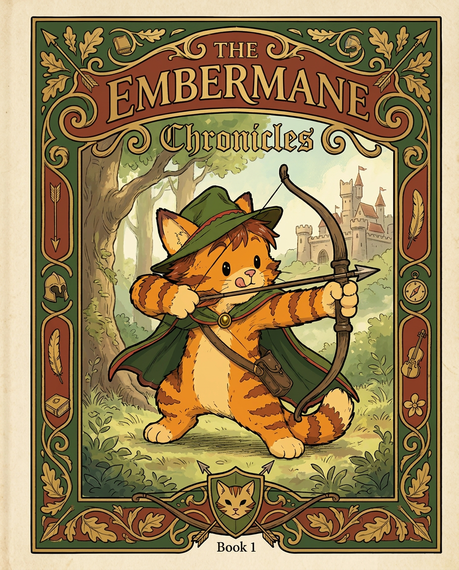 AI Design for Absolutely. Here's how I'd describe the entire cover as if it were written in a design document for an illustrator.
---
# 📖 THE EMBERMANE CHRONICLES
### Book 1 Cover Design Specification
## Overall Format
* Book size: **21 cm × 13.5 cm**
* Classic fantasy novel proportions.
* Matte finish.
* Storybook-inspired cover.
* Not realistic.
* Not modern.
* Warm, timeless, and iconic.
The cover should feel like something discovered in an old library, passed down through generations.
---
# Color Palette
### Primary Colors
🌲 Deep forest green
🔥 Warm red-brown
✨ Soft gold
📜 Cream
These colors should contrast strongly.
The green and red-brown should never blend together.
Instead:
* Green frames red-brown.
* Red-brown frames green.
* Gold highlights details.
The result should feel rich and elegant.
---
# Cover Layout
The cover is divided into two major sections:
## Outer Cover Frame
A thick decorative border surrounding the artwork.
This border is one of the defining visual features of the series.
When readers see this frame, they should instantly recognize:
> "That's an Embermane Chronicles book."
---
## Center Illustration Window
Inside the border sits a framed illustration.
Like a painting inside an old book cover.
The illustration occupies roughly:
60–70% of the front cover.
---
# The Border
### Main Border Color
Deep forest green.
### Border Decorations
The border contains elegant line art and embossing.
Features include:
🌿 Oak leaves
🌿 Vines
🏹 Arrows
🪶 Feathers
📜 Scrollwork
🌰 Acorns
The decorations should look inspired by medieval manuscripts.
Not overly complex.
Not cluttered.
Beautiful and readable.
---
# Hidden Symbols
The border contains tiny references to important characters.
Readers may not notice them immediately.
Examples:
📚 Milo's book
🛡 Rufus' tiny knight helmet
🗺 Shadow's compass
🎻 Ashen's fiddle
🌼 Pippa's flower
These should feel like little secrets.
---
# Title Placement
The title is integrated into the border.
Not floating over the artwork.
### Top Border
Small text:
**THE**
Below it:
# EMBERMANE
Large.
Very large.
The largest text on the cover.
The first thing people notice.
---
### Bottom Border
Smaller text:
**Chronicles**
Elegant.
Decorative.
Part of the frame itself.
---
# The Embermane Crest
Located at the bottom center.
Built into the border.
Not too large.
Not too small.
A symbol readers learn to recognize.
Possible design:
🐱 Stylized cat head
🔥 Red-brown mane
🌲 Green shield background
🏹 Small crossed bow behind it
Simple and iconic.
---
# Central Illustration
The illustration is framed by the border.
---
## Jasper Embermane
Standing slightly off-center.
The focus of the entire cover.
Features:
🐱 Orange tabby cat
🐱 Red-brown mane
🐱 Red-brown cheek stripes
🐱 Red-brown arm and leg markings
🐱 Red-brown ear tips
---
### Clothing
🌲 Green cloak
🌲 Green archer hat
🪶 Red feather
🔴 Thin red trim around the cloak edges
---
### Pose
Jasper is aiming his bow.
Not fighting.
Not dramatic.
Not angry.
Instead:
He is concentrating extremely hard.
One eye slightly squinted.
Tongue sticking out a little.
Like a kid trying his absolute best.
This detail makes him feel charming and relatable.
---
# Background
Soft storybook scenery.
Not detailed enough to distract.
Possible elements:
🌲 Forest
⛰ Distant mountains
🏰 Tiny glimpse of Embermane Hall
☁ Soft sky
The background exists only to support Jasper.
Jasper remains the star.
---
# Art Style
### Linework
* Clean outlines
* Storybook quality
* Slightly hand-drawn
### Coloring
* Flat colors
* Soft gradients
* Minimal shading
### Overall Feel
Somewhere between:
📖 Redwall
📖 Classic fantasy novels
📖 Illustrated children's adventure books
The goal is:
> A timeless fantasy storybook.
Not a movie poster.
Not a comic cover.
Not realism.
---
# Reader Impression
When someone sees the book for the first time, they should think:
> "Who is Embermane?"
Then:
> "Who is that cat?"
Then:
> "I want to know what's inside."
The cover should promise:
🌲 Adventure
🏹 Heroism
📜 Ancient history
🐱 Friendship
🍲 Warmth
✨ Wonder
And most importantly:
> The beginning of a very long chronicle.
That's how I imagine **The Embermane Chronicles** sitting on a bookshelf, looking like the first volume of a beloved fantasy saga. 🐱🏹📖🌲🔥 and make it so i can actually use it as a cover full screen and not sketch art syle do the ones u did just better and thicker bold lines make the cover fit the whole image and make the cat hero to have thicker black outlines and the cover too