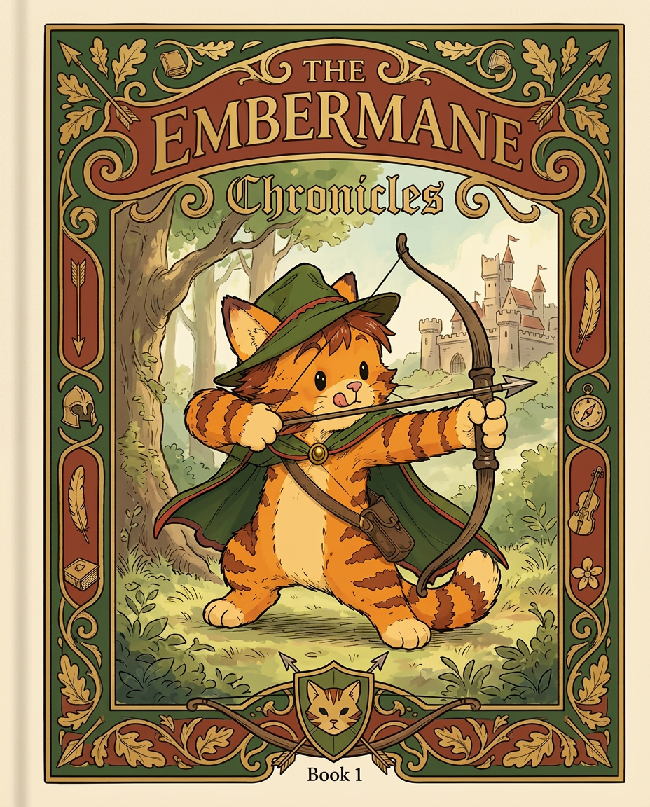 AI Design for Absolutely. Here's how I'd describe the entire cover as if it were written in a design document for an illustrator.
---
# 📖 THE EMBERMANE CHRONICLES
### Book 1 Cover Design Specification
## Overall Format
* Book size: **21 cm × 13.5 cm**
* Classic fantasy novel proportions.
* Matte finish.
* Storybook-inspired cover.
* Not realistic.
* Not modern.
* Warm, timeless, and iconic.
The cover should feel like something discovered in an old library, passed down through generations.
---
# Color Palette
### Primary Colors
🌲 Deep forest green
🔥 Warm red-brown
✨ Soft gold
📜 Cream
These colors should contrast strongly.
The green and red-brown should never blend together.
Instead:
* Green frames red-brown.
* Red-brown frames green.
* Gold highlights details.
The result should feel rich and elegant.
---
# Cover Layout
The cover is divided into two major sections:
## Outer Cover Frame
A thick decorative border surrounding the artwork.
This border is one of the defining visual features of the series.
When readers see this frame, they should instantly recognize:
> "That's an Embermane Chronicles book."
---
## Center Illustration Window
Inside the border sits a framed illustration.
Like a painting inside an old book cover.
The illustration occupies roughly:
60–70% of the front cover.
---
# The Border
### Main Border Color
Deep forest green.
### Border Decorations
The border contains elegant line art and embossing.
Features include:
🌿 Oak leaves
🌿 Vines
🏹 Arrows
🪶 Feathers
📜 Scrollwork
🌰 Acorns
The decorations should look inspired by medieval manuscripts.
Not overly complex.
Not cluttered.
Beautiful and readable.
---
# Hidden Symbols
The border contains tiny references to important characters.
Readers may not notice them immediately.
Examples:
📚 Milo's book
🛡 Rufus' tiny knight helmet
🗺 Shadow's compass
🎻 Ashen's fiddle
🌼 Pippa's flower
These should feel like little secrets.
---
# Title Placement
The title is integrated into the border.
Not floating over the artwork.
### Top Border
Small text:
**THE**
Below it:
# EMBERMANE
Large.
Very large.
The largest text on the cover.
The first thing people notice.
---
### Bottom Border
Smaller text:
**Chronicles**
Elegant.
Decorative.
Part of the frame itself.
---
# The Embermane Crest
Located at the bottom center.
Built into the border.
Not too large.
Not too small.
A symbol readers learn to recognize.
Possible design:
🐱 Stylized cat head
🔥 Red-brown mane
🌲 Green shield background
🏹 Small crossed bow behind it
Simple and iconic.
---
# Central Illustration
The illustration is framed by the border.
---
## Jasper Embermane
Standing slightly off-center.
The focus of the entire cover.
Features:
🐱 Orange tabby cat
🐱 Red-brown mane
🐱 Red-brown cheek stripes
🐱 Red-brown arm and leg markings
🐱 Red-brown ear tips
---
### Clothing
🌲 Green cloak
🌲 Green archer hat
🪶 Red feather
🔴 Thin red trim around the cloak edges
---
### Pose
Jasper is aiming his bow.
Not fighting.
Not dramatic.
Not angry.
Instead:
He is concentrating extremely hard.
One eye slightly squinted.
Tongue sticking out a little.
Like a kid trying his absolute best.
This detail makes him feel charming and relatable.
---
# Background
Soft storybook scenery.
Not detailed enough to distract.
Possible elements:
🌲 Forest
⛰ Distant mountains
🏰 Tiny glimpse of Embermane Hall
☁ Soft sky
The background exists only to support Jasper.
Jasper remains the star.
---
# Art Style
### Linework
* Clean outlines
* Storybook quality
* Slightly hand-drawn
### Coloring
* Flat colors
* Soft gradients
* Minimal shading
### Overall Feel
Somewhere between:
📖 Redwall
📖 Classic fantasy novels
📖 Illustrated children's adventure books
The goal is:
> A timeless fantasy storybook.
Not a movie poster.
Not a comic cover.
Not realism.
---
# Reader Impression
When someone sees the book for the first time, they should think:
> "Who is Embermane?"
Then:
> "Who is that cat?"
Then:
> "I want to know what's inside."
The cover should promise:
🌲 Adventure
🏹 Heroism
📜 Ancient history
🐱 Friendship
🍲 Warmth
✨ Wonder
And most importantly:
> The beginning of a very long chronicle.
That's how I imagine **The Embermane Chronicles** sitting on a bookshelf, looking like the first volume of a beloved fantasy saga. 🐱🏹📖🌲🔥 and make it so i can actually use it as a cover full screen and not sketch art syle do the ones u did just better and thicker bold lines