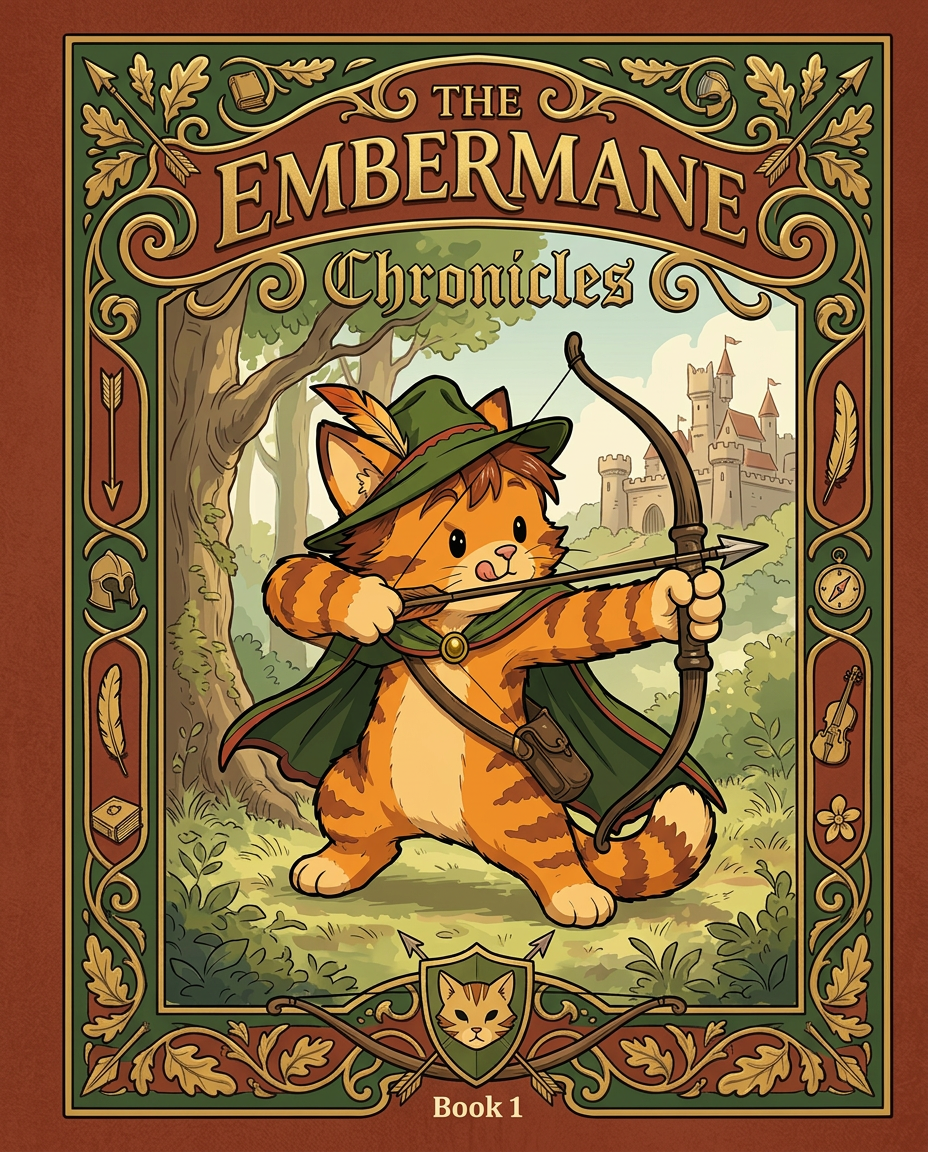 AI Design for Absolutely. Here's how I'd describe the entire cover as if it were written in a design document for an illustrator.
---
# 📖 THE EMBERMANE CHRONICLES
### Book 1 Cover Design Specification
## Overall Format
* Book size: **21 cm × 13.5 cm**
* Classic fantasy novel proportions.
* Matte finish.
* Storybook-inspired cover.
* Not realistic.
* Not modern.
* Warm, timeless, and iconic.
The cover should feel like something discovered in an old library, passed down through generations.
---
# Color Palette
### Primary Colors
🌲 Deep forest green
🔥 Warm red-brown
✨ Soft gold
📜 Cream
These colors should contrast strongly.
The green and red-brown should never blend together.
Instead:
* Green frames red-brown.
* Red-brown frames green.
* Gold highlights details.
The result should feel rich and elegant.
---
# Cover Layout
The cover is divided into two major sections:
## Outer Cover Frame
A thick decorative border surrounding the artwork.
This border is one of the defining visual features of the series.
When readers see this frame, they should instantly recognize:
> "That's an Embermane Chronicles book."
---
## Center Illustration Window
Inside the border sits a framed illustration.
Like a painting inside an old book cover.
The illustration occupies roughly:
60–70% of the front cover.
---
# The Border
### Main Border Color
Deep forest green.
### Border Decorations
The border contains elegant line art and embossing.
Features include:
🌿 Oak leaves
🌿 Vines
🏹 Arrows
🪶 Feathers
📜 Scrollwork
🌰 Acorns
The decorations should look inspired by medieval manuscripts.
Not overly complex.
Not cluttered.
Beautiful and readable.
---
# Hidden Symbols
The border contains tiny references to important characters.
Readers may not notice them immediately.
Examples:
📚 Milo's book
🛡 Rufus' tiny knight helmet
🗺 Shadow's compass
🎻 Ashen's fiddle
🌼 Pippa's flower
These should feel like little secrets.
---
# Title Placement
The title is integrated into the border.
Not floating over the artwork.
### Top Border
Small text:
**THE**
Below it:
# EMBERMANE
Large.
Very large.
The largest text on the cover.
The first thing people notice.
---
### Bottom Border
Smaller text:
**Chronicles**
Elegant.
Decorative.
Part of the frame itself.
---
# The Embermane Crest
Located at the bottom center.
Built into the border.
Not too large.
Not too small.
A symbol readers learn to recognize.
Possible design:
🐱 Stylized cat head
🔥 Red-brown mane
🌲 Green shield background
🏹 Small crossed bow behind it
Simple and iconic.
---
# Central Illustration
The illustration is framed by the border.
---
## Jasper Embermane
Standing slightly off-center.
The focus of the entire cover.
Features:
🐱 Orange tabby cat
🐱 Red-brown mane
🐱 Red-brown cheek stripes
🐱 Red-brown arm and leg markings
🐱 Red-brown ear tips
---
### Clothing
🌲 Green cloak
🌲 Green archer hat
🪶 Red feather
🔴 Thin red trim around the cloak edges
---
### Pose
Jasper is aiming his bow.
Not fighting.
Not dramatic.
Not angry.
Instead:
He is concentrating extremely hard.
One eye slightly squinted.
Tongue sticking out a little.
Like a kid trying his absolute best.
This detail makes him feel charming and relatable.
---
# Background
Soft storybook scenery.
Not detailed enough to distract.
Possible elements:
🌲 Forest
⛰ Distant mountains
🏰 Tiny glimpse of Embermane Hall
☁ Soft sky
The background exists only to support Jasper.
Jasper remains the star.
---
# Art Style
### Linework
* Clean outlines
* Storybook quality
* Slightly hand-drawn
### Coloring
* Flat colors
* Soft gradients
* Minimal shading
### Overall Feel
Somewhere between:
📖 Redwall
📖 Classic fantasy novels
📖 Illustrated children's adventure books
The goal is:
> A timeless fantasy storybook.
Not a movie poster.
Not a comic cover.
Not realism.
---
# Reader Impression
When someone sees the book for the first time, they should think:
> "Who is Embermane?"
Then:
> "Who is that cat?"
Then:
> "I want to know what's inside."
The cover should promise:
🌲 Adventure
🏹 Heroism
📜 Ancient history
🐱 Friendship
🍲 Warmth
✨ Wonder
And most importantly:
> The beginning of a very long chronicle.
That's how I imagine **The Embermane Chronicles** sitting on a bookshelf, looking like the first volume of a beloved fantasy saga. 🐱🏹📖🌲🔥 and make it so i can actually use it as a cover full screen and not sketch art syle do the ones u did just better and thicker bold lines