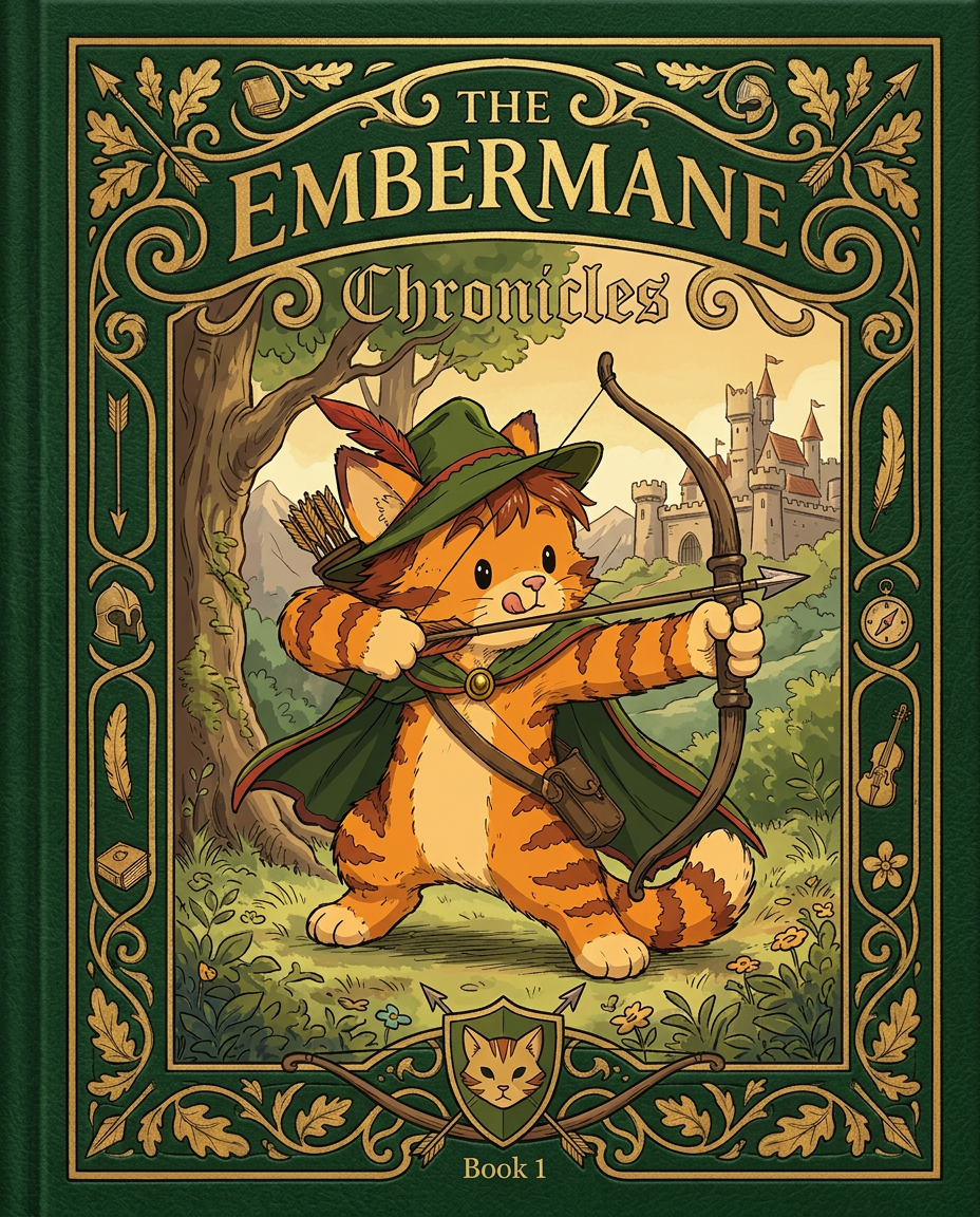 AI Design for Absolutely. Here's how I'd describe the entire cover as if it were written in a design document for an illustrator.
---
# 📖 THE EMBERMANE CHRONICLES
### Book 1 Cover Design Specification
## Overall Format
* Book size: **21 cm × 13.5 cm**
* Classic fantasy novel proportions.
* Matte finish.
* Storybook-inspired cover.
* Not realistic.
* Not modern.
* Warm, timeless, and iconic.
The cover should feel like something discovered in an old library, passed down through generations.
---
# Color Palette
### Primary Colors
🌲 Deep forest green
🔥 Warm red-brown
✨ Soft gold
📜 Cream
These colors should contrast strongly.
The green and red-brown should never blend together.
Instead:
* Green frames red-brown.
* Red-brown frames green.
* Gold highlights details.
The result should feel rich and elegant.
---
# Cover Layout
The cover is divided into two major sections:
## Outer Cover Frame
A thick decorative border surrounding the artwork.
This border is one of the defining visual features of the series.
When readers see this frame, they should instantly recognize:
> "That's an Embermane Chronicles book."
---
## Center Illustration Window
Inside the border sits a framed illustration.
Like a painting inside an old book cover.
The illustration occupies roughly:
60–70% of the front cover.
---
# The Border
### Main Border Color
Deep forest green.
### Border Decorations
The border contains elegant line art and embossing.
Features include:
🌿 Oak leaves
🌿 Vines
🏹 Arrows
🪶 Feathers
📜 Scrollwork
🌰 Acorns
The decorations should look inspired by medieval manuscripts.
Not overly complex.
Not cluttered.
Beautiful and readable.
---
# Hidden Symbols
The border contains tiny references to important characters.
Readers may not notice them immediately.
Examples:
📚 Milo's book
🛡 Rufus' tiny knight helmet
🗺 Shadow's compass
🎻 Ashen's fiddle
🌼 Pippa's flower
These should feel like little secrets.
---
# Title Placement
The title is integrated into the border.
Not floating over the artwork.
### Top Border
Small text:
**THE**
Below it:
# EMBERMANE
Large.
Very large.
The largest text on the cover.
The first thing people notice.
---
### Bottom Border
Smaller text:
**Chronicles**
Elegant.
Decorative.
Part of the frame itself.
---
# The Embermane Crest
Located at the bottom center.
Built into the border.
Not too large.
Not too small.
A symbol readers learn to recognize.
Possible design:
🐱 Stylized cat head
🔥 Red-brown mane
🌲 Green shield background
🏹 Small crossed bow behind it
Simple and iconic.
---
# Central Illustration
The illustration is framed by the border.
---
## Jasper Embermane
Standing slightly off-center.
The focus of the entire cover.
Features:
🐱 Orange tabby cat
🐱 Red-brown mane
🐱 Red-brown cheek stripes
🐱 Red-brown arm and leg markings
🐱 Red-brown ear tips
---
### Clothing
🌲 Green cloak
🌲 Green archer hat
🪶 Red feather
🔴 Thin red trim around the cloak edges
---
### Pose
Jasper is aiming his bow.
Not fighting.
Not dramatic.
Not angry.
Instead:
He is concentrating extremely hard.
One eye slightly squinted.
Tongue sticking out a little.
Like a kid trying his absolute best.
This detail makes him feel charming and relatable.
---
# Background
Soft storybook scenery.
Not detailed enough to distract.
Possible elements:
🌲 Forest
⛰ Distant mountains
🏰 Tiny glimpse of Embermane Hall
☁ Soft sky
The background exists only to support Jasper.
Jasper remains the star.
---
# Art Style
### Linework
* Clean outlines
* Storybook quality
* Slightly hand-drawn
### Coloring
* Flat colors
* Soft gradients
* Minimal shading
### Overall Feel
Somewhere between:
📖 Redwall
📖 Classic fantasy novels
📖 Illustrated children's adventure books
The goal is:
> A timeless fantasy storybook.
Not a movie poster.
Not a comic cover.
Not realism.
---
# Reader Impression
When someone sees the book for the first time, they should think:
> "Who is Embermane?"
Then:
> "Who is that cat?"
Then:
> "I want to know what's inside."
The cover should promise:
🌲 Adventure
🏹 Heroism
📜 Ancient history
🐱 Friendship
🍲 Warmth
✨ Wonder
And most importantly:
> The beginning of a very long chronicle.
That's how I imagine **The Embermane Chronicles** sitting on a bookshelf, looking like the first volume of a beloved fantasy saga. 🐱🏹📖🌲🔥 and make it so i can actually use it as a cover full screen and not sketch art syle do the ones u did just better and thicker bold lines
