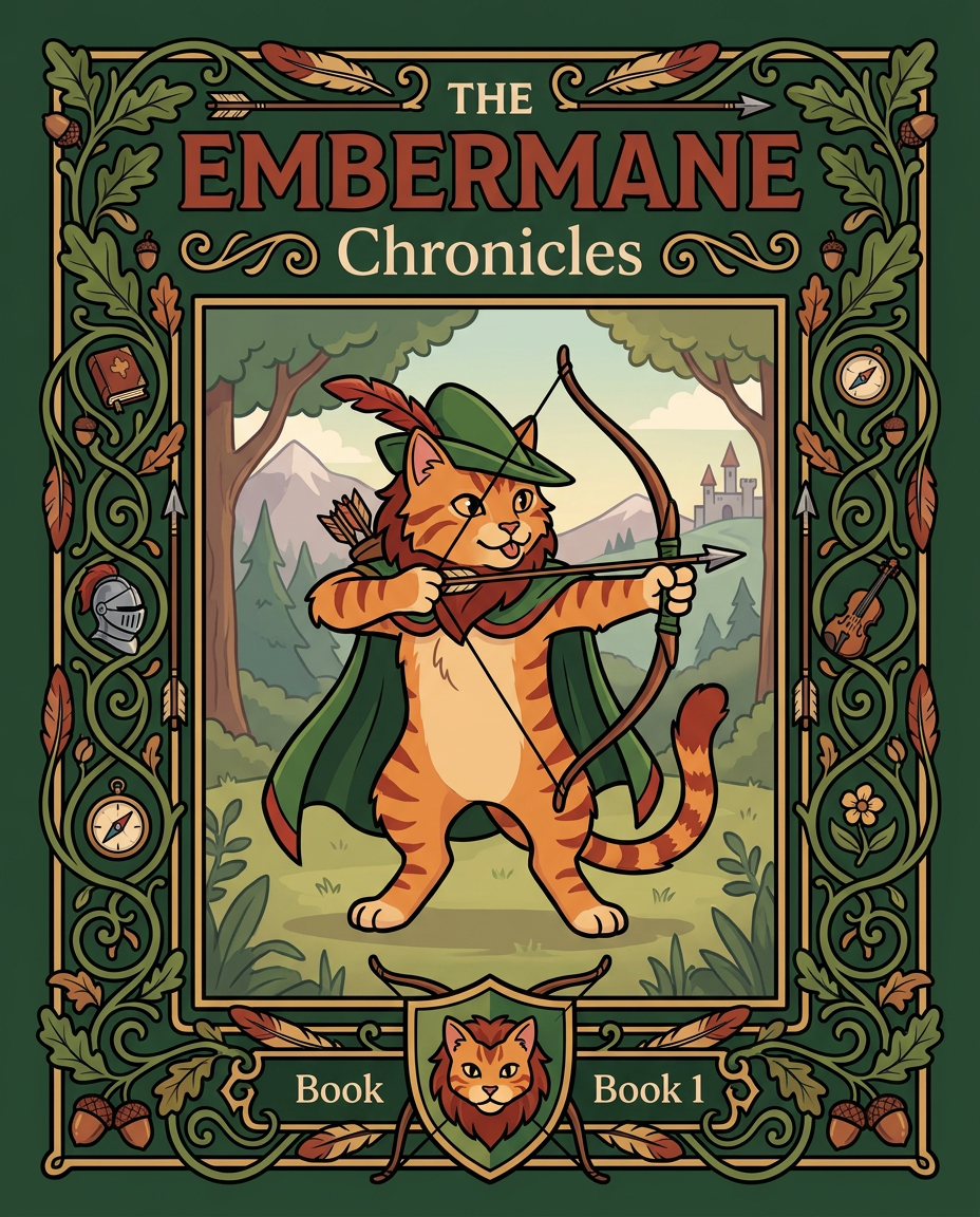 AI Design for Absolutely. Here's how I'd describe the entire cover as if it were written in a design document for an illustrator.
---
# 📖 THE EMBERMANE CHRONICLES
### Book 1 Cover Design Specification
## Overall Format
* Book size: **21 cm × 13.5 cm**
* Classic fantasy novel proportions.
* Matte finish.
* Storybook-inspired cover.
* Not realistic.
* Not modern.
* Warm, timeless, and iconic.
The cover should feel like something discovered in an old library, passed down through generations.
---
# Color Palette
### Primary Colors
🌲 Deep forest green
🔥 Warm red-brown
✨ Soft gold
📜 Cream
These colors should contrast strongly.
The green and red-brown should never blend together.
Instead:
* Green frames red-brown.
* Red-brown frames green.
* Gold highlights details.
The result should feel rich and elegant.
---
# Cover Layout
The cover is divided into two major sections:
## Outer Cover Frame
A thick decorative border surrounding the artwork.
This border is one of the defining visual features of the series.
When readers see this frame, they should instantly recognize:
> "That's an Embermane Chronicles book."
---
## Center Illustration Window
Inside the border sits a framed illustration.
Like a painting inside an old book cover.
The illustration occupies roughly:
60–70% of the front cover.
---
# The Border
### Main Border Color
Deep forest green.
### Border Decorations
The border contains elegant line art and embossing.
Features include:
🌿 Oak leaves
🌿 Vines
🏹 Arrows
🪶 Feathers
📜 Scrollwork
🌰 Acorns
The decorations should look inspired by medieval manuscripts.
Not overly complex.
Not cluttered.
Beautiful and readable.
---
# Hidden Symbols
The border contains tiny references to important characters.
Readers may not notice them immediately.
Examples:
📚 Milo's book
🛡 Rufus' tiny knight helmet
🗺 Shadow's compass
🎻 Ashen's fiddle
🌼 Pippa's flower
These should feel like little secrets.
---
# Title Placement
The title is integrated into the border.
Not floating over the artwork.
### Top Border
Small text:
**THE**
Below it:
# EMBERMANE
Large.
Very large.
The largest text on the cover.
The first thing people notice.
---
### Bottom Border
Smaller text:
**Chronicles**
Elegant.
Decorative.
Part of the frame itself.
---
# The Embermane Crest
Located at the bottom center.
Built into the border.
Not too large.
Not too small.
A symbol readers learn to recognize.
Possible design:
🐱 Stylized cat head
🔥 Red-brown mane
🌲 Green shield background
🏹 Small crossed bow behind it
Simple and iconic.
---
# Central Illustration
The illustration is framed by the border.
---
## Jasper Embermane
Standing slightly off-center.
The focus of the entire cover.
Features:
🐱 Orange tabby cat
🐱 Red-brown mane
🐱 Red-brown cheek stripes
🐱 Red-brown arm and leg markings
🐱 Red-brown ear tips
---
### Clothing
🌲 Green cloak
🌲 Green archer hat
🪶 Red feather
🔴 Thin red trim around the cloak edges
---
### Pose
Jasper is aiming his bow.
Not fighting.
Not dramatic.
Not angry.
Instead:
He is concentrating extremely hard.
One eye slightly squinted.
Tongue sticking out a little.
Like a kid trying his absolute best.
This detail makes him feel charming and relatable.
---
# Background
Soft storybook scenery.
Not detailed enough to distract.
Possible elements:
🌲 Forest
⛰ Distant mountains
🏰 Tiny glimpse of Embermane Hall
☁ Soft sky
The background exists only to support Jasper.
Jasper remains the star.
---
# Art Style
### Linework
* Clean outlines
* Storybook quality
* Slightly hand-drawn
### Coloring
* Flat colors
* Soft gradients
* Minimal shading
### Overall Feel
Somewhere between:
📖 Redwall
📖 Classic fantasy novels
📖 Illustrated children's adventure books
The goal is:
> A timeless fantasy storybook.
Not a movie poster.
Not a comic cover.
Not realism.
---
# Reader Impression
When someone sees the book for the first time, they should think:
> "Who is Embermane?"
Then:
> "Who is that cat?"
Then:
> "I want to know what's inside."
The cover should promise:
🌲 Adventure
🏹 Heroism
📜 Ancient history
🐱 Friendship
🍲 Warmth
✨ Wonder
And most importantly:
> The beginning of a very long chronicle.
That's how I imagine **The Embermane Chronicles** sitting on a bookshelf, looking like the first volume of a beloved fantasy saga. 🐱🏹📖🌲🔥 and make it so i can actually use it as a cover full screen and not sketch art syle do the ones u did just better and thicker bold lines make the cover fit the whole image and make the cat hero to have thicker black outlines and the cover too