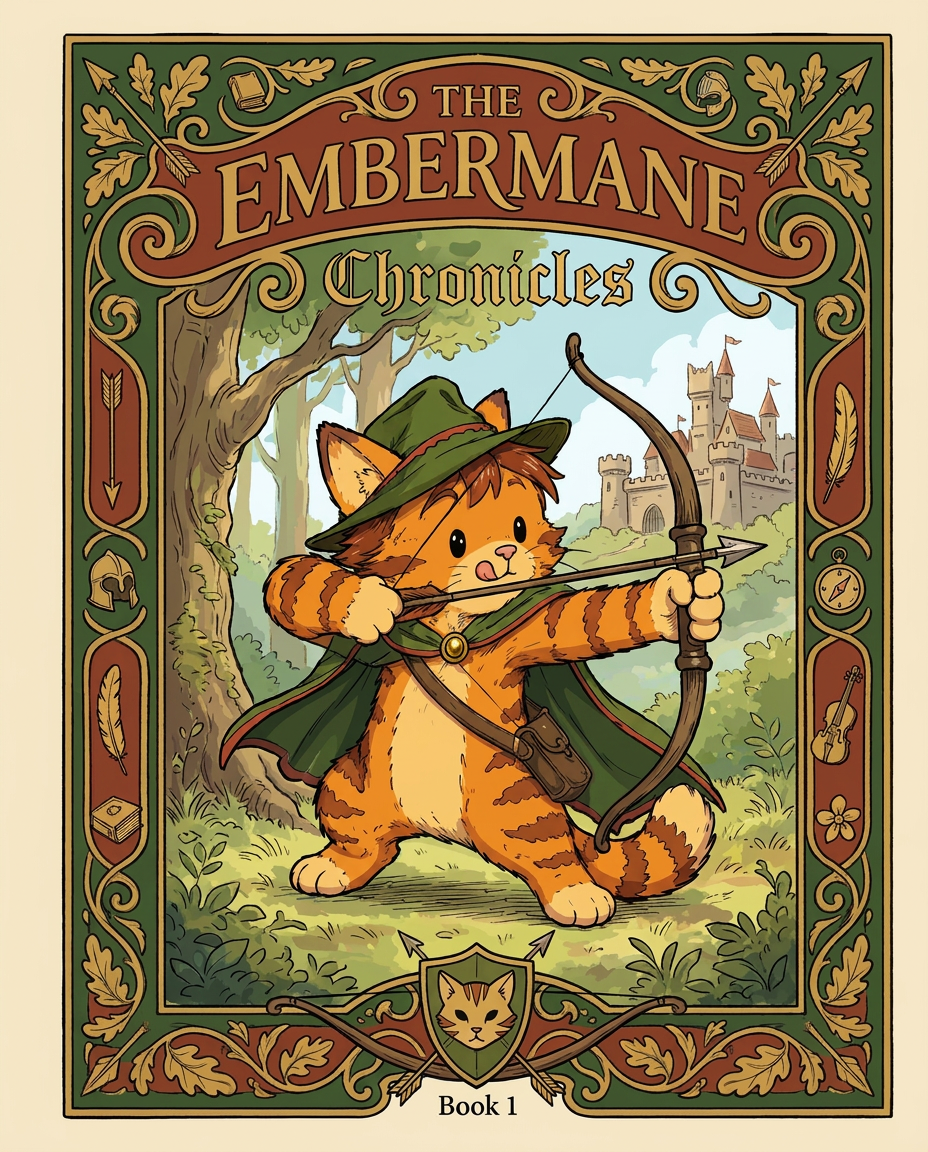 AI Design for Absolutely. Here's how I'd describe the entire cover as if it were written in a design document for an illustrator.
---
# 📖 THE EMBERMANE CHRONICLES
### Book 1 Cover Design Specification
## Overall Format
* Book size: **21 cm × 13.5 cm**
* Classic fantasy novel proportions.
* Matte finish.
* Storybook-inspired cover.
* Not realistic.
* Not modern.
* Warm, timeless, and iconic.
The cover should feel like something discovered in an old library, passed down through generations.
---
# Color Palette
### Primary Colors
🌲 Deep forest green
🔥 Warm red-brown
✨ Soft gold
📜 Cream
These colors should contrast strongly.
The green and red-brown should never blend together.
Instead:
* Green frames red-brown.
* Red-brown frames green.
* Gold highlights details.
The result should feel rich and elegant.
---
# Cover Layout
The cover is divided into two major sections:
## Outer Cover Frame
A thick decorative border surrounding the artwork.
This border is one of the defining visual features of the series.
When readers see this frame, they should instantly recognize:
> "That's an Embermane Chronicles book."
---
## Center Illustration Window
Inside the border sits a framed illustration.
Like a painting inside an old book cover.
The illustration occupies roughly:
60–70% of the front cover.
---
# The Border
### Main Border Color
Deep forest green.
### Border Decorations
The border contains elegant line art and embossing.
Features include:
🌿 Oak leaves
🌿 Vines
🏹 Arrows
🪶 Feathers
📜 Scrollwork
🌰 Acorns
The decorations should look inspired by medieval manuscripts.
Not overly complex.
Not cluttered.
Beautiful and readable.
---
# Hidden Symbols
The border contains tiny references to important characters.
Readers may not notice them immediately.
Examples:
📚 Milo's book
🛡 Rufus' tiny knight helmet
🗺 Shadow's compass
🎻 Ashen's fiddle
🌼 Pippa's flower
These should feel like little secrets.
---
# Title Placement
The title is integrated into the border.
Not floating over the artwork.
### Top Border
Small text:
**THE**
Below it:
# EMBERMANE
Large.
Very large.
The largest text on the cover.
The first thing people notice.
---
### Bottom Border
Smaller text:
**Chronicles**
Elegant.
Decorative.
Part of the frame itself.
---
# The Embermane Crest
Located at the bottom center.
Built into the border.
Not too large.
Not too small.
A symbol readers learn to recognize.
Possible design:
🐱 Stylized cat head
🔥 Red-brown mane
🌲 Green shield background
🏹 Small crossed bow behind it
Simple and iconic.
---
# Central Illustration
The illustration is framed by the border.
---
## Jasper Embermane
Standing slightly off-center.
The focus of the entire cover.
Features:
🐱 Orange tabby cat
🐱 Red-brown mane
🐱 Red-brown cheek stripes
🐱 Red-brown arm and leg markings
🐱 Red-brown ear tips
---
### Clothing
🌲 Green cloak
🌲 Green archer hat
🪶 Red feather
🔴 Thin red trim around the cloak edges
---
### Pose
Jasper is aiming his bow.
Not fighting.
Not dramatic.
Not angry.
Instead:
He is concentrating extremely hard.
One eye slightly squinted.
Tongue sticking out a little.
Like a kid trying his absolute best.
This detail makes him feel charming and relatable.
---
# Background
Soft storybook scenery.
Not detailed enough to distract.
Possible elements:
🌲 Forest
⛰ Distant mountains
🏰 Tiny glimpse of Embermane Hall
☁ Soft sky
The background exists only to support Jasper.
Jasper remains the star.
---
# Art Style
### Linework
* Clean outlines
* Storybook quality
* Slightly hand-drawn
### Coloring
* Flat colors
* Soft gradients
* Minimal shading
### Overall Feel
Somewhere between:
📖 Redwall
📖 Classic fantasy novels
📖 Illustrated children's adventure books
The goal is:
> A timeless fantasy storybook.
Not a movie poster.
Not a comic cover.
Not realism.
---
# Reader Impression
When someone sees the book for the first time, they should think:
> "Who is Embermane?"
Then:
> "Who is that cat?"
Then:
> "I want to know what's inside."
The cover should promise:
🌲 Adventure
🏹 Heroism
📜 Ancient history
🐱 Friendship
🍲 Warmth
✨ Wonder
And most importantly:
> The beginning of a very long chronicle.
That's how I imagine **The Embermane Chronicles** sitting on a bookshelf, looking like the first volume of a beloved fantasy saga. 🐱🏹📖🌲🔥 and make it so i can actually use it as a cover full screen and not sketch art syle do the ones u did just better and thicker bold lines