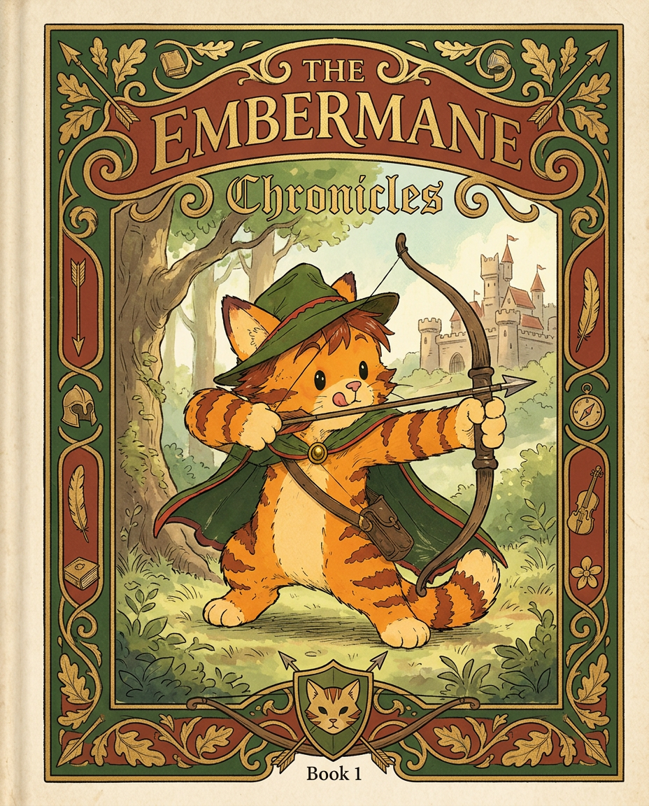 AI Design for Absolutely. Here's how I'd describe the entire cover as if it were written in a design document for an illustrator.
---
# 📖 THE EMBERMANE CHRONICLES
### Book 1 Cover Design Specification
## Overall Format
* Book size: **21 cm × 13.5 cm**
* Classic fantasy novel proportions.
* Matte finish.
* Storybook-inspired cover.
* Not realistic.
* Not modern.
* Warm, timeless, and iconic.
The cover should feel like something discovered in an old library, passed down through generations.
---
# Color Palette
### Primary Colors
🌲 Deep forest green
🔥 Warm red-brown
✨ Soft gold
📜 Cream
These colors should contrast strongly.
The green and red-brown should never blend together.
Instead:
* Green frames red-brown.
* Red-brown frames green.
* Gold highlights details.
The result should feel rich and elegant.
---
# Cover Layout
The cover is divided into two major sections:
## Outer Cover Frame
A thick decorative border surrounding the artwork.
This border is one of the defining visual features of the series.
When readers see this frame, they should instantly recognize:
> "That's an Embermane Chronicles book."
---
## Center Illustration Window
Inside the border sits a framed illustration.
Like a painting inside an old book cover.
The illustration occupies roughly:
60–70% of the front cover.
---
# The Border
### Main Border Color
Deep forest green.
### Border Decorations
The border contains elegant line art and embossing.
Features include:
🌿 Oak leaves
🌿 Vines
🏹 Arrows
🪶 Feathers
📜 Scrollwork
🌰 Acorns
The decorations should look inspired by medieval manuscripts.
Not overly complex.
Not cluttered.
Beautiful and readable.
---
# Hidden Symbols
The border contains tiny references to important characters.
Readers may not notice them immediately.
Examples:
📚 Milo's book
🛡 Rufus' tiny knight helmet
🗺 Shadow's compass
🎻 Ashen's fiddle
🌼 Pippa's flower
These should feel like little secrets.
---
# Title Placement
The title is integrated into the border.
Not floating over the artwork.
### Top Border
Small text:
**THE**
Below it:
# EMBERMANE
Large.
Very large.
The largest text on the cover.
The first thing people notice.
---
### Bottom Border
Smaller text:
**Chronicles**
Elegant.
Decorative.
Part of the frame itself.
---
# The Embermane Crest
Located at the bottom center.
Built into the border.
Not too large.
Not too small.
A symbol readers learn to recognize.
Possible design:
🐱 Stylized cat head
🔥 Red-brown mane
🌲 Green shield background
🏹 Small crossed bow behind it
Simple and iconic.
---
# Central Illustration
The illustration is framed by the border.
---
## Jasper Embermane
Standing slightly off-center.
The focus of the entire cover.
Features:
🐱 Orange tabby cat
🐱 Red-brown mane
🐱 Red-brown cheek stripes
🐱 Red-brown arm and leg markings
🐱 Red-brown ear tips
---
### Clothing
🌲 Green cloak
🌲 Green archer hat
🪶 Red feather
🔴 Thin red trim around the cloak edges
---
### Pose
Jasper is aiming his bow.
Not fighting.
Not dramatic.
Not angry.
Instead:
He is concentrating extremely hard.
One eye slightly squinted.
Tongue sticking out a little.
Like a kid trying his absolute best.
This detail makes him feel charming and relatable.
---
# Background
Soft storybook scenery.
Not detailed enough to distract.
Possible elements:
🌲 Forest
⛰ Distant mountains
🏰 Tiny glimpse of Embermane Hall
☁ Soft sky
The background exists only to support Jasper.
Jasper remains the star.
---
# Art Style
### Linework
* Clean outlines
* Storybook quality
* Slightly hand-drawn
### Coloring
* Flat colors
* Soft gradients
* Minimal shading
### Overall Feel
Somewhere between:
📖 Redwall
📖 Classic fantasy novels
📖 Illustrated children's adventure books
The goal is:
> A timeless fantasy storybook.
Not a movie poster.
Not a comic cover.
Not realism.
---
# Reader Impression
When someone sees the book for the first time, they should think:
> "Who is Embermane?"
Then:
> "Who is that cat?"
Then:
> "I want to know what's inside."
The cover should promise:
🌲 Adventure
🏹 Heroism
📜 Ancient history
🐱 Friendship
🍲 Warmth
✨ Wonder
And most importantly:
> The beginning of a very long chronicle.
That's how I imagine **The Embermane Chronicles** sitting on a bookshelf, looking like the first volume of a beloved fantasy saga. 🐱🏹📖🌲🔥