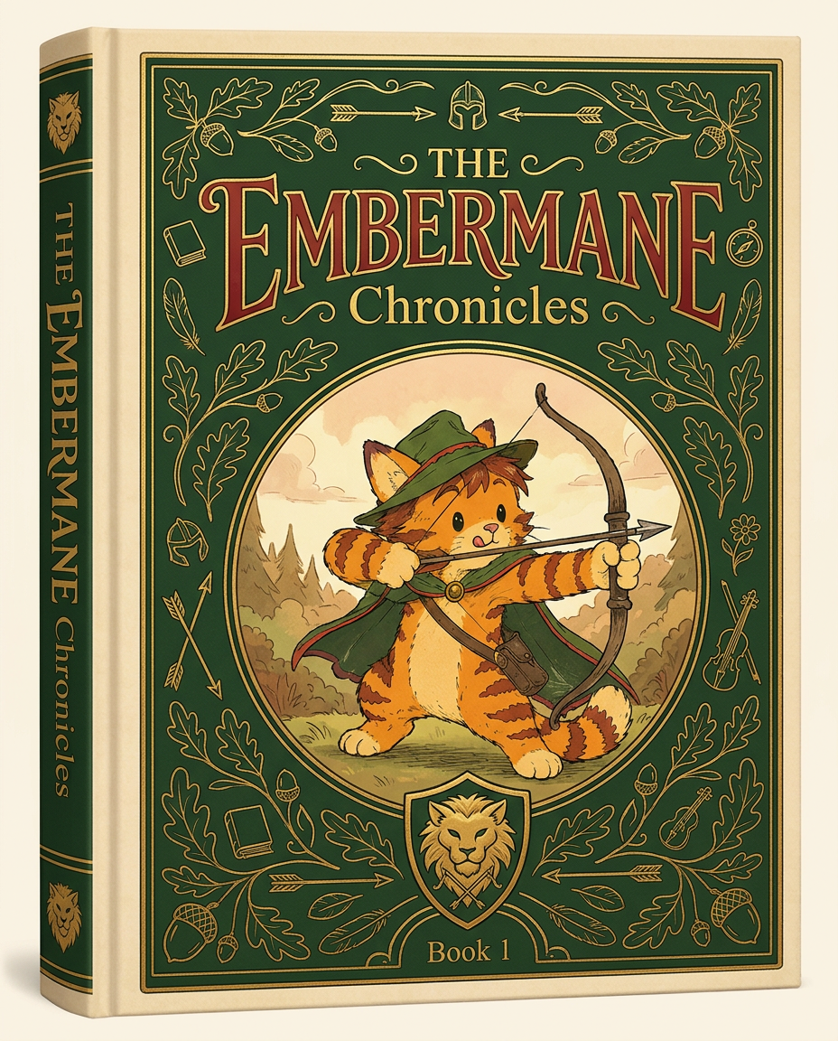 AI Design for Absolutely. Here's how I'd describe the entire cover as if it were written in a design document for an illustrator.
---
# 📖 THE EMBERMANE CHRONICLES
### Book 1 Cover Design Specification
## Overall Format
* Book size: **21 cm × 13.5 cm**
* Classic fantasy novel proportions.
* Matte finish.
* Storybook-inspired cover.
* Not realistic.
* Not modern.
* Warm, timeless, and iconic.
The cover should feel like something discovered in an old library, passed down through generations.
---
# Color Palette
### Primary Colors
🌲 Deep forest green
🔥 Warm red-brown
✨ Soft gold
📜 Cream
These colors should contrast strongly.
The green and red-brown should never blend together.
Instead:
* Green frames red-brown.
* Red-brown frames green.
* Gold highlights details.
The result should feel rich and elegant.
---
# Cover Layout
The cover is divided into two major sections:
## Outer Cover Frame
A thick decorative border surrounding the artwork.
This border is one of the defining visual features of the series.
When readers see this frame, they should instantly recognize:
> "That's an Embermane Chronicles book."
---
## Center Illustration Window
Inside the border sits a framed illustration.
Like a painting inside an old book cover.
The illustration occupies roughly:
60–70% of the front cover.
---
# The Border
### Main Border Color
Deep forest green.
### Border Decorations
The border contains elegant line art and embossing.
Features include:
🌿 Oak leaves
🌿 Vines
🏹 Arrows
🪶 Feathers
📜 Scrollwork
🌰 Acorns
The decorations should look inspired by medieval manuscripts.
Not overly complex.
Not cluttered.
Beautiful and readable.
---
# Hidden Symbols
The border contains tiny references to important characters.
Readers may not notice them immediately.
Examples:
📚 Milo's book
🛡 Rufus' tiny knight helmet
🗺 Shadow's compass
🎻 Ashen's fiddle
🌼 Pippa's flower
These should feel like little secrets.
---
# Title Placement
The title is integrated into the border.
Not floating over the artwork.
### Top Border
Small text:
**THE**
Below it:
# EMBERMANE
Large.
Very large.
The largest text on the cover.
The first thing people notice.
---
### Bottom Border
Smaller text:
**Chronicles**
Elegant.
Decorative.
Part of the frame itself.
---
# The Embermane Crest
Located at the bottom center.
Built into the border.
Not too large.
Not too small.
A symbol readers learn to recognize.
Possible design:
🐱 Stylized cat head
🔥 Red-brown mane
🌲 Green shield background
🏹 Small crossed bow behind it
Simple and iconic.
---
# Central Illustration
The illustration is framed by the border.
---
## Jasper Embermane
Standing slightly off-center.
The focus of the entire cover.
Features:
🐱 Orange tabby cat
🐱 Red-brown mane
🐱 Red-brown cheek stripes
🐱 Red-brown arm and leg markings
🐱 Red-brown ear tips
---
### Clothing
🌲 Green cloak
🌲 Green archer hat
🪶 Red feather
🔴 Thin red trim around the cloak edges
---
### Pose
Jasper is aiming his bow.
Not fighting.
Not dramatic.
Not angry.
Instead:
He is concentrating extremely hard.
One eye slightly squinted.
Tongue sticking out a little.
Like a kid trying his absolute best.
This detail makes him feel charming and relatable.
---
# Background
Soft storybook scenery.
Not detailed enough to distract.
Possible elements:
🌲 Forest
⛰ Distant mountains
🏰 Tiny glimpse of Embermane Hall
☁ Soft sky
The background exists only to support Jasper.
Jasper remains the star.
---
# Art Style
### Linework
* Clean outlines
* Storybook quality
* Slightly hand-drawn
### Coloring
* Flat colors
* Soft gradients
* Minimal shading
### Overall Feel
Somewhere between:
📖 Redwall
📖 Classic fantasy novels
📖 Illustrated children's adventure books
The goal is:
> A timeless fantasy storybook.
Not a movie poster.
Not a comic cover.
Not realism.
---
# Reader Impression
When someone sees the book for the first time, they should think:
> "Who is Embermane?"
Then:
> "Who is that cat?"
Then:
> "I want to know what's inside."
The cover should promise:
🌲 Adventure
🏹 Heroism
📜 Ancient history
🐱 Friendship
🍲 Warmth
✨ Wonder
And most importantly:
> The beginning of a very long chronicle.
That's how I imagine **The Embermane Chronicles** sitting on a bookshelf, looking like the first volume of a beloved fantasy saga. 🐱🏹📖🌲🔥