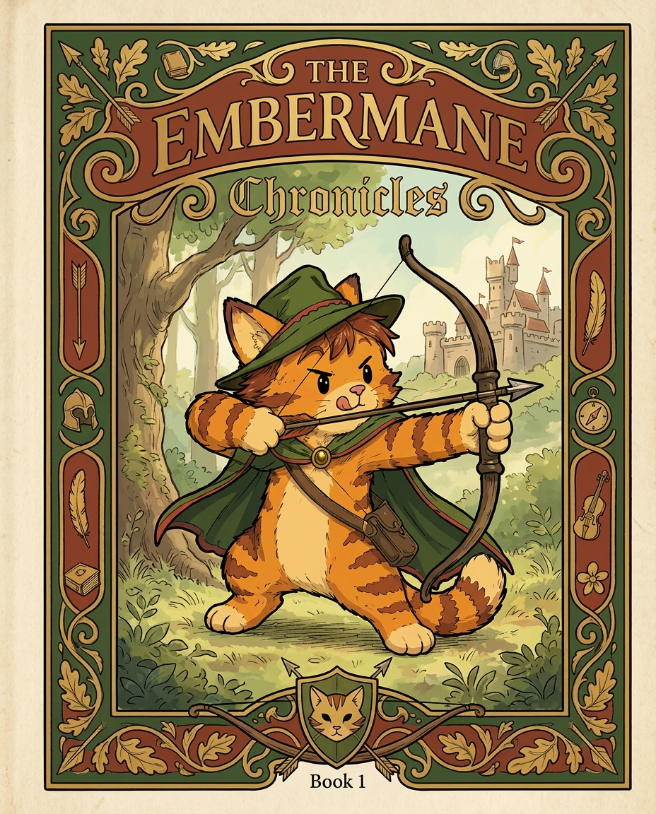 AI Design for Absolutely. Here's how I'd describe the entire cover as if it were written in a design document for an illustrator.
---
# 📖 THE EMBERMANE CHRONICLES
### Book 1 Cover Design Specification
## Overall Format
* Book size: **21 cm × 13.5 cm**
* Classic fantasy novel proportions.
* Matte finish.
* Storybook-inspired cover.
* Not realistic.
* Not modern.
* Warm, timeless, and iconic.
The cover should feel like something discovered in an old library, passed down through generations.
---
# Color Palette
### Primary Colors
🌲 Deep forest green
🔥 Warm red-brown
✨ Soft gold
📜 Cream
These colors should contrast strongly.
The green and red-brown should never blend together.
Instead:
* Green frames red-brown.
* Red-brown frames green.
* Gold highlights details.
The result should feel rich and elegant.
---
# Cover Layout
The cover is divided into two major sections:
## Outer Cover Frame
A thick decorative border surrounding the artwork.
This border is one of the defining visual features of the series.
When readers see this frame, they should instantly recognize:
> "That's an Embermane Chronicles book."
---
## Center Illustration Window
Inside the border sits a framed illustration.
Like a painting inside an old book cover.
The illustration occupies roughly:
60–70% of the front cover.
---
# The Border
### Main Border Color
Deep forest green.
### Border Decorations
The border contains elegant line art and embossing.
Features include:
🌿 Oak leaves
🌿 Vines
🏹 Arrows
🪶 Feathers
📜 Scrollwork
🌰 Acorns
The decorations should look inspired by medieval manuscripts.
Not overly complex.
Not cluttered.
Beautiful and readable.
---
# Hidden Symbols
The border contains tiny references to important characters.
Readers may not notice them immediately.
Examples:
📚 Milo's book
🛡 Rufus' tiny knight helmet
🗺 Shadow's compass
🎻 Ashen's fiddle
🌼 Pippa's flower
These should feel like little secrets.
---
# Title Placement
The title is integrated into the border.
Not floating over the artwork.
### Top Border
Small text:
**THE**
Below it:
# EMBERMANE
Large.
Very large.
The largest text on the cover.
The first thing people notice.
---
### Bottom Border
Smaller text:
**Chronicles**
Elegant.
Decorative.
Part of the frame itself.
---
# The Embermane Crest
Located at the bottom center.
Built into the border.
Not too large.
Not too small.
A symbol readers learn to recognize.
Possible design:
🐱 Stylized cat head
🔥 Red-brown mane
🌲 Green shield background
🏹 Small crossed bow behind it
Simple and iconic.
---
# Central Illustration
The illustration is framed by the border.
---
## Jasper Embermane
Standing slightly off-center.
The focus of the entire cover.
Features:
🐱 Orange tabby cat
🐱 Red-brown mane
🐱 Red-brown cheek stripes
🐱 Red-brown arm and leg markings
🐱 Red-brown ear tips
---
### Clothing
🌲 Green cloak
🌲 Green archer hat
🪶 Red feather
🔴 Thin red trim around the cloak edges
---
### Pose
Jasper is aiming his bow.
Not fighting.
Not dramatic.
Not angry.
Instead:
He is concentrating extremely hard.
One eye slightly squinted.
Tongue sticking out a little.
Like a kid trying his absolute best.
This detail makes him feel charming and relatable.
---
# Background
Soft storybook scenery.
Not detailed enough to distract.
Possible elements:
🌲 Forest
⛰ Distant mountains
🏰 Tiny glimpse of Embermane Hall
☁ Soft sky
The background exists only to support Jasper.
Jasper remains the star.
---
# Art Style
### Linework
* Clean outlines
* Storybook quality
* Slightly hand-drawn
### Coloring
* Flat colors
* Soft gradients
* Minimal shading
### Overall Feel
Somewhere between:
📖 Redwall
📖 Classic fantasy novels
📖 Illustrated children's adventure books
The goal is:
> A timeless fantasy storybook.
Not a movie poster.
Not a comic cover.
Not realism.
---
# Reader Impression
When someone sees the book for the first time, they should think:
> "Who is Embermane?"
Then:
> "Who is that cat?"
Then:
> "I want to know what's inside."
The cover should promise:
🌲 Adventure
🏹 Heroism
📜 Ancient history
🐱 Friendship
🍲 Warmth
✨ Wonder
And most importantly:
> The beginning of a very long chronicle.
That's how I imagine **The Embermane Chronicles** sitting on a bookshelf, looking like the first volume of a beloved fantasy saga. 🐱🏹📖🌲🔥 and make it so i can actually use it as a cover full screen and not sketch art syle do the ones u did just better and thicker bold lines