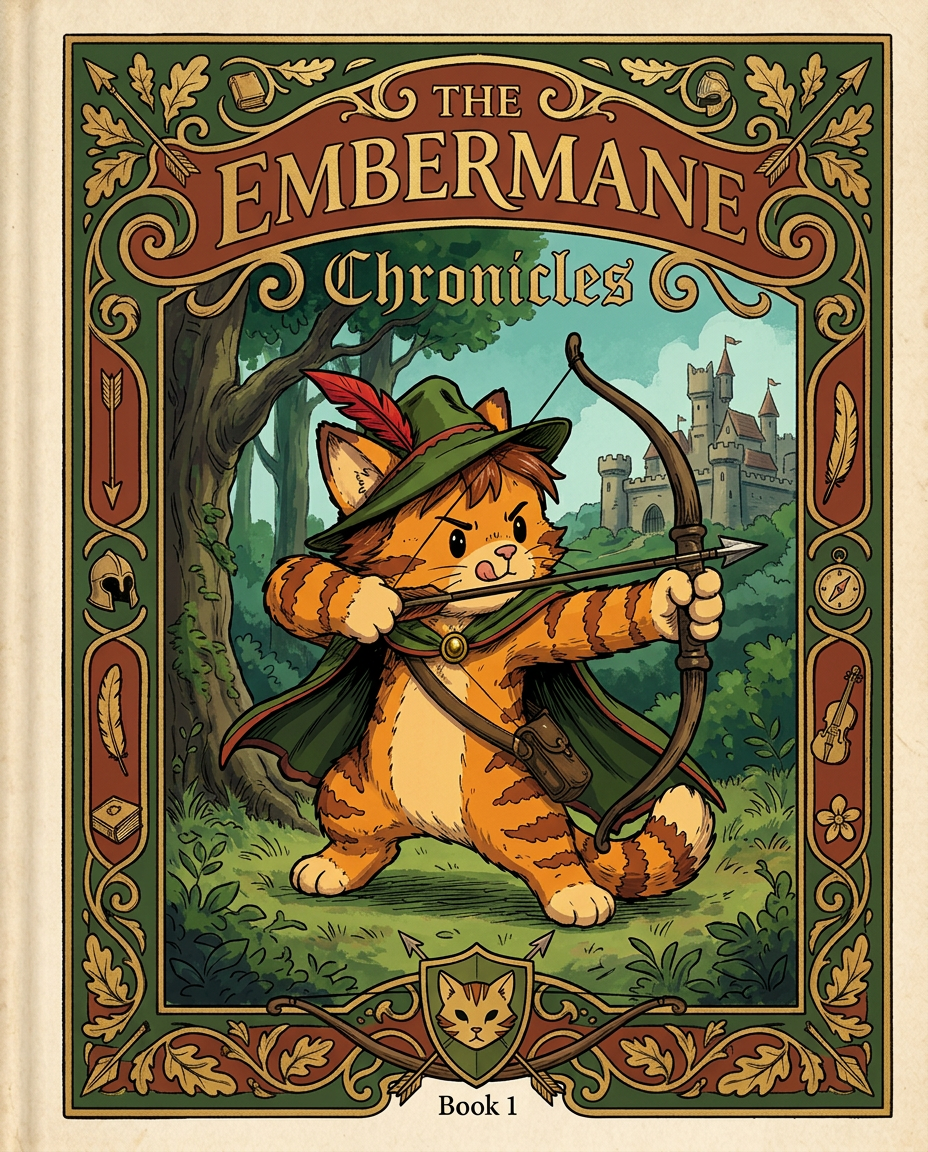 AI Design for Absolutely. Here's how I'd describe the entire cover as if it were written in a design document for an illustrator.
---
# 📖 THE EMBERMANE CHRONICLES
### Book 1 Cover Design Specification
## Overall Format
* Book size: **21 cm × 13.5 cm**
* Classic fantasy novel proportions.
* Matte finish.
* Storybook-inspired cover.
* Not realistic.
* Not modern.
* Warm, timeless, and iconic.
The cover should feel like something discovered in an old library, passed down through generations.
---
# Color Palette
### Primary Colors
🌲 Deep forest green
🔥 Warm red-brown
✨ Soft gold
📜 Cream
These colors should contrast strongly.
The green and red-brown should never blend together.
Instead:
* Green frames red-brown.
* Red-brown frames green.
* Gold highlights details.
The result should feel rich and elegant.
---
# Cover Layout
The cover is divided into two major sections:
## Outer Cover Frame
A thick decorative border surrounding the artwork.
This border is one of the defining visual features of the series.
When readers see this frame, they should instantly recognize:
> "That's an Embermane Chronicles book."
---
## Center Illustration Window
Inside the border sits a framed illustration.
Like a painting inside an old book cover.
The illustration occupies roughly:
60–70% of the front cover.
---
# The Border
### Main Border Color
Deep forest green.
### Border Decorations
The border contains elegant line art and embossing.
Features include:
🌿 Oak leaves
🌿 Vines
🏹 Arrows
🪶 Feathers
📜 Scrollwork
🌰 Acorns
The decorations should look inspired by medieval manuscripts.
Not overly complex.
Not cluttered.
Beautiful and readable.
---
# Hidden Symbols
The border contains tiny references to important characters.
Readers may not notice them immediately.
Examples:
📚 Milo's book
🛡 Rufus' tiny knight helmet
🗺 Shadow's compass
🎻 Ashen's fiddle
🌼 Pippa's flower
These should feel like little secrets.
---
# Title Placement
The title is integrated into the border.
Not floating over the artwork.
### Top Border
Small text:
**THE**
Below it:
# EMBERMANE
Large.
Very large.
The largest text on the cover.
The first thing people notice.
---
### Bottom Border
Smaller text:
**Chronicles**
Elegant.
Decorative.
Part of the frame itself.
---
# The Embermane Crest
Located at the bottom center.
Built into the border.
Not too large.
Not too small.
A symbol readers learn to recognize.
Possible design:
🐱 Stylized cat head
🔥 Red-brown mane
🌲 Green shield background
🏹 Small crossed bow behind it
Simple and iconic.
---
# Central Illustration
The illustration is framed by the border.
---
## Jasper Embermane
Standing slightly off-center.
The focus of the entire cover.
Features:
🐱 Orange tabby cat
🐱 Red-brown mane
🐱 Red-brown cheek stripes
🐱 Red-brown arm and leg markings
🐱 Red-brown ear tips
---
### Clothing
🌲 Green cloak
🌲 Green archer hat
🪶 Red feather
🔴 Thin red trim around the cloak edges
---
### Pose
Jasper is aiming his bow.
Not fighting.
Not dramatic.
Not angry.
Instead:
He is concentrating extremely hard.
One eye slightly squinted.
Tongue sticking out a little.
Like a kid trying his absolute best.
This detail makes him feel charming and relatable.
---
# Background
Soft storybook scenery.
Not detailed enough to distract.
Possible elements:
🌲 Forest
⛰ Distant mountains
🏰 Tiny glimpse of Embermane Hall
☁ Soft sky
The background exists only to support Jasper.
Jasper remains the star.
---
# Art Style
### Linework
* Clean outlines
* Storybook quality
* Slightly hand-drawn
### Coloring
* Flat colors
* Soft gradients
* Minimal shading
### Overall Feel
Somewhere between:
📖 Redwall
📖 Classic fantasy novels
📖 Illustrated children's adventure books
The goal is:
> A timeless fantasy storybook.
Not a movie poster.
Not a comic cover.
Not realism.
---
# Reader Impression
When someone sees the book for the first time, they should think:
> "Who is Embermane?"
Then:
> "Who is that cat?"
Then:
> "I want to know what's inside."
The cover should promise:
🌲 Adventure
🏹 Heroism
📜 Ancient history
🐱 Friendship
🍲 Warmth
✨ Wonder
And most importantly:
> The beginning of a very long chronicle.
That's how I imagine **The Embermane Chronicles** sitting on a bookshelf, looking like the first volume of a beloved fantasy saga. 🐱🏹📖🌲🔥 and make it so i can actually use it as a cover full screen and not sketch art syle do the ones u did just better and thicker bold lines