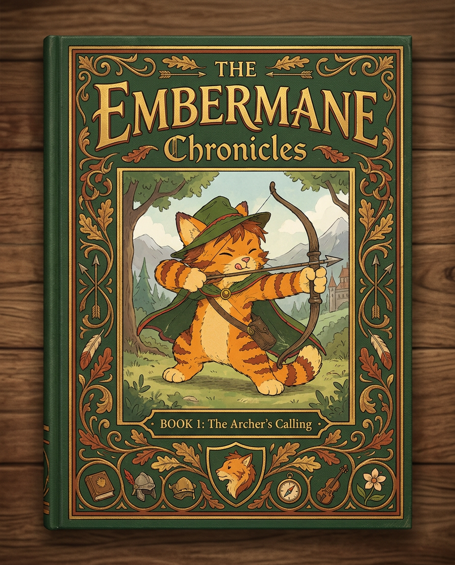 AI Design for Absolutely. Here's how I'd describe the entire cover as if it were written in a design document for an illustrator.
---
# 📖 THE EMBERMANE CHRONICLES
### Book 1 Cover Design Specification
## Overall Format
* Book size: **21 cm × 13.5 cm**
* Classic fantasy novel proportions.
* Matte finish.
* Storybook-inspired cover.
* Not realistic.
* Not modern.
* Warm, timeless, and iconic.
The cover should feel like something discovered in an old library, passed down through generations.
---
# Color Palette
### Primary Colors
🌲 Deep forest green
🔥 Warm red-brown
✨ Soft gold
📜 Cream
These colors should contrast strongly.
The green and red-brown should never blend together.
Instead:
* Green frames red-brown.
* Red-brown frames green.
* Gold highlights details.
The result should feel rich and elegant.
---
# Cover Layout
The cover is divided into two major sections:
## Outer Cover Frame
A thick decorative border surrounding the artwork.
This border is one of the defining visual features of the series.
When readers see this frame, they should instantly recognize:
> "That's an Embermane Chronicles book."
---
## Center Illustration Window
Inside the border sits a framed illustration.
Like a painting inside an old book cover.
The illustration occupies roughly:
60–70% of the front cover.
---
# The Border
### Main Border Color
Deep forest green.
### Border Decorations
The border contains elegant line art and embossing.
Features include:
🌿 Oak leaves
🌿 Vines
🏹 Arrows
🪶 Feathers
📜 Scrollwork
🌰 Acorns
The decorations should look inspired by medieval manuscripts.
Not overly complex.
Not cluttered.
Beautiful and readable.
---
# Hidden Symbols
The border contains tiny references to important characters.
Readers may not notice them immediately.
Examples:
📚 Milo's book
🛡 Rufus' tiny knight helmet
🗺 Shadow's compass
🎻 Ashen's fiddle
🌼 Pippa's flower
These should feel like little secrets.
---
# Title Placement
The title is integrated into the border.
Not floating over the artwork.
### Top Border
Small text:
**THE**
Below it:
# EMBERMANE
Large.
Very large.
The largest text on the cover.
The first thing people notice.
---
### Bottom Border
Smaller text:
**Chronicles**
Elegant.
Decorative.
Part of the frame itself.
---
# The Embermane Crest
Located at the bottom center.
Built into the border.
Not too large.
Not too small.
A symbol readers learn to recognize.
Possible design:
🐱 Stylized cat head
🔥 Red-brown mane
🌲 Green shield background
🏹 Small crossed bow behind it
Simple and iconic.
---
# Central Illustration
The illustration is framed by the border.
---
## Jasper Embermane
Standing slightly off-center.
The focus of the entire cover.
Features:
🐱 Orange tabby cat
🐱 Red-brown mane
🐱 Red-brown cheek stripes
🐱 Red-brown arm and leg markings
🐱 Red-brown ear tips
---
### Clothing
🌲 Green cloak
🌲 Green archer hat
🪶 Red feather
🔴 Thin red trim around the cloak edges
---
### Pose
Jasper is aiming his bow.
Not fighting.
Not dramatic.
Not angry.
Instead:
He is concentrating extremely hard.
One eye slightly squinted.
Tongue sticking out a little.
Like a kid trying his absolute best.
This detail makes him feel charming and relatable.
---
# Background
Soft storybook scenery.
Not detailed enough to distract.
Possible elements:
🌲 Forest
⛰ Distant mountains
🏰 Tiny glimpse of Embermane Hall
☁ Soft sky
The background exists only to support Jasper.
Jasper remains the star.
---
# Art Style
### Linework
* Clean outlines
* Storybook quality
* Slightly hand-drawn
### Coloring
* Flat colors
* Soft gradients
* Minimal shading
### Overall Feel
Somewhere between:
📖 Redwall
📖 Classic fantasy novels
📖 Illustrated children's adventure books
The goal is:
> A timeless fantasy storybook.
Not a movie poster.
Not a comic cover.
Not realism.
---
# Reader Impression
When someone sees the book for the first time, they should think:
> "Who is Embermane?"
Then:
> "Who is that cat?"
Then:
> "I want to know what's inside."
The cover should promise:
🌲 Adventure
🏹 Heroism
📜 Ancient history
🐱 Friendship
🍲 Warmth
✨ Wonder
And most importantly:
> The beginning of a very long chronicle.
That's how I imagine **The Embermane Chronicles** sitting on a bookshelf, looking like the first volume of a beloved fantasy saga. 🐱🏹📖🌲🔥