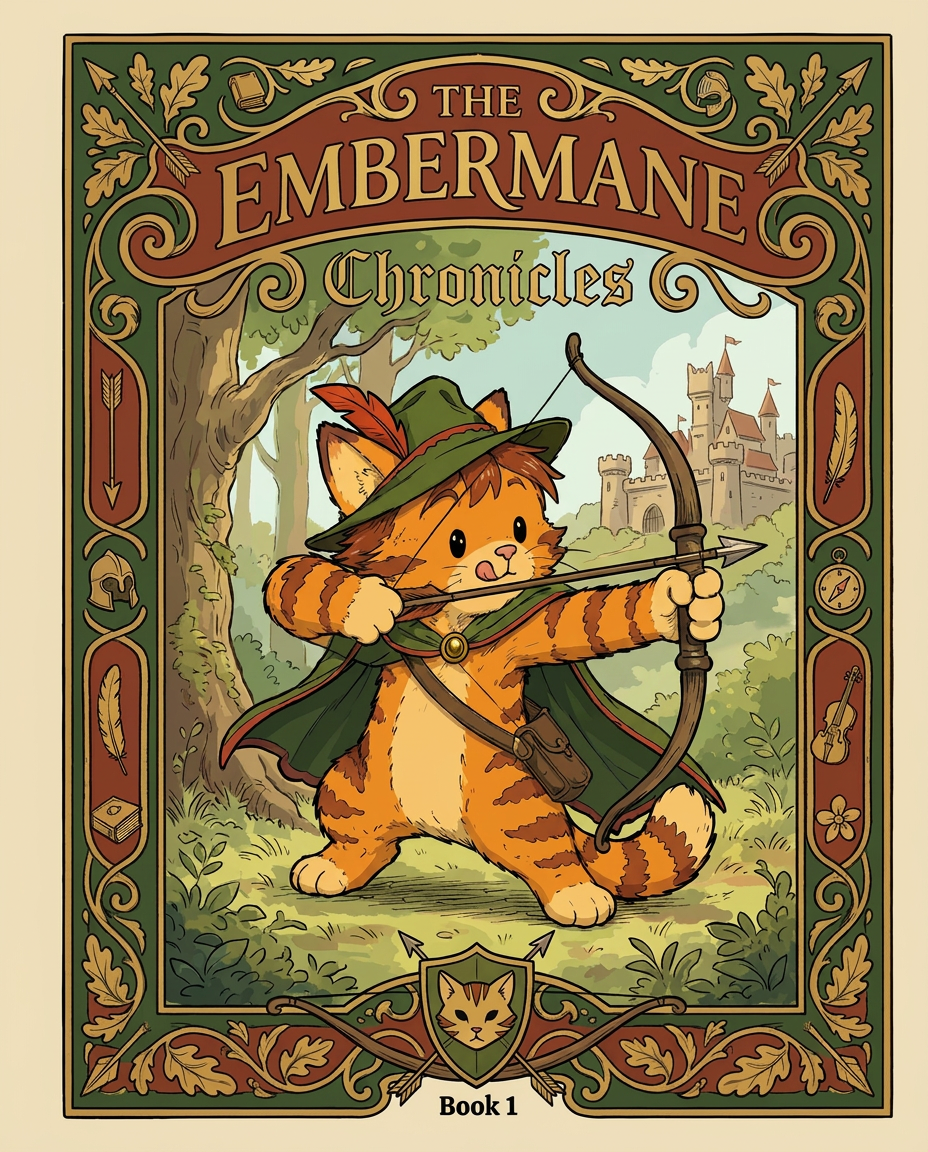 AI Design for Absolutely. Here's how I'd describe the entire cover as if it were written in a design document for an illustrator.
---
# 📖 THE EMBERMANE CHRONICLES
### Book 1 Cover Design Specification
## Overall Format
* Book size: **21 cm × 13.5 cm**
* Classic fantasy novel proportions.
* Matte finish.
* Storybook-inspired cover.
* Not realistic.
* Not modern.
* Warm, timeless, and iconic.
The cover should feel like something discovered in an old library, passed down through generations.
---
# Color Palette
### Primary Colors
🌲 Deep forest green
🔥 Warm red-brown
✨ Soft gold
📜 Cream
These colors should contrast strongly.
The green and red-brown should never blend together.
Instead:
* Green frames red-brown.
* Red-brown frames green.
* Gold highlights details.
The result should feel rich and elegant.
---
# Cover Layout
The cover is divided into two major sections:
## Outer Cover Frame
A thick decorative border surrounding the artwork.
This border is one of the defining visual features of the series.
When readers see this frame, they should instantly recognize:
> "That's an Embermane Chronicles book."
---
## Center Illustration Window
Inside the border sits a framed illustration.
Like a painting inside an old book cover.
The illustration occupies roughly:
60–70% of the front cover.
---
# The Border
### Main Border Color
Deep forest green.
### Border Decorations
The border contains elegant line art and embossing.
Features include:
🌿 Oak leaves
🌿 Vines
🏹 Arrows
🪶 Feathers
📜 Scrollwork
🌰 Acorns
The decorations should look inspired by medieval manuscripts.
Not overly complex.
Not cluttered.
Beautiful and readable.
---
# Hidden Symbols
The border contains tiny references to important characters.
Readers may not notice them immediately.
Examples:
📚 Milo's book
🛡 Rufus' tiny knight helmet
🗺 Shadow's compass
🎻 Ashen's fiddle
🌼 Pippa's flower
These should feel like little secrets.
---
# Title Placement
The title is integrated into the border.
Not floating over the artwork.
### Top Border
Small text:
**THE**
Below it:
# EMBERMANE
Large.
Very large.
The largest text on the cover.
The first thing people notice.
---
### Bottom Border
Smaller text:
**Chronicles**
Elegant.
Decorative.
Part of the frame itself.
---
# The Embermane Crest
Located at the bottom center.
Built into the border.
Not too large.
Not too small.
A symbol readers learn to recognize.
Possible design:
🐱 Stylized cat head
🔥 Red-brown mane
🌲 Green shield background
🏹 Small crossed bow behind it
Simple and iconic.
---
# Central Illustration
The illustration is framed by the border.
---
## Jasper Embermane
Standing slightly off-center.
The focus of the entire cover.
Features:
🐱 Orange tabby cat
🐱 Red-brown mane
🐱 Red-brown cheek stripes
🐱 Red-brown arm and leg markings
🐱 Red-brown ear tips
---
### Clothing
🌲 Green cloak
🌲 Green archer hat
🪶 Red feather
🔴 Thin red trim around the cloak edges
---
### Pose
Jasper is aiming his bow.
Not fighting.
Not dramatic.
Not angry.
Instead:
He is concentrating extremely hard.
One eye slightly squinted.
Tongue sticking out a little.
Like a kid trying his absolute best.
This detail makes him feel charming and relatable.
---
# Background
Soft storybook scenery.
Not detailed enough to distract.
Possible elements:
🌲 Forest
⛰ Distant mountains
🏰 Tiny glimpse of Embermane Hall
☁ Soft sky
The background exists only to support Jasper.
Jasper remains the star.
---
# Art Style
### Linework
* Clean outlines
* Storybook quality
* Slightly hand-drawn
### Coloring
* Flat colors
* Soft gradients
* Minimal shading
### Overall Feel
Somewhere between:
📖 Redwall
📖 Classic fantasy novels
📖 Illustrated children's adventure books
The goal is:
> A timeless fantasy storybook.
Not a movie poster.
Not a comic cover.
Not realism.
---
# Reader Impression
When someone sees the book for the first time, they should think:
> "Who is Embermane?"
Then:
> "Who is that cat?"
Then:
> "I want to know what's inside."
The cover should promise:
🌲 Adventure
🏹 Heroism
📜 Ancient history
🐱 Friendship
🍲 Warmth
✨ Wonder
And most importantly:
> The beginning of a very long chronicle.
That's how I imagine **The Embermane Chronicles** sitting on a bookshelf, looking like the first volume of a beloved fantasy saga. 🐱🏹📖🌲🔥 and make it so i can actually use it as a cover full screen and not sketch art syle do the ones u did just better and thicker bold lines make the cover fit the whole image and make the cat hero to have thicker black outlines and the cover too
