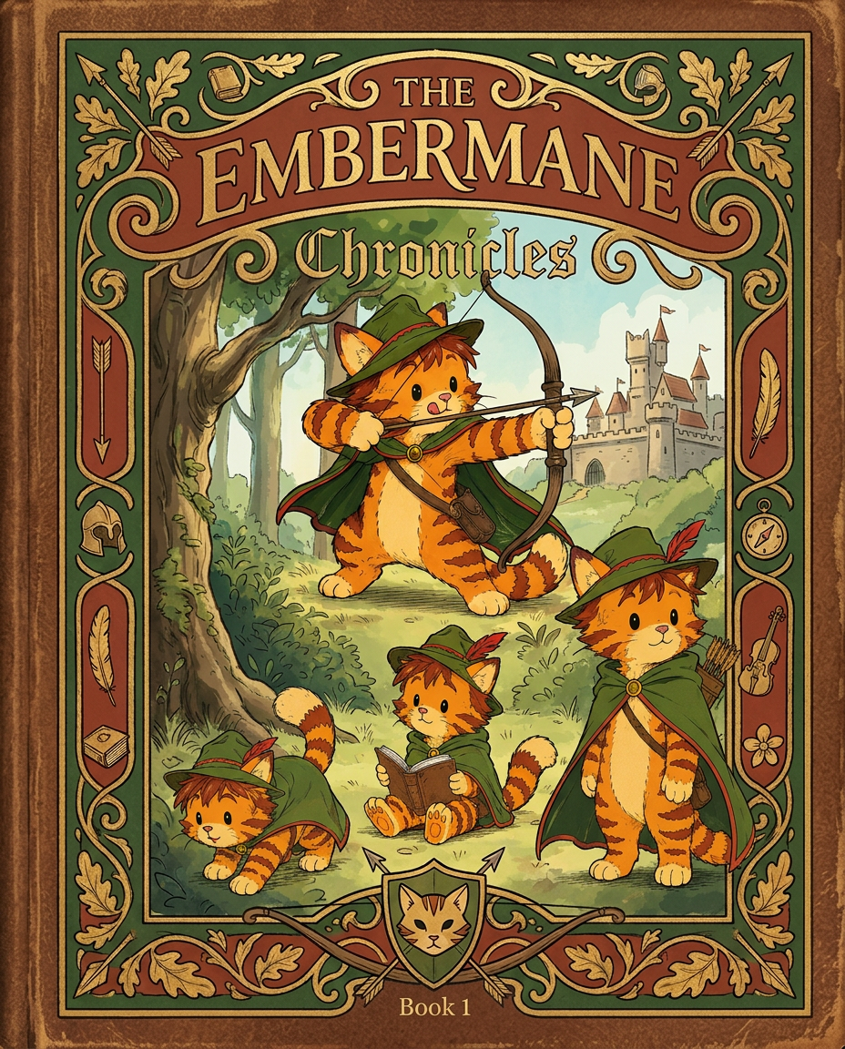 AI Design for Absolutely. Here's how I'd describe the entire cover as if it were written in a design document for an illustrator.
---
# 📖 THE EMBERMANE CHRONICLES
### Book 1 Cover Design Specification
## Overall Format
* Book size: **21 cm × 13.5 cm**
* Classic fantasy novel proportions.
* Matte finish.
* Storybook-inspired cover.
* Not realistic.
* Not modern.
* Warm, timeless, and iconic.
The cover should feel like something discovered in an old library, passed down through generations.
---
# Color Palette
### Primary Colors
🌲 Deep forest green
🔥 Warm red-brown
✨ Soft gold
📜 Cream
These colors should contrast strongly.
The green and red-brown should never blend together.
Instead:
* Green frames red-brown.
* Red-brown frames green.
* Gold highlights details.
The result should feel rich and elegant.
---
# Cover Layout
The cover is divided into two major sections:
## Outer Cover Frame
A thick decorative border surrounding the artwork.
This border is one of the defining visual features of the series.
When readers see this frame, they should instantly recognize:
> "That's an Embermane Chronicles book."
---
## Center Illustration Window
Inside the border sits a framed illustration.
Like a painting inside an old book cover.
The illustration occupies roughly:
60–70% of the front cover.
---
# The Border
### Main Border Color
Deep forest green.
### Border Decorations
The border contains elegant line art and embossing.
Features include:
🌿 Oak leaves
🌿 Vines
🏹 Arrows
🪶 Feathers
📜 Scrollwork
🌰 Acorns
The decorations should look inspired by medieval manuscripts.
Not overly complex.
Not cluttered.
Beautiful and readable.
---
# Hidden Symbols
The border contains tiny references to important characters.
Readers may not notice them immediately.
Examples:
📚 Milo's book
🛡 Rufus' tiny knight helmet
🗺 Shadow's compass
🎻 Ashen's fiddle
🌼 Pippa's flower
These should feel like little secrets.
---
# Title Placement
The title is integrated into the border.
Not floating over the artwork.
### Top Border
Small text:
**THE**
Below it:
# EMBERMANE
Large.
Very large.
The largest text on the cover.
The first thing people notice.
---
### Bottom Border
Smaller text:
**Chronicles**
Elegant.
Decorative.
Part of the frame itself.
---
# The Embermane Crest
Located at the bottom center.
Built into the border.
Not too large.
Not too small.
A symbol readers learn to recognize.
Possible design:
🐱 Stylized cat head
🔥 Red-brown mane
🌲 Green shield background
🏹 Small crossed bow behind it
Simple and iconic.
---
# Central Illustration
The illustration is framed by the border.
---
## Jasper Embermane
Standing slightly off-center.
The focus of the entire cover.
Features:
🐱 Orange tabby cat
🐱 Red-brown mane
🐱 Red-brown cheek stripes
🐱 Red-brown arm and leg markings
🐱 Red-brown ear tips
---
### Clothing
🌲 Green cloak
🌲 Green archer hat
🪶 Red feather
🔴 Thin red trim around the cloak edges
---
### Pose
Jasper is aiming his bow.
Not fighting.
Not dramatic.
Not angry.
Instead:
He is concentrating extremely hard.
One eye slightly squinted.
Tongue sticking out a little.
Like a kid trying his absolute best.
This detail makes him feel charming and relatable.
---
# Background
Soft storybook scenery.
Not detailed enough to distract.
Possible elements:
🌲 Forest
⛰ Distant mountains
🏰 Tiny glimpse of Embermane Hall
☁ Soft sky
The background exists only to support Jasper.
Jasper remains the star.
---
# Art Style
### Linework
* Clean outlines
* Storybook quality
* Slightly hand-drawn
### Coloring
* Flat colors
* Soft gradients
* Minimal shading
### Overall Feel
Somewhere between:
📖 Redwall
📖 Classic fantasy novels
📖 Illustrated children's adventure books
The goal is:
> A timeless fantasy storybook.
Not a movie poster.
Not a comic cover.
Not realism.
---
# Reader Impression
When someone sees the book for the first time, they should think:
> "Who is Embermane?"
Then:
> "Who is that cat?"
Then:
> "I want to know what's inside."
The cover should promise:
🌲 Adventure
🏹 Heroism
📜 Ancient history
🐱 Friendship
🍲 Warmth
✨ Wonder
And most importantly:
> The beginning of a very long chronicle.
That's how I imagine **The Embermane Chronicles** sitting on a bookshelf, looking like the first volume of a beloved fantasy saga. 🐱🏹📖🌲🔥 and make it so i can actually use it as a cover full screen and not sketch art syle do the ones u did just better and thicker bold lines