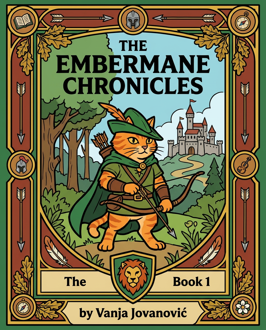 AI Design for Absolutely. Here's how I'd describe the entire cover as if it were written in a design document for an illustrator.
---
# 📖 THE EMBERMANE CHRONICLES
### Book 1 Cover Design Specification
## Overall Format
* Book size: **21 cm × 13.5 cm**
* Classic fantasy novel proportions.
* Matte finish.
* Storybook-inspired cover.
* Not realistic.
* Not modern.
* Warm, timeless, and iconic.
The cover should feel like something discovered in an old library, passed down through generations.
---
# Color Palette
### Primary Colors
🌲 Deep forest green
🔥 Warm red-brown
✨ Soft gold
📜 Cream
These colors should contrast strongly.
The green and red-brown should never blend together.
Instead:
* Green frames red-brown.
* Red-brown frames green.
* Gold highlights details.
The result should feel rich and elegant.
---
# Cover Layout
The cover is divided into two major sections:
## Outer Cover Frame
A thick decorative border surrounding the artwork.
This border is one of the defining visual features of the series.
When readers see this frame, they should instantly recognize:
> "That's an Embermane Chronicles book."
---
## Center Illustration Window
Inside the border sits a framed illustration.
Like a painting inside an old book cover.
The illustration occupies roughly:
60–70% of the front cover.
---
# The Border
### Main Border Color
Deep forest green.
### Border Decorations
The border contains elegant line art and embossing.
Features include:
🌿 Oak leaves
🌿 Vines
🏹 Arrows
🪶 Feathers
📜 Scrollwork
🌰 Acorns
The decorations should look inspired by medieval manuscripts.
Not overly complex.
Not cluttered.
Beautiful and readable.
---
# Hidden Symbols
The border contains tiny references to important characters.
Readers may not notice them immediately.
Examples:
📚 Milo's book
🛡 Rufus' tiny knight helmet
🗺 Shadow's compass
🎻 Ashen's fiddle
🌼 Pippa's flower
These should feel like little secrets.
---
# Title Placement
The title is integrated into the border.
Not floating over the artwork.
### Top Border
Small text:
**THE**
Below it:
# EMBERMANE
Large.
Very large.
The largest text on the cover.
The first thing people notice.
---
### Bottom Border
Smaller text:
**Chronicles**
Elegant.
Decorative.
Part of the frame itself.
---
# The Embermane Crest
Located at the bottom center.
Built into the border.
Not too large.
Not too small.
A symbol readers learn to recognize.
Possible design:
🐱 Stylized cat head
🔥 Red-brown mane
🌲 Green shield background
🏹 Small crossed bow behind it
Simple and iconic.
---
# Central Illustration
The illustration is framed by the border.
---
## Jasper Embermane
Standing slightly off-center.
The focus of the entire cover.
Features:
🐱 Orange tabby cat
🐱 Red-brown mane
🐱 Red-brown cheek stripes
🐱 Red-brown arm and leg markings
🐱 Red-brown ear tips
---
### Clothing
🌲 Green cloak
🌲 Green archer hat
🪶 Red feather
🔴 Thin red trim around the cloak edges
---
### Pose
Jasper is aiming his bow.
Not fighting.
Not dramatic.
Not angry.
Instead:
He is concentrating extremely hard.
One eye slightly squinted.
Tongue sticking out a little.
Like a kid trying his absolute best.
This detail makes him feel charming and relatable.
---
# Background
Soft storybook scenery.
Not detailed enough to distract.
Possible elements:
🌲 Forest
⛰ Distant mountains
🏰 Tiny glimpse of Embermane Hall
☁ Soft sky
The background exists only to support Jasper.
Jasper remains the star.
---
# Art Style
### Linework
* Clean outlines
* Storybook quality
* Slightly hand-drawn
### Coloring
* Flat colors
* Soft gradients
* Minimal shading
### Overall Feel
Somewhere between:
📖 Redwall
📖 Classic fantasy novels
📖 Illustrated children's adventure books
The goal is:
> A timeless fantasy storybook.
Not a movie poster.
Not a comic cover.
Not realism.
---
# Reader Impression
When someone sees the book for the first time, they should think:
> "Who is Embermane?"
Then:
> "Who is that cat?"
Then:
> "I want to know what's inside."
The cover should promise:
🌲 Adventure
🏹 Heroism
📜 Ancient history
🐱 Friendship
🍲 Warmth
✨ Wonder
And most importantly:
> The beginning of a very long chronicle.
That's how I imagine **The Embermane Chronicles** sitting on a bookshelf, looking like the first volume of a beloved fantasy saga. 🐱🏹📖🌲🔥 and make it so i can actually use it as a cover full screen and not sketch art syle do the ones u did just better and thicker bold lines make the cover fit the whole image and make the cat hero to have thicker black outlines and the cover too by vanja jovanović