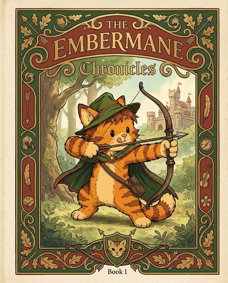 AI Design for Absolutely. Here's how I'd describe the entire cover as if it were written in a design document for an illustrator.
---
# 📖 THE EMBERMANE CHRONICLES
### Book 1 Cover Design Specification
## Overall Format
* Book size: **21 cm × 13.5 cm**
* Classic fantasy novel proportions.
* Matte finish.
* Storybook-inspired cover.
* Not realistic.
* Not modern.
* Warm, timeless, and iconic.
The cover should feel like something discovered in an old library, passed down through generations.
---
# Color Palette
### Primary Colors
🌲 Deep forest green
🔥 Warm red-brown
✨ Soft gold
📜 Cream
These colors should contrast strongly.
The green and red-brown should never blend together.
Instead:
* Green frames red-brown.
* Red-brown frames green.
* Gold highlights details.
The result should feel rich and elegant.
---
# Cover Layout
The cover is divided into two major sections:
## Outer Cover Frame
A thick decorative border surrounding the artwork.
This border is one of the defining visual features of the series.
When readers see this frame, they should instantly recognize:
> "That's an Embermane Chronicles book."
---
## Center Illustration Window
Inside the border sits a framed illustration.
Like a painting inside an old book cover.
The illustration occupies roughly:
60–70% of the front cover.
---
# The Border
### Main Border Color
Deep forest green.
### Border Decorations
The border contains elegant line art and embossing.
Features include:
🌿 Oak leaves
🌿 Vines
🏹 Arrows
🪶 Feathers
📜 Scrollwork
🌰 Acorns
The decorations should look inspired by medieval manuscripts.
Not overly complex.
Not cluttered.
Beautiful and readable.
---
# Hidden Symbols
The border contains tiny references to important characters.
Readers may not notice them immediately.
Examples:
📚 Milo's book
🛡 Rufus' tiny knight helmet
🗺 Shadow's compass
🎻 Ashen's fiddle
🌼 Pippa's flower
These should feel like little secrets.
---
# Title Placement
The title is integrated into the border.
Not floating over the artwork.
### Top Border
Small text:
**THE**
Below it:
# EMBERMANE
Large.
Very large.
The largest text on the cover.
The first thing people notice.
---
### Bottom Border
Smaller text:
**Chronicles**
Elegant.
Decorative.
Part of the frame itself.
---
# The Embermane Crest
Located at the bottom center.
Built into the border.
Not too large.
Not too small.
A symbol readers learn to recognize.
Possible design:
🐱 Stylized cat head
🔥 Red-brown mane
🌲 Green shield background
🏹 Small crossed bow behind it
Simple and iconic.
---
# Central Illustration
The illustration is framed by the border.
---
## Jasper Embermane
Standing slightly off-center.
The focus of the entire cover.
Features:
🐱 Orange tabby cat
🐱 Red-brown mane
🐱 Red-brown cheek stripes
🐱 Red-brown arm and leg markings
🐱 Red-brown ear tips
---
### Clothing
🌲 Green cloak
🌲 Green archer hat
🪶 Red feather
🔴 Thin red trim around the cloak edges
---
### Pose
Jasper is aiming his bow.
Not fighting.
Not dramatic.
Not angry.
Instead:
He is concentrating extremely hard.
One eye slightly squinted.
Tongue sticking out a little.
Like a kid trying his absolute best.
This detail makes him feel charming and relatable.
---
# Background
Soft storybook scenery.
Not detailed enough to distract.
Possible elements:
🌲 Forest
⛰ Distant mountains
🏰 Tiny glimpse of Embermane Hall
☁ Soft sky
The background exists only to support Jasper.
Jasper remains the star.
---
# Art Style
### Linework
* Clean outlines
* Storybook quality
* Slightly hand-drawn
### Coloring
* Flat colors
* Soft gradients
* Minimal shading
### Overall Feel
Somewhere between:
📖 Redwall
📖 Classic fantasy novels
📖 Illustrated children's adventure books
The goal is:
> A timeless fantasy storybook.
Not a movie poster.
Not a comic cover.
Not realism.
---
# Reader Impression
When someone sees the book for the first time, they should think:
> "Who is Embermane?"
Then:
> "Who is that cat?"
Then:
> "I want to know what's inside."
The cover should promise:
🌲 Adventure
🏹 Heroism
📜 Ancient history
🐱 Friendship
🍲 Warmth
✨ Wonder
And most importantly:
> The beginning of a very long chronicle.
That's how I imagine **The Embermane Chronicles** sitting on a bookshelf, looking like the first volume of a beloved fantasy saga. 🐱🏹📖🌲🔥 and make it so i can actually use it as a cover full screen and not sketch art syle do the ones u did just better and thicker bold lines