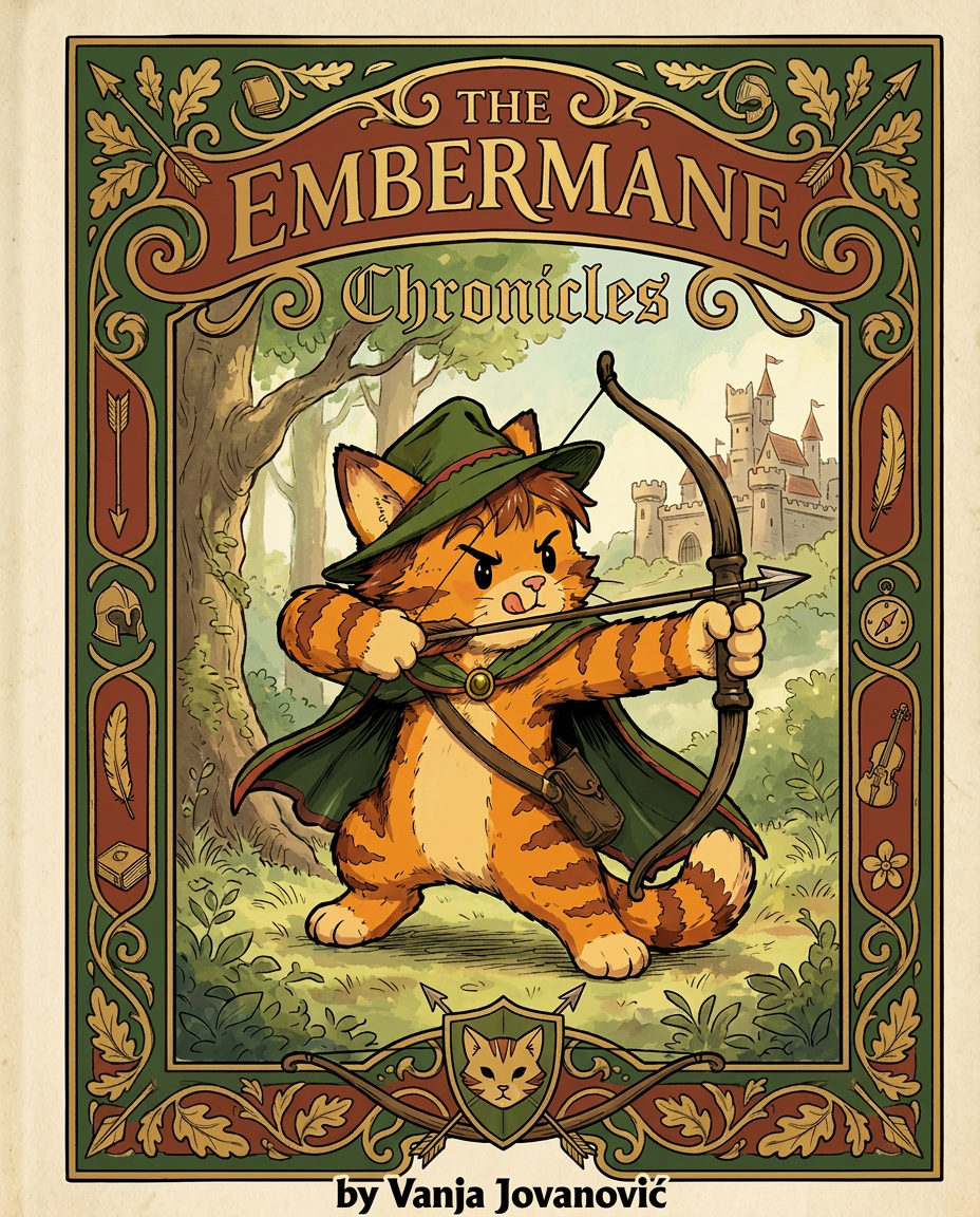 AI Design for Absolutely. Here's how I'd describe the entire cover as if it were written in a design document for an illustrator.
---
# 📖 THE EMBERMANE CHRONICLES
### Book 1 Cover Design Specification
## Overall Format
* Book size: **21 cm × 13.5 cm**
* Classic fantasy novel proportions.
* Matte finish.
* Storybook-inspired cover.
* Not realistic.
* Not modern.
* Warm, timeless, and iconic.
The cover should feel like something discovered in an old library, passed down through generations.
---
# Color Palette
### Primary Colors
🌲 Deep forest green
🔥 Warm red-brown
✨ Soft gold
📜 Cream
These colors should contrast strongly.
The green and red-brown should never blend together.
Instead:
* Green frames red-brown.
* Red-brown frames green.
* Gold highlights details.
The result should feel rich and elegant.
---
# Cover Layout
The cover is divided into two major sections:
## Outer Cover Frame
A thick decorative border surrounding the artwork.
This border is one of the defining visual features of the series.
When readers see this frame, they should instantly recognize:
> "That's an Embermane Chronicles book."
---
## Center Illustration Window
Inside the border sits a framed illustration.
Like a painting inside an old book cover.
The illustration occupies roughly:
60–70% of the front cover.
---
# The Border
### Main Border Color
Deep forest green.
### Border Decorations
The border contains elegant line art and embossing.
Features include:
🌿 Oak leaves
🌿 Vines
🏹 Arrows
🪶 Feathers
📜 Scrollwork
🌰 Acorns
The decorations should look inspired by medieval manuscripts.
Not overly complex.
Not cluttered.
Beautiful and readable.
---
# Hidden Symbols
The border contains tiny references to important characters.
Readers may not notice them immediately.
Examples:
📚 Milo's book
🛡 Rufus' tiny knight helmet
🗺 Shadow's compass
🎻 Ashen's fiddle
🌼 Pippa's flower
These should feel like little secrets.
---
# Title Placement
The title is integrated into the border.
Not floating over the artwork.
### Top Border
Small text:
**THE**
Below it:
# EMBERMANE
Large.
Very large.
The largest text on the cover.
The first thing people notice.
---
### Bottom Border
Smaller text:
**Chronicles**
Elegant.
Decorative.
Part of the frame itself.
---
# The Embermane Crest
Located at the bottom center.
Built into the border.
Not too large.
Not too small.
A symbol readers learn to recognize.
Possible design:
🐱 Stylized cat head
🔥 Red-brown mane
🌲 Green shield background
🏹 Small crossed bow behind it
Simple and iconic.
---
# Central Illustration
The illustration is framed by the border.
---
## Jasper Embermane
Standing slightly off-center.
The focus of the entire cover.
Features:
🐱 Orange tabby cat
🐱 Red-brown mane
🐱 Red-brown cheek stripes
🐱 Red-brown arm and leg markings
🐱 Red-brown ear tips
---
### Clothing
🌲 Green cloak
🌲 Green archer hat
🪶 Red feather
🔴 Thin red trim around the cloak edges
---
### Pose
Jasper is aiming his bow.
Not fighting.
Not dramatic.
Not angry.
Instead:
He is concentrating extremely hard.
One eye slightly squinted.
Tongue sticking out a little.
Like a kid trying his absolute best.
This detail makes him feel charming and relatable.
---
# Background
Soft storybook scenery.
Not detailed enough to distract.
Possible elements:
🌲 Forest
⛰ Distant mountains
🏰 Tiny glimpse of Embermane Hall
☁ Soft sky
The background exists only to support Jasper.
Jasper remains the star.
---
# Art Style
### Linework
* Clean outlines
* Storybook quality
* Slightly hand-drawn
### Coloring
* Flat colors
* Soft gradients
* Minimal shading
### Overall Feel
Somewhere between:
📖 Redwall
📖 Classic fantasy novels
📖 Illustrated children's adventure books
The goal is:
> A timeless fantasy storybook.
Not a movie poster.
Not a comic cover.
Not realism.
---
# Reader Impression
When someone sees the book for the first time, they should think:
> "Who is Embermane?"
Then:
> "Who is that cat?"
Then:
> "I want to know what's inside."
The cover should promise:
🌲 Adventure
🏹 Heroism
📜 Ancient history
🐱 Friendship
🍲 Warmth
✨ Wonder
And most importantly:
> The beginning of a very long chronicle.
That's how I imagine **The Embermane Chronicles** sitting on a bookshelf, looking like the first volume of a beloved fantasy saga. 🐱🏹📖🌲🔥 and make it so i can actually use it as a cover full screen and not sketch art syle do the ones u did just better and thicker bold lines make the cover fit the whole image and make the cat hero to have thicker black outlines and the cover too by vanja jovanović