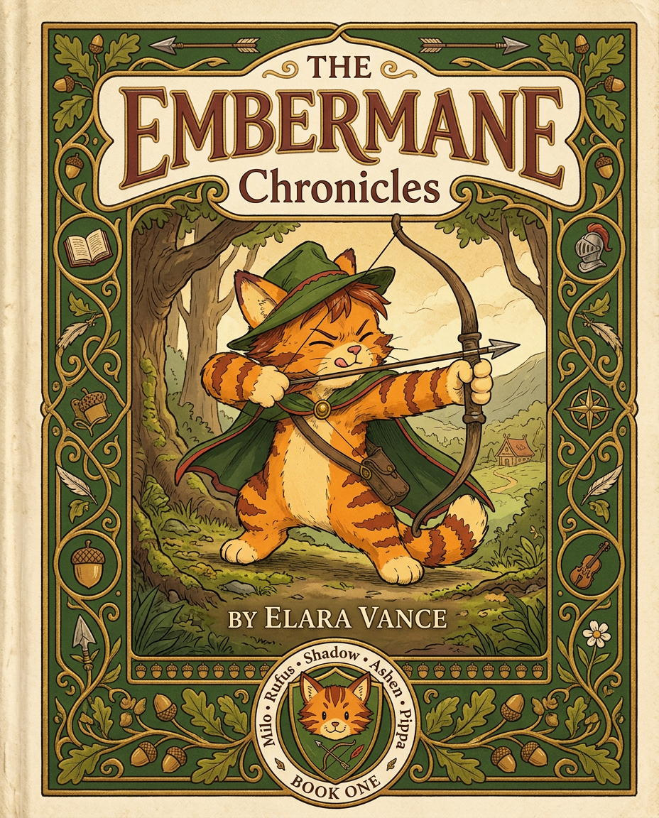 AI Design for Absolutely. Here's how I'd describe the entire cover as if it were written in a design document for an illustrator.
---
# 📖 THE EMBERMANE CHRONICLES
### Book 1 Cover Design Specification
## Overall Format
* Book size: **21 cm × 13.5 cm**
* Classic fantasy novel proportions.
* Matte finish.
* Storybook-inspired cover.
* Not realistic.
* Not modern.
* Warm, timeless, and iconic.
The cover should feel like something discovered in an old library, passed down through generations.
---
# Color Palette
### Primary Colors
🌲 Deep forest green
🔥 Warm red-brown
✨ Soft gold
📜 Cream
These colors should contrast strongly.
The green and red-brown should never blend together.
Instead:
* Green frames red-brown.
* Red-brown frames green.
* Gold highlights details.
The result should feel rich and elegant.
---
# Cover Layout
The cover is divided into two major sections:
## Outer Cover Frame
A thick decorative border surrounding the artwork.
This border is one of the defining visual features of the series.
When readers see this frame, they should instantly recognize:
> "That's an Embermane Chronicles book."
---
## Center Illustration Window
Inside the border sits a framed illustration.
Like a painting inside an old book cover.
The illustration occupies roughly:
60–70% of the front cover.
---
# The Border
### Main Border Color
Deep forest green.
### Border Decorations
The border contains elegant line art and embossing.
Features include:
🌿 Oak leaves
🌿 Vines
🏹 Arrows
🪶 Feathers
📜 Scrollwork
🌰 Acorns
The decorations should look inspired by medieval manuscripts.
Not overly complex.
Not cluttered.
Beautiful and readable.
---
# Hidden Symbols
The border contains tiny references to important characters.
Readers may not notice them immediately.
Examples:
📚 Milo's book
🛡 Rufus' tiny knight helmet
🗺 Shadow's compass
🎻 Ashen's fiddle
🌼 Pippa's flower
These should feel like little secrets.
---
# Title Placement
The title is integrated into the border.
Not floating over the artwork.
### Top Border
Small text:
**THE**
Below it:
# EMBERMANE
Large.
Very large.
The largest text on the cover.
The first thing people notice.
---
### Bottom Border
Smaller text:
**Chronicles**
Elegant.
Decorative.
Part of the frame itself.
---
# The Embermane Crest
Located at the bottom center.
Built into the border.
Not too large.
Not too small.
A symbol readers learn to recognize.
Possible design:
🐱 Stylized cat head
🔥 Red-brown mane
🌲 Green shield background
🏹 Small crossed bow behind it
Simple and iconic.
---
# Central Illustration
The illustration is framed by the border.
---
## Jasper Embermane
Standing slightly off-center.
The focus of the entire cover.
Features:
🐱 Orange tabby cat
🐱 Red-brown mane
🐱 Red-brown cheek stripes
🐱 Red-brown arm and leg markings
🐱 Red-brown ear tips
---
### Clothing
🌲 Green cloak
🌲 Green archer hat
🪶 Red feather
🔴 Thin red trim around the cloak edges
---
### Pose
Jasper is aiming his bow.
Not fighting.
Not dramatic.
Not angry.
Instead:
He is concentrating extremely hard.
One eye slightly squinted.
Tongue sticking out a little.
Like a kid trying his absolute best.
This detail makes him feel charming and relatable.
---
# Background
Soft storybook scenery.
Not detailed enough to distract.
Possible elements:
🌲 Forest
⛰ Distant mountains
🏰 Tiny glimpse of Embermane Hall
☁ Soft sky
The background exists only to support Jasper.
Jasper remains the star.
---
# Art Style
### Linework
* Clean outlines
* Storybook quality
* Slightly hand-drawn
### Coloring
* Flat colors
* Soft gradients
* Minimal shading
### Overall Feel
Somewhere between:
📖 Redwall
📖 Classic fantasy novels
📖 Illustrated children's adventure books
The goal is:
> A timeless fantasy storybook.
Not a movie poster.
Not a comic cover.
Not realism.
---
# Reader Impression
When someone sees the book for the first time, they should think:
> "Who is Embermane?"
Then:
> "Who is that cat?"
Then:
> "I want to know what's inside."
The cover should promise:
🌲 Adventure
🏹 Heroism
📜 Ancient history
🐱 Friendship
🍲 Warmth
✨ Wonder
And most importantly:
> The beginning of a very long chronicle.
That's how I imagine **The Embermane Chronicles** sitting on a bookshelf, looking like the first volume of a beloved fantasy saga. 🐱🏹📖🌲🔥