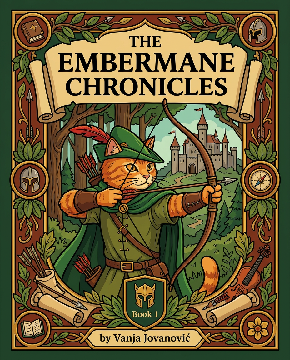 AI Design for Absolutely. Here's how I'd describe the entire cover as if it were written in a design document for an illustrator.
---
# 📖 THE EMBERMANE CHRONICLES
### Book 1 Cover Design Specification
## Overall Format
* Book size: **21 cm × 13.5 cm**
* Classic fantasy novel proportions.
* Matte finish.
* Storybook-inspired cover.
* Not realistic.
* Not modern.
* Warm, timeless, and iconic.
The cover should feel like something discovered in an old library, passed down through generations.
---
# Color Palette
### Primary Colors
🌲 Deep forest green
🔥 Warm red-brown
✨ Soft gold
📜 Cream
These colors should contrast strongly.
The green and red-brown should never blend together.
Instead:
* Green frames red-brown.
* Red-brown frames green.
* Gold highlights details.
The result should feel rich and elegant.
---
# Cover Layout
The cover is divided into two major sections:
## Outer Cover Frame
A thick decorative border surrounding the artwork.
This border is one of the defining visual features of the series.
When readers see this frame, they should instantly recognize:
> "That's an Embermane Chronicles book."
---
## Center Illustration Window
Inside the border sits a framed illustration.
Like a painting inside an old book cover.
The illustration occupies roughly:
60–70% of the front cover.
---
# The Border
### Main Border Color
Deep forest green.
### Border Decorations
The border contains elegant line art and embossing.
Features include:
🌿 Oak leaves
🌿 Vines
🏹 Arrows
🪶 Feathers
📜 Scrollwork
🌰 Acorns
The decorations should look inspired by medieval manuscripts.
Not overly complex.
Not cluttered.
Beautiful and readable.
---
# Hidden Symbols
The border contains tiny references to important characters.
Readers may not notice them immediately.
Examples:
📚 Milo's book
🛡 Rufus' tiny knight helmet
🗺 Shadow's compass
🎻 Ashen's fiddle
🌼 Pippa's flower
These should feel like little secrets.
---
# Title Placement
The title is integrated into the border.
Not floating over the artwork.
### Top Border
Small text:
**THE**
Below it:
# EMBERMANE
Large.
Very large.
The largest text on the cover.
The first thing people notice.
---
### Bottom Border
Smaller text:
**Chronicles**
Elegant.
Decorative.
Part of the frame itself.
---
# The Embermane Crest
Located at the bottom center.
Built into the border.
Not too large.
Not too small.
A symbol readers learn to recognize.
Possible design:
🐱 Stylized cat head
🔥 Red-brown mane
🌲 Green shield background
🏹 Small crossed bow behind it
Simple and iconic.
---
# Central Illustration
The illustration is framed by the border.
---
## Jasper Embermane
Standing slightly off-center.
The focus of the entire cover.
Features:
🐱 Orange tabby cat
🐱 Red-brown mane
🐱 Red-brown cheek stripes
🐱 Red-brown arm and leg markings
🐱 Red-brown ear tips
---
### Clothing
🌲 Green cloak
🌲 Green archer hat
🪶 Red feather
🔴 Thin red trim around the cloak edges
---
### Pose
Jasper is aiming his bow.
Not fighting.
Not dramatic.
Not angry.
Instead:
He is concentrating extremely hard.
One eye slightly squinted.
Tongue sticking out a little.
Like a kid trying his absolute best.
This detail makes him feel charming and relatable.
---
# Background
Soft storybook scenery.
Not detailed enough to distract.
Possible elements:
🌲 Forest
⛰ Distant mountains
🏰 Tiny glimpse of Embermane Hall
☁ Soft sky
The background exists only to support Jasper.
Jasper remains the star.
---
# Art Style
### Linework
* Clean outlines
* Storybook quality
* Slightly hand-drawn
### Coloring
* Flat colors
* Soft gradients
* Minimal shading
### Overall Feel
Somewhere between:
📖 Redwall
📖 Classic fantasy novels
📖 Illustrated children's adventure books
The goal is:
> A timeless fantasy storybook.
Not a movie poster.
Not a comic cover.
Not realism.
---
# Reader Impression
When someone sees the book for the first time, they should think:
> "Who is Embermane?"
Then:
> "Who is that cat?"
Then:
> "I want to know what's inside."
The cover should promise:
🌲 Adventure
🏹 Heroism
📜 Ancient history
🐱 Friendship
🍲 Warmth
✨ Wonder
And most importantly:
> The beginning of a very long chronicle.
That's how I imagine **The Embermane Chronicles** sitting on a bookshelf, looking like the first volume of a beloved fantasy saga. 🐱🏹📖🌲🔥 and make it so i can actually use it as a cover full screen and not sketch art syle do the ones u did just better and thicker bold lines make the cover fit the whole image and make the cat hero to have thicker black outlines and the cover too by vanja jovanović