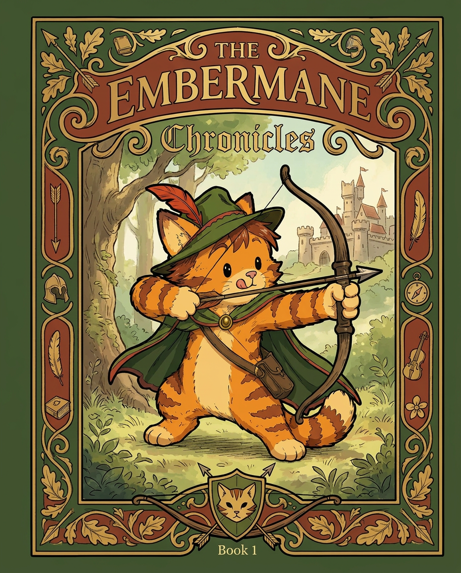 AI Design for Absolutely. Here's how I'd describe the entire cover as if it were written in a design document for an illustrator.
---
# 📖 THE EMBERMANE CHRONICLES
### Book 1 Cover Design Specification
## Overall Format
* Book size: **21 cm × 13.5 cm**
* Classic fantasy novel proportions.
* Matte finish.
* Storybook-inspired cover.
* Not realistic.
* Not modern.
* Warm, timeless, and iconic.
The cover should feel like something discovered in an old library, passed down through generations.
---
# Color Palette
### Primary Colors
🌲 Deep forest green
🔥 Warm red-brown
✨ Soft gold
📜 Cream
These colors should contrast strongly.
The green and red-brown should never blend together.
Instead:
* Green frames red-brown.
* Red-brown frames green.
* Gold highlights details.
The result should feel rich and elegant.
---
# Cover Layout
The cover is divided into two major sections:
## Outer Cover Frame
A thick decorative border surrounding the artwork.
This border is one of the defining visual features of the series.
When readers see this frame, they should instantly recognize:
> "That's an Embermane Chronicles book."
---
## Center Illustration Window
Inside the border sits a framed illustration.
Like a painting inside an old book cover.
The illustration occupies roughly:
60–70% of the front cover.
---
# The Border
### Main Border Color
Deep forest green.
### Border Decorations
The border contains elegant line art and embossing.
Features include:
🌿 Oak leaves
🌿 Vines
🏹 Arrows
🪶 Feathers
📜 Scrollwork
🌰 Acorns
The decorations should look inspired by medieval manuscripts.
Not overly complex.
Not cluttered.
Beautiful and readable.
---
# Hidden Symbols
The border contains tiny references to important characters.
Readers may not notice them immediately.
Examples:
📚 Milo's book
🛡 Rufus' tiny knight helmet
🗺 Shadow's compass
🎻 Ashen's fiddle
🌼 Pippa's flower
These should feel like little secrets.
---
# Title Placement
The title is integrated into the border.
Not floating over the artwork.
### Top Border
Small text:
**THE**
Below it:
# EMBERMANE
Large.
Very large.
The largest text on the cover.
The first thing people notice.
---
### Bottom Border
Smaller text:
**Chronicles**
Elegant.
Decorative.
Part of the frame itself.
---
# The Embermane Crest
Located at the bottom center.
Built into the border.
Not too large.
Not too small.
A symbol readers learn to recognize.
Possible design:
🐱 Stylized cat head
🔥 Red-brown mane
🌲 Green shield background
🏹 Small crossed bow behind it
Simple and iconic.
---
# Central Illustration
The illustration is framed by the border.
---
## Jasper Embermane
Standing slightly off-center.
The focus of the entire cover.
Features:
🐱 Orange tabby cat
🐱 Red-brown mane
🐱 Red-brown cheek stripes
🐱 Red-brown arm and leg markings
🐱 Red-brown ear tips
---
### Clothing
🌲 Green cloak
🌲 Green archer hat
🪶 Red feather
🔴 Thin red trim around the cloak edges
---
### Pose
Jasper is aiming his bow.
Not fighting.
Not dramatic.
Not angry.
Instead:
He is concentrating extremely hard.
One eye slightly squinted.
Tongue sticking out a little.
Like a kid trying his absolute best.
This detail makes him feel charming and relatable.
---
# Background
Soft storybook scenery.
Not detailed enough to distract.
Possible elements:
🌲 Forest
⛰ Distant mountains
🏰 Tiny glimpse of Embermane Hall
☁ Soft sky
The background exists only to support Jasper.
Jasper remains the star.
---
# Art Style
### Linework
* Clean outlines
* Storybook quality
* Slightly hand-drawn
### Coloring
* Flat colors
* Soft gradients
* Minimal shading
### Overall Feel
Somewhere between:
📖 Redwall
📖 Classic fantasy novels
📖 Illustrated children's adventure books
The goal is:
> A timeless fantasy storybook.
Not a movie poster.
Not a comic cover.
Not realism.
---
# Reader Impression
When someone sees the book for the first time, they should think:
> "Who is Embermane?"
Then:
> "Who is that cat?"
Then:
> "I want to know what's inside."
The cover should promise:
🌲 Adventure
🏹 Heroism
📜 Ancient history
🐱 Friendship
🍲 Warmth
✨ Wonder
And most importantly:
> The beginning of a very long chronicle.
That's how I imagine **The Embermane Chronicles** sitting on a bookshelf, looking like the first volume of a beloved fantasy saga. 🐱🏹📖🌲🔥 and make it so i can actually use it as a cover full screen and not sketch art syle do the ones u did just better and thicker bold lines make the cover fit the whole image and make the cat hero to have thicker black outlines and the cover too