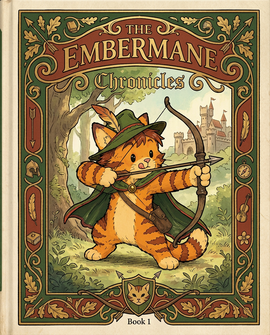 AI Design for Absolutely. Here's how I'd describe the entire cover as if it were written in a design document for an illustrator.
---
# 📖 THE EMBERMANE CHRONICLES
### Book 1 Cover Design Specification
## Overall Format
* Book size: **21 cm × 13.5 cm**
* Classic fantasy novel proportions.
* Matte finish.
* Storybook-inspired cover.
* Not realistic.
* Not modern.
* Warm, timeless, and iconic.
The cover should feel like something discovered in an old library, passed down through generations.
---
# Color Palette
### Primary Colors
🌲 Deep forest green
🔥 Warm red-brown
✨ Soft gold
📜 Cream
These colors should contrast strongly.
The green and red-brown should never blend together.
Instead:
* Green frames red-brown.
* Red-brown frames green.
* Gold highlights details.
The result should feel rich and elegant.
---
# Cover Layout
The cover is divided into two major sections:
## Outer Cover Frame
A thick decorative border surrounding the artwork.
This border is one of the defining visual features of the series.
When readers see this frame, they should instantly recognize:
> "That's an Embermane Chronicles book."
---
## Center Illustration Window
Inside the border sits a framed illustration.
Like a painting inside an old book cover.
The illustration occupies roughly:
60–70% of the front cover.
---
# The Border
### Main Border Color
Deep forest green.
### Border Decorations
The border contains elegant line art and embossing.
Features include:
🌿 Oak leaves
🌿 Vines
🏹 Arrows
🪶 Feathers
📜 Scrollwork
🌰 Acorns
The decorations should look inspired by medieval manuscripts.
Not overly complex.
Not cluttered.
Beautiful and readable.
---
# Hidden Symbols
The border contains tiny references to important characters.
Readers may not notice them immediately.
Examples:
📚 Milo's book
🛡 Rufus' tiny knight helmet
🗺 Shadow's compass
🎻 Ashen's fiddle
🌼 Pippa's flower
These should feel like little secrets.
---
# Title Placement
The title is integrated into the border.
Not floating over the artwork.
### Top Border
Small text:
**THE**
Below it:
# EMBERMANE
Large.
Very large.
The largest text on the cover.
The first thing people notice.
---
### Bottom Border
Smaller text:
**Chronicles**
Elegant.
Decorative.
Part of the frame itself.
---
# The Embermane Crest
Located at the bottom center.
Built into the border.
Not too large.
Not too small.
A symbol readers learn to recognize.
Possible design:
🐱 Stylized cat head
🔥 Red-brown mane
🌲 Green shield background
🏹 Small crossed bow behind it
Simple and iconic.
---
# Central Illustration
The illustration is framed by the border.
---
## Jasper Embermane
Standing slightly off-center.
The focus of the entire cover.
Features:
🐱 Orange tabby cat
🐱 Red-brown mane
🐱 Red-brown cheek stripes
🐱 Red-brown arm and leg markings
🐱 Red-brown ear tips
---
### Clothing
🌲 Green cloak
🌲 Green archer hat
🪶 Red feather
🔴 Thin red trim around the cloak edges
---
### Pose
Jasper is aiming his bow.
Not fighting.
Not dramatic.
Not angry.
Instead:
He is concentrating extremely hard.
One eye slightly squinted.
Tongue sticking out a little.
Like a kid trying his absolute best.
This detail makes him feel charming and relatable.
---
# Background
Soft storybook scenery.
Not detailed enough to distract.
Possible elements:
🌲 Forest
⛰ Distant mountains
🏰 Tiny glimpse of Embermane Hall
☁ Soft sky
The background exists only to support Jasper.
Jasper remains the star.
---
# Art Style
### Linework
* Clean outlines
* Storybook quality
* Slightly hand-drawn
### Coloring
* Flat colors
* Soft gradients
* Minimal shading
### Overall Feel
Somewhere between:
📖 Redwall
📖 Classic fantasy novels
📖 Illustrated children's adventure books
The goal is:
> A timeless fantasy storybook.
Not a movie poster.
Not a comic cover.
Not realism.
---
# Reader Impression
When someone sees the book for the first time, they should think:
> "Who is Embermane?"
Then:
> "Who is that cat?"
Then:
> "I want to know what's inside."
The cover should promise:
🌲 Adventure
🏹 Heroism
📜 Ancient history
🐱 Friendship
🍲 Warmth
✨ Wonder
And most importantly:
> The beginning of a very long chronicle.
That's how I imagine **The Embermane Chronicles** sitting on a bookshelf, looking like the first volume of a beloved fantasy saga. 🐱🏹📖🌲🔥 and make it so i can actually use it as a cover full screen and not sketch art syle do the ones u did just better and thicker bold lines