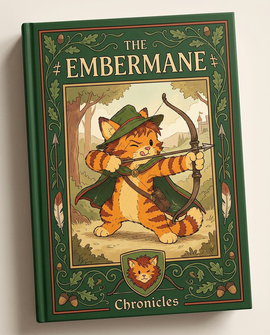 AI Design for Absolutely. Here's how I'd describe the entire cover as if it were written in a design document for an illustrator.
---
# 📖 THE EMBERMANE CHRONICLES
### Book 1 Cover Design Specification
## Overall Format
* Book size: **21 cm × 13.5 cm**
* Classic fantasy novel proportions.
* Matte finish.
* Storybook-inspired cover.
* Not realistic.
* Not modern.
* Warm, timeless, and iconic.
The cover should feel like something discovered in an old library, passed down through generations.
---
# Color Palette
### Primary Colors
🌲 Deep forest green
🔥 Warm red-brown
✨ Soft gold
📜 Cream
These colors should contrast strongly.
The green and red-brown should never blend together.
Instead:
* Green frames red-brown.
* Red-brown frames green.
* Gold highlights details.
The result should feel rich and elegant.
---
# Cover Layout
The cover is divided into two major sections:
## Outer Cover Frame
A thick decorative border surrounding the artwork.
This border is one of the defining visual features of the series.
When readers see this frame, they should instantly recognize:
> "That's an Embermane Chronicles book."
---
## Center Illustration Window
Inside the border sits a framed illustration.
Like a painting inside an old book cover.
The illustration occupies roughly:
60–70% of the front cover.
---
# The Border
### Main Border Color
Deep forest green.
### Border Decorations
The border contains elegant line art and embossing.
Features include:
🌿 Oak leaves
🌿 Vines
🏹 Arrows
🪶 Feathers
📜 Scrollwork
🌰 Acorns
The decorations should look inspired by medieval manuscripts.
Not overly complex.
Not cluttered.
Beautiful and readable.
---
# Hidden Symbols
The border contains tiny references to important characters.
Readers may not notice them immediately.
Examples:
📚 Milo's book
🛡 Rufus' tiny knight helmet
🗺 Shadow's compass
🎻 Ashen's fiddle
🌼 Pippa's flower
These should feel like little secrets.
---
# Title Placement
The title is integrated into the border.
Not floating over the artwork.
### Top Border
Small text:
**THE**
Below it:
# EMBERMANE
Large.
Very large.
The largest text on the cover.
The first thing people notice.
---
### Bottom Border
Smaller text:
**Chronicles**
Elegant.
Decorative.
Part of the frame itself.
---
# The Embermane Crest
Located at the bottom center.
Built into the border.
Not too large.
Not too small.
A symbol readers learn to recognize.
Possible design:
🐱 Stylized cat head
🔥 Red-brown mane
🌲 Green shield background
🏹 Small crossed bow behind it
Simple and iconic.
---
# Central Illustration
The illustration is framed by the border.
---
## Jasper Embermane
Standing slightly off-center.
The focus of the entire cover.
Features:
🐱 Orange tabby cat
🐱 Red-brown mane
🐱 Red-brown cheek stripes
🐱 Red-brown arm and leg markings
🐱 Red-brown ear tips
---
### Clothing
🌲 Green cloak
🌲 Green archer hat
🪶 Red feather
🔴 Thin red trim around the cloak edges
---
### Pose
Jasper is aiming his bow.
Not fighting.
Not dramatic.
Not angry.
Instead:
He is concentrating extremely hard.
One eye slightly squinted.
Tongue sticking out a little.
Like a kid trying his absolute best.
This detail makes him feel charming and relatable.
---
# Background
Soft storybook scenery.
Not detailed enough to distract.
Possible elements:
🌲 Forest
⛰ Distant mountains
🏰 Tiny glimpse of Embermane Hall
☁ Soft sky
The background exists only to support Jasper.
Jasper remains the star.
---
# Art Style
### Linework
* Clean outlines
* Storybook quality
* Slightly hand-drawn
### Coloring
* Flat colors
* Soft gradients
* Minimal shading
### Overall Feel
Somewhere between:
📖 Redwall
📖 Classic fantasy novels
📖 Illustrated children's adventure books
The goal is:
> A timeless fantasy storybook.
Not a movie poster.
Not a comic cover.
Not realism.
---
# Reader Impression
When someone sees the book for the first time, they should think:
> "Who is Embermane?"
Then:
> "Who is that cat?"
Then:
> "I want to know what's inside."
The cover should promise:
🌲 Adventure
🏹 Heroism
📜 Ancient history
🐱 Friendship
🍲 Warmth
✨ Wonder
And most importantly:
> The beginning of a very long chronicle.
That's how I imagine **The Embermane Chronicles** sitting on a bookshelf, looking like the first volume of a beloved fantasy saga. 🐱🏹📖🌲🔥