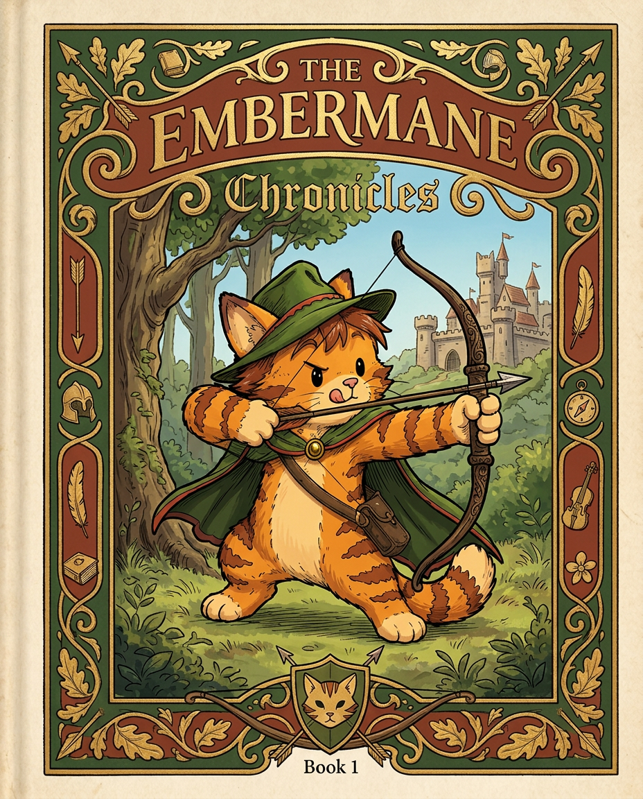 AI Design for Absolutely. Here's how I'd describe the entire cover as if it were written in a design document for an illustrator.
---
# 📖 THE EMBERMANE CHRONICLES
### Book 1 Cover Design Specification
## Overall Format
* Book size: **21 cm × 13.5 cm**
* Classic fantasy novel proportions.
* Matte finish.
* Storybook-inspired cover.
* Not realistic.
* Not modern.
* Warm, timeless, and iconic.
The cover should feel like something discovered in an old library, passed down through generations.
---
# Color Palette
### Primary Colors
🌲 Deep forest green
🔥 Warm red-brown
✨ Soft gold
📜 Cream
These colors should contrast strongly.
The green and red-brown should never blend together.
Instead:
* Green frames red-brown.
* Red-brown frames green.
* Gold highlights details.
The result should feel rich and elegant.
---
# Cover Layout
The cover is divided into two major sections:
## Outer Cover Frame
A thick decorative border surrounding the artwork.
This border is one of the defining visual features of the series.
When readers see this frame, they should instantly recognize:
> "That's an Embermane Chronicles book."
---
## Center Illustration Window
Inside the border sits a framed illustration.
Like a painting inside an old book cover.
The illustration occupies roughly:
60–70% of the front cover.
---
# The Border
### Main Border Color
Deep forest green.
### Border Decorations
The border contains elegant line art and embossing.
Features include:
🌿 Oak leaves
🌿 Vines
🏹 Arrows
🪶 Feathers
📜 Scrollwork
🌰 Acorns
The decorations should look inspired by medieval manuscripts.
Not overly complex.
Not cluttered.
Beautiful and readable.
---
# Hidden Symbols
The border contains tiny references to important characters.
Readers may not notice them immediately.
Examples:
📚 Milo's book
🛡 Rufus' tiny knight helmet
🗺 Shadow's compass
🎻 Ashen's fiddle
🌼 Pippa's flower
These should feel like little secrets.
---
# Title Placement
The title is integrated into the border.
Not floating over the artwork.
### Top Border
Small text:
**THE**
Below it:
# EMBERMANE
Large.
Very large.
The largest text on the cover.
The first thing people notice.
---
### Bottom Border
Smaller text:
**Chronicles**
Elegant.
Decorative.
Part of the frame itself.
---
# The Embermane Crest
Located at the bottom center.
Built into the border.
Not too large.
Not too small.
A symbol readers learn to recognize.
Possible design:
🐱 Stylized cat head
🔥 Red-brown mane
🌲 Green shield background
🏹 Small crossed bow behind it
Simple and iconic.
---
# Central Illustration
The illustration is framed by the border.
---
## Jasper Embermane
Standing slightly off-center.
The focus of the entire cover.
Features:
🐱 Orange tabby cat
🐱 Red-brown mane
🐱 Red-brown cheek stripes
🐱 Red-brown arm and leg markings
🐱 Red-brown ear tips
---
### Clothing
🌲 Green cloak
🌲 Green archer hat
🪶 Red feather
🔴 Thin red trim around the cloak edges
---
### Pose
Jasper is aiming his bow.
Not fighting.
Not dramatic.
Not angry.
Instead:
He is concentrating extremely hard.
One eye slightly squinted.
Tongue sticking out a little.
Like a kid trying his absolute best.
This detail makes him feel charming and relatable.
---
# Background
Soft storybook scenery.
Not detailed enough to distract.
Possible elements:
🌲 Forest
⛰ Distant mountains
🏰 Tiny glimpse of Embermane Hall
☁ Soft sky
The background exists only to support Jasper.
Jasper remains the star.
---
# Art Style
### Linework
* Clean outlines
* Storybook quality
* Slightly hand-drawn
### Coloring
* Flat colors
* Soft gradients
* Minimal shading
### Overall Feel
Somewhere between:
📖 Redwall
📖 Classic fantasy novels
📖 Illustrated children's adventure books
The goal is:
> A timeless fantasy storybook.
Not a movie poster.
Not a comic cover.
Not realism.
---
# Reader Impression
When someone sees the book for the first time, they should think:
> "Who is Embermane?"
Then:
> "Who is that cat?"
Then:
> "I want to know what's inside."
The cover should promise:
🌲 Adventure
🏹 Heroism
📜 Ancient history
🐱 Friendship
🍲 Warmth
✨ Wonder
And most importantly:
> The beginning of a very long chronicle.
That's how I imagine **The Embermane Chronicles** sitting on a bookshelf, looking like the first volume of a beloved fantasy saga. 🐱🏹📖🌲🔥 and make it so i can actually use it as a cover full screen and not sketch art syle do the ones u did just better and thicker bold lines