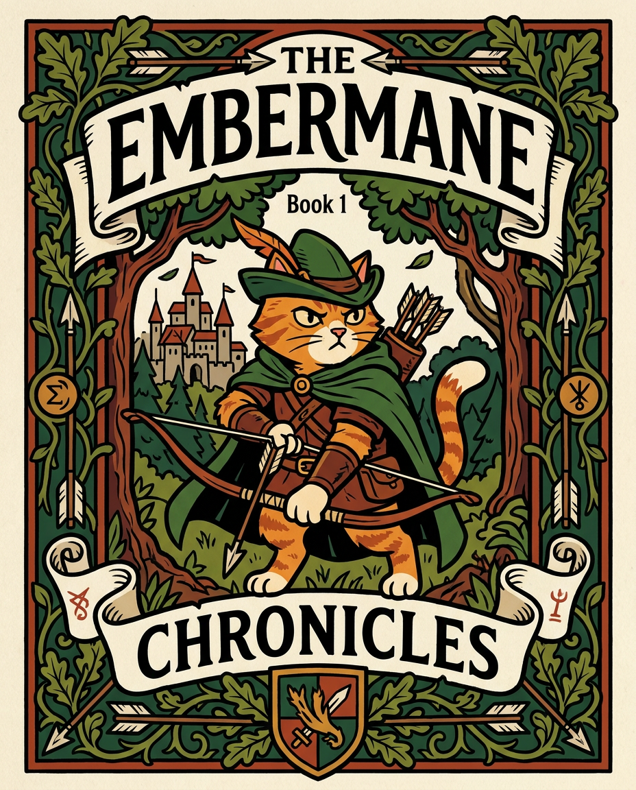 AI Design for Absolutely. Here's how I'd describe the entire cover as if it were written in a design document for an illustrator.
---
# 📖 THE EMBERMANE CHRONICLES
### Book 1 Cover Design Specification
## Overall Format
* Book size: **21 cm × 13.5 cm**
* Classic fantasy novel proportions.
* Matte finish.
* Storybook-inspired cover.
* Not realistic.
* Not modern.
* Warm, timeless, and iconic.
The cover should feel like something discovered in an old library, passed down through generations.
---
# Color Palette
### Primary Colors
🌲 Deep forest green
🔥 Warm red-brown
✨ Soft gold
📜 Cream
These colors should contrast strongly.
The green and red-brown should never blend together.
Instead:
* Green frames red-brown.
* Red-brown frames green.
* Gold highlights details.
The result should feel rich and elegant.
---
# Cover Layout
The cover is divided into two major sections:
## Outer Cover Frame
A thick decorative border surrounding the artwork.
This border is one of the defining visual features of the series.
When readers see this frame, they should instantly recognize:
> "That's an Embermane Chronicles book."
---
## Center Illustration Window
Inside the border sits a framed illustration.
Like a painting inside an old book cover.
The illustration occupies roughly:
60–70% of the front cover.
---
# The Border
### Main Border Color
Deep forest green.
### Border Decorations
The border contains elegant line art and embossing.
Features include:
🌿 Oak leaves
🌿 Vines
🏹 Arrows
🪶 Feathers
📜 Scrollwork
🌰 Acorns
The decorations should look inspired by medieval manuscripts.
Not overly complex.
Not cluttered.
Beautiful and readable.
---
# Hidden Symbols
The border contains tiny references to important characters.
Readers may not notice them immediately.
Examples:
📚 Milo's book
🛡 Rufus' tiny knight helmet
🗺 Shadow's compass
🎻 Ashen's fiddle
🌼 Pippa's flower
These should feel like little secrets.
---
# Title Placement
The title is integrated into the border.
Not floating over the artwork.
### Top Border
Small text:
**THE**
Below it:
# EMBERMANE
Large.
Very large.
The largest text on the cover.
The first thing people notice.
---
### Bottom Border
Smaller text:
**Chronicles**
Elegant.
Decorative.
Part of the frame itself.
---
# The Embermane Crest
Located at the bottom center.
Built into the border.
Not too large.
Not too small.
A symbol readers learn to recognize.
Possible design:
🐱 Stylized cat head
🔥 Red-brown mane
🌲 Green shield background
🏹 Small crossed bow behind it
Simple and iconic.
---
# Central Illustration
The illustration is framed by the border.
---
## Jasper Embermane
Standing slightly off-center.
The focus of the entire cover.
Features:
🐱 Orange tabby cat
🐱 Red-brown mane
🐱 Red-brown cheek stripes
🐱 Red-brown arm and leg markings
🐱 Red-brown ear tips
---
### Clothing
🌲 Green cloak
🌲 Green archer hat
🪶 Red feather
🔴 Thin red trim around the cloak edges
---
### Pose
Jasper is aiming his bow.
Not fighting.
Not dramatic.
Not angry.
Instead:
He is concentrating extremely hard.
One eye slightly squinted.
Tongue sticking out a little.
Like a kid trying his absolute best.
This detail makes him feel charming and relatable.
---
# Background
Soft storybook scenery.
Not detailed enough to distract.
Possible elements:
🌲 Forest
⛰ Distant mountains
🏰 Tiny glimpse of Embermane Hall
☁ Soft sky
The background exists only to support Jasper.
Jasper remains the star.
---
# Art Style
### Linework
* Clean outlines
* Storybook quality
* Slightly hand-drawn
### Coloring
* Flat colors
* Soft gradients
* Minimal shading
### Overall Feel
Somewhere between:
📖 Redwall
📖 Classic fantasy novels
📖 Illustrated children's adventure books
The goal is:
> A timeless fantasy storybook.
Not a movie poster.
Not a comic cover.
Not realism.
---
# Reader Impression
When someone sees the book for the first time, they should think:
> "Who is Embermane?"
Then:
> "Who is that cat?"
Then:
> "I want to know what's inside."
The cover should promise:
🌲 Adventure
🏹 Heroism
📜 Ancient history
🐱 Friendship
🍲 Warmth
✨ Wonder
And most importantly:
> The beginning of a very long chronicle.
That's how I imagine **The Embermane Chronicles** sitting on a bookshelf, looking like the first volume of a beloved fantasy saga. 🐱🏹📖🌲🔥 and make it so i can actually use it as a cover full screen and not sketch art syle do the ones u did just better and thicker bold lines make the cover fit the whole image and make the cat hero to have thicker black outlines and the cover too by vanja jovanović