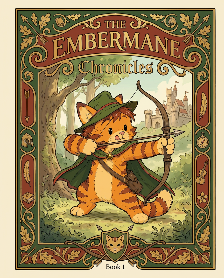 AI Design for Absolutely. Here's how I'd describe the entire cover as if it were written in a design document for an illustrator.
---
# 📖 THE EMBERMANE CHRONICLES
### Book 1 Cover Design Specification
## Overall Format
* Book size: **21 cm × 13.5 cm**
* Classic fantasy novel proportions.
* Matte finish.
* Storybook-inspired cover.
* Not realistic.
* Not modern.
* Warm, timeless, and iconic.
The cover should feel like something discovered in an old library, passed down through generations.
---
# Color Palette
### Primary Colors
🌲 Deep forest green
🔥 Warm red-brown
✨ Soft gold
📜 Cream
These colors should contrast strongly.
The green and red-brown should never blend together.
Instead:
* Green frames red-brown.
* Red-brown frames green.
* Gold highlights details.
The result should feel rich and elegant.
---
# Cover Layout
The cover is divided into two major sections:
## Outer Cover Frame
A thick decorative border surrounding the artwork.
This border is one of the defining visual features of the series.
When readers see this frame, they should instantly recognize:
> "That's an Embermane Chronicles book."
---
## Center Illustration Window
Inside the border sits a framed illustration.
Like a painting inside an old book cover.
The illustration occupies roughly:
60–70% of the front cover.
---
# The Border
### Main Border Color
Deep forest green.
### Border Decorations
The border contains elegant line art and embossing.
Features include:
🌿 Oak leaves
🌿 Vines
🏹 Arrows
🪶 Feathers
📜 Scrollwork
🌰 Acorns
The decorations should look inspired by medieval manuscripts.
Not overly complex.
Not cluttered.
Beautiful and readable.
---
# Hidden Symbols
The border contains tiny references to important characters.
Readers may not notice them immediately.
Examples:
📚 Milo's book
🛡 Rufus' tiny knight helmet
🗺 Shadow's compass
🎻 Ashen's fiddle
🌼 Pippa's flower
These should feel like little secrets.
---
# Title Placement
The title is integrated into the border.
Not floating over the artwork.
### Top Border
Small text:
**THE**
Below it:
# EMBERMANE
Large.
Very large.
The largest text on the cover.
The first thing people notice.
---
### Bottom Border
Smaller text:
**Chronicles**
Elegant.
Decorative.
Part of the frame itself.
---
# The Embermane Crest
Located at the bottom center.
Built into the border.
Not too large.
Not too small.
A symbol readers learn to recognize.
Possible design:
🐱 Stylized cat head
🔥 Red-brown mane
🌲 Green shield background
🏹 Small crossed bow behind it
Simple and iconic.
---
# Central Illustration
The illustration is framed by the border.
---
## Jasper Embermane
Standing slightly off-center.
The focus of the entire cover.
Features:
🐱 Orange tabby cat
🐱 Red-brown mane
🐱 Red-brown cheek stripes
🐱 Red-brown arm and leg markings
🐱 Red-brown ear tips
---
### Clothing
🌲 Green cloak
🌲 Green archer hat
🪶 Red feather
🔴 Thin red trim around the cloak edges
---
### Pose
Jasper is aiming his bow.
Not fighting.
Not dramatic.
Not angry.
Instead:
He is concentrating extremely hard.
One eye slightly squinted.
Tongue sticking out a little.
Like a kid trying his absolute best.
This detail makes him feel charming and relatable.
---
# Background
Soft storybook scenery.
Not detailed enough to distract.
Possible elements:
🌲 Forest
⛰ Distant mountains
🏰 Tiny glimpse of Embermane Hall
☁ Soft sky
The background exists only to support Jasper.
Jasper remains the star.
---
# Art Style
### Linework
* Clean outlines
* Storybook quality
* Slightly hand-drawn
### Coloring
* Flat colors
* Soft gradients
* Minimal shading
### Overall Feel
Somewhere between:
📖 Redwall
📖 Classic fantasy novels
📖 Illustrated children's adventure books
The goal is:
> A timeless fantasy storybook.
Not a movie poster.
Not a comic cover.
Not realism.
---
# Reader Impression
When someone sees the book for the first time, they should think:
> "Who is Embermane?"
Then:
> "Who is that cat?"
Then:
> "I want to know what's inside."
The cover should promise:
🌲 Adventure
🏹 Heroism
📜 Ancient history
🐱 Friendship
🍲 Warmth
✨ Wonder
And most importantly:
> The beginning of a very long chronicle.
That's how I imagine **The Embermane Chronicles** sitting on a bookshelf, looking like the first volume of a beloved fantasy saga. 🐱🏹📖🌲🔥 and make it so i can actually use it as a cover full screen and not sketch art syle do the ones u did just better and thicker bold lines