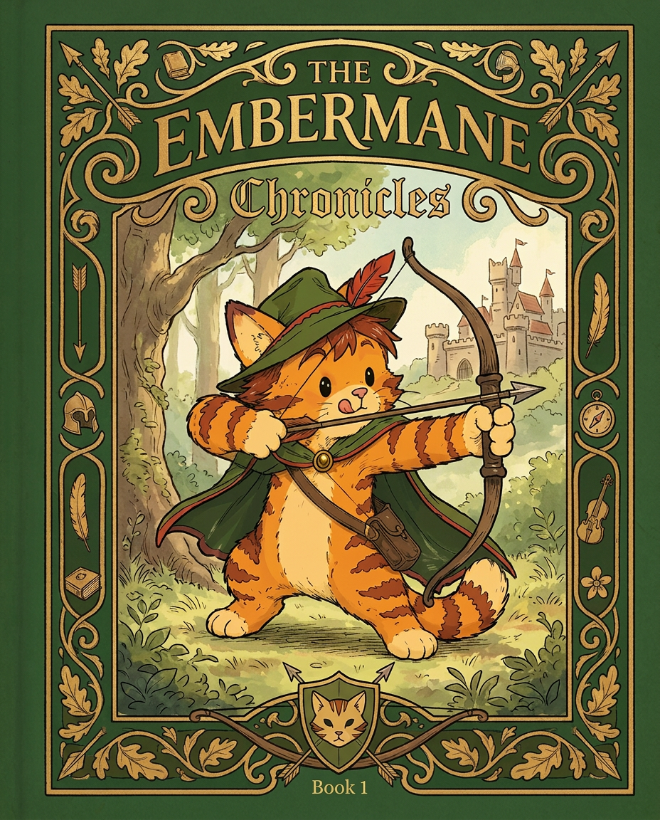AI Design for Absolutely. Here's how I'd describe the entire cover as if it were written in a design document for an illustrator.
---
# 📖 THE EMBERMANE CHRONICLES
### Book 1 Cover Design Specification
## Overall Format
* Book size: **21 cm × 13.5 cm**
* Classic fantasy novel proportions.
* Matte finish.
* Storybook-inspired cover.
* Not realistic.
* Not modern.
* Warm, timeless, and iconic.
The cover should feel like something discovered in an old library, passed down through generations.
---
# Color Palette
### Primary Colors
🌲 Deep forest green
🔥 Warm red-brown
✨ Soft gold
📜 Cream
These colors should contrast strongly.
The green and red-brown should never blend together.
Instead:
* Green frames red-brown.
* Red-brown frames green.
* Gold highlights details.
The result should feel rich and elegant.
---
# Cover Layout
The cover is divided into two major sections:
## Outer Cover Frame
A thick decorative border surrounding the artwork.
This border is one of the defining visual features of the series.
When readers see this frame, they should instantly recognize:
> "That's an Embermane Chronicles book."
---
## Center Illustration Window
Inside the border sits a framed illustration.
Like a painting inside an old book cover.
The illustration occupies roughly:
60–70% of the front cover.
---
# The Border
### Main Border Color
Deep forest green.
### Border Decorations
The border contains elegant line art and embossing.
Features include:
🌿 Oak leaves
🌿 Vines
🏹 Arrows
🪶 Feathers
📜 Scrollwork
🌰 Acorns
The decorations should look inspired by medieval manuscripts.
Not overly complex.
Not cluttered.
Beautiful and readable.
---
# Hidden Symbols
The border contains tiny references to important characters.
Readers may not notice them immediately.
Examples:
📚 Milo's book
🛡 Rufus' tiny knight helmet
🗺 Shadow's compass
🎻 Ashen's fiddle
🌼 Pippa's flower
These should feel like little secrets.
---
# Title Placement
The title is integrated into the border.
Not floating over the artwork.
### Top Border
Small text:
**THE**
Below it:
# EMBERMANE
Large.
Very large.
The largest text on the cover.
The first thing people notice.
---
### Bottom Border
Smaller text:
**Chronicles**
Elegant.
Decorative.
Part of the frame itself.
---
# The Embermane Crest
Located at the bottom center.
Built into the border.
Not too large.
Not too small.
A symbol readers learn to recognize.
Possible design:
🐱 Stylized cat head
🔥 Red-brown mane
🌲 Green shield background
🏹 Small crossed bow behind it
Simple and iconic.
---
# Central Illustration
The illustration is framed by the border.
---
## Jasper Embermane
Standing slightly off-center.
The focus of the entire cover.
Features:
🐱 Orange tabby cat
🐱 Red-brown mane
🐱 Red-brown cheek stripes
🐱 Red-brown arm and leg markings
🐱 Red-brown ear tips
---
### Clothing
🌲 Green cloak
🌲 Green archer hat
🪶 Red feather
🔴 Thin red trim around the cloak edges
---
### Pose
Jasper is aiming his bow.
Not fighting.
Not dramatic.
Not angry.
Instead:
He is concentrating extremely hard.
One eye slightly squinted.
Tongue sticking out a little.
Like a kid trying his absolute best.
This detail makes him feel charming and relatable.
---
# Background
Soft storybook scenery.
Not detailed enough to distract.
Possible elements:
🌲 Forest
⛰ Distant mountains
🏰 Tiny glimpse of Embermane Hall
☁ Soft sky
The background exists only to support Jasper.
Jasper remains the star.
---
# Art Style
### Linework
* Clean outlines
* Storybook quality
* Slightly hand-drawn
### Coloring
* Flat colors
* Soft gradients
* Minimal shading
### Overall Feel
Somewhere between:
📖 Redwall
📖 Classic fantasy novels
📖 Illustrated children's adventure books
The goal is:
> A timeless fantasy storybook.
Not a movie poster.
Not a comic cover.
Not realism.
---
# Reader Impression
When someone sees the book for the first time, they should think:
> "Who is Embermane?"
Then:
> "Who is that cat?"
Then:
> "I want to know what's inside."
The cover should promise:
🌲 Adventure
🏹 Heroism
📜 Ancient history
🐱 Friendship
🍲 Warmth
✨ Wonder
And most importantly:
> The beginning of a very long chronicle.
That's how I imagine **The Embermane Chronicles** sitting on a bookshelf, looking like the first volume of a beloved fantasy saga. 🐱🏹📖🌲🔥 and make it so i can actually use it as a cover full screen and not sketch art syle do the ones u did just better and thicker bold lines