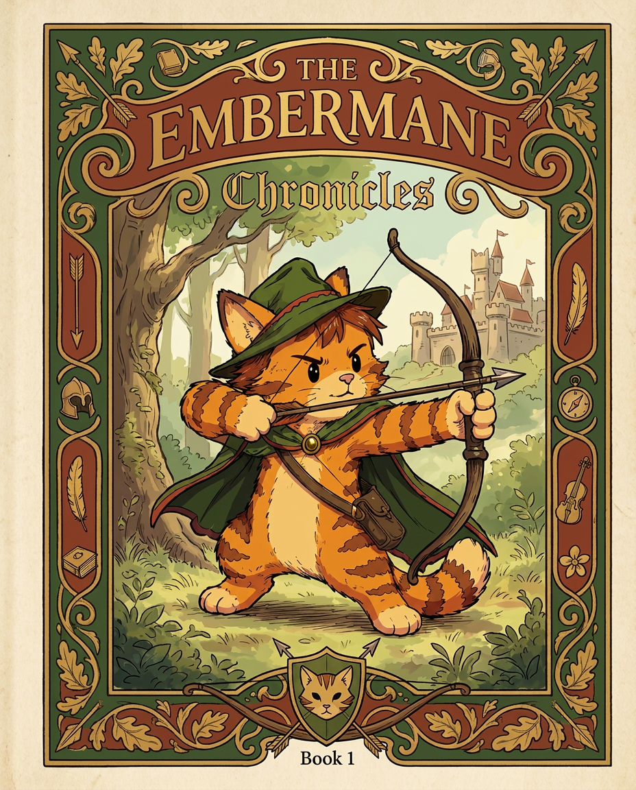 AI Design for Absolutely. Here's how I'd describe the entire cover as if it were written in a design document for an illustrator.
---
# 📖 THE EMBERMANE CHRONICLES
### Book 1 Cover Design Specification
## Overall Format
* Book size: **21 cm × 13.5 cm**
* Classic fantasy novel proportions.
* Matte finish.
* Storybook-inspired cover.
* Not realistic.
* Not modern.
* Warm, timeless, and iconic.
The cover should feel like something discovered in an old library, passed down through generations.
---
# Color Palette
### Primary Colors
🌲 Deep forest green
🔥 Warm red-brown
✨ Soft gold
📜 Cream
These colors should contrast strongly.
The green and red-brown should never blend together.
Instead:
* Green frames red-brown.
* Red-brown frames green.
* Gold highlights details.
The result should feel rich and elegant.
---
# Cover Layout
The cover is divided into two major sections:
## Outer Cover Frame
A thick decorative border surrounding the artwork.
This border is one of the defining visual features of the series.
When readers see this frame, they should instantly recognize:
> "That's an Embermane Chronicles book."
---
## Center Illustration Window
Inside the border sits a framed illustration.
Like a painting inside an old book cover.
The illustration occupies roughly:
60–70% of the front cover.
---
# The Border
### Main Border Color
Deep forest green.
### Border Decorations
The border contains elegant line art and embossing.
Features include:
🌿 Oak leaves
🌿 Vines
🏹 Arrows
🪶 Feathers
📜 Scrollwork
🌰 Acorns
The decorations should look inspired by medieval manuscripts.
Not overly complex.
Not cluttered.
Beautiful and readable.
---
# Hidden Symbols
The border contains tiny references to important characters.
Readers may not notice them immediately.
Examples:
📚 Milo's book
🛡 Rufus' tiny knight helmet
🗺 Shadow's compass
🎻 Ashen's fiddle
🌼 Pippa's flower
These should feel like little secrets.
---
# Title Placement
The title is integrated into the border.
Not floating over the artwork.
### Top Border
Small text:
**THE**
Below it:
# EMBERMANE
Large.
Very large.
The largest text on the cover.
The first thing people notice.
---
### Bottom Border
Smaller text:
**Chronicles**
Elegant.
Decorative.
Part of the frame itself.
---
# The Embermane Crest
Located at the bottom center.
Built into the border.
Not too large.
Not too small.
A symbol readers learn to recognize.
Possible design:
🐱 Stylized cat head
🔥 Red-brown mane
🌲 Green shield background
🏹 Small crossed bow behind it
Simple and iconic.
---
# Central Illustration
The illustration is framed by the border.
---
## Jasper Embermane
Standing slightly off-center.
The focus of the entire cover.
Features:
🐱 Orange tabby cat
🐱 Red-brown mane
🐱 Red-brown cheek stripes
🐱 Red-brown arm and leg markings
🐱 Red-brown ear tips
---
### Clothing
🌲 Green cloak
🌲 Green archer hat
🪶 Red feather
🔴 Thin red trim around the cloak edges
---
### Pose
Jasper is aiming his bow.
Not fighting.
Not dramatic.
Not angry.
Instead:
He is concentrating extremely hard.
One eye slightly squinted.
Tongue sticking out a little.
Like a kid trying his absolute best.
This detail makes him feel charming and relatable.
---
# Background
Soft storybook scenery.
Not detailed enough to distract.
Possible elements:
🌲 Forest
⛰ Distant mountains
🏰 Tiny glimpse of Embermane Hall
☁ Soft sky
The background exists only to support Jasper.
Jasper remains the star.
---
# Art Style
### Linework
* Clean outlines
* Storybook quality
* Slightly hand-drawn
### Coloring
* Flat colors
* Soft gradients
* Minimal shading
### Overall Feel
Somewhere between:
📖 Redwall
📖 Classic fantasy novels
📖 Illustrated children's adventure books
The goal is:
> A timeless fantasy storybook.
Not a movie poster.
Not a comic cover.
Not realism.
---
# Reader Impression
When someone sees the book for the first time, they should think:
> "Who is Embermane?"
Then:
> "Who is that cat?"
Then:
> "I want to know what's inside."
The cover should promise:
🌲 Adventure
🏹 Heroism
📜 Ancient history
🐱 Friendship
🍲 Warmth
✨ Wonder
And most importantly:
> The beginning of a very long chronicle.
That's how I imagine **The Embermane Chronicles** sitting on a bookshelf, looking like the first volume of a beloved fantasy saga. 🐱🏹📖🌲🔥 and make it so i can actually use it as a cover full screen and not sketch art syle do the ones u did just better and thicker bold lines