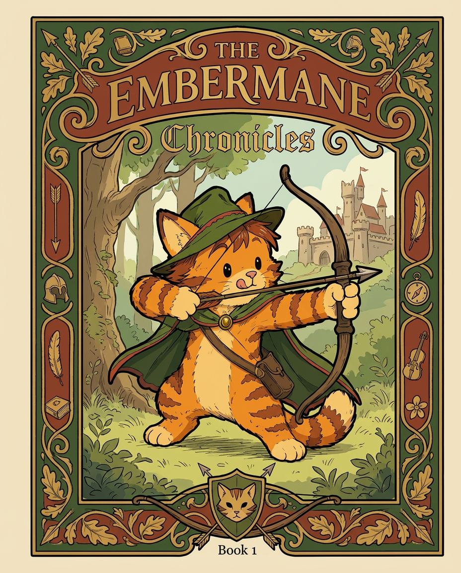 AI Design for Absolutely. Here's how I'd describe the entire cover as if it were written in a design document for an illustrator.
---
# 📖 THE EMBERMANE CHRONICLES
### Book 1 Cover Design Specification
## Overall Format
* Book size: **21 cm × 13.5 cm**
* Classic fantasy novel proportions.
* Matte finish.
* Storybook-inspired cover.
* Not realistic.
* Not modern.
* Warm, timeless, and iconic.
The cover should feel like something discovered in an old library, passed down through generations.
---
# Color Palette
### Primary Colors
🌲 Deep forest green
🔥 Warm red-brown
✨ Soft gold
📜 Cream
These colors should contrast strongly.
The green and red-brown should never blend together.
Instead:
* Green frames red-brown.
* Red-brown frames green.
* Gold highlights details.
The result should feel rich and elegant.
---
# Cover Layout
The cover is divided into two major sections:
## Outer Cover Frame
A thick decorative border surrounding the artwork.
This border is one of the defining visual features of the series.
When readers see this frame, they should instantly recognize:
> "That's an Embermane Chronicles book."
---
## Center Illustration Window
Inside the border sits a framed illustration.
Like a painting inside an old book cover.
The illustration occupies roughly:
60–70% of the front cover.
---
# The Border
### Main Border Color
Deep forest green.
### Border Decorations
The border contains elegant line art and embossing.
Features include:
🌿 Oak leaves
🌿 Vines
🏹 Arrows
🪶 Feathers
📜 Scrollwork
🌰 Acorns
The decorations should look inspired by medieval manuscripts.
Not overly complex.
Not cluttered.
Beautiful and readable.
---
# Hidden Symbols
The border contains tiny references to important characters.
Readers may not notice them immediately.
Examples:
📚 Milo's book
🛡 Rufus' tiny knight helmet
🗺 Shadow's compass
🎻 Ashen's fiddle
🌼 Pippa's flower
These should feel like little secrets.
---
# Title Placement
The title is integrated into the border.
Not floating over the artwork.
### Top Border
Small text:
**THE**
Below it:
# EMBERMANE
Large.
Very large.
The largest text on the cover.
The first thing people notice.
---
### Bottom Border
Smaller text:
**Chronicles**
Elegant.
Decorative.
Part of the frame itself.
---
# The Embermane Crest
Located at the bottom center.
Built into the border.
Not too large.
Not too small.
A symbol readers learn to recognize.
Possible design:
🐱 Stylized cat head
🔥 Red-brown mane
🌲 Green shield background
🏹 Small crossed bow behind it
Simple and iconic.
---
# Central Illustration
The illustration is framed by the border.
---
## Jasper Embermane
Standing slightly off-center.
The focus of the entire cover.
Features:
🐱 Orange tabby cat
🐱 Red-brown mane
🐱 Red-brown cheek stripes
🐱 Red-brown arm and leg markings
🐱 Red-brown ear tips
---
### Clothing
🌲 Green cloak
🌲 Green archer hat
🪶 Red feather
🔴 Thin red trim around the cloak edges
---
### Pose
Jasper is aiming his bow.
Not fighting.
Not dramatic.
Not angry.
Instead:
He is concentrating extremely hard.
One eye slightly squinted.
Tongue sticking out a little.
Like a kid trying his absolute best.
This detail makes him feel charming and relatable.
---
# Background
Soft storybook scenery.
Not detailed enough to distract.
Possible elements:
🌲 Forest
⛰ Distant mountains
🏰 Tiny glimpse of Embermane Hall
☁ Soft sky
The background exists only to support Jasper.
Jasper remains the star.
---
# Art Style
### Linework
* Clean outlines
* Storybook quality
* Slightly hand-drawn
### Coloring
* Flat colors
* Soft gradients
* Minimal shading
### Overall Feel
Somewhere between:
📖 Redwall
📖 Classic fantasy novels
📖 Illustrated children's adventure books
The goal is:
> A timeless fantasy storybook.
Not a movie poster.
Not a comic cover.
Not realism.
---
# Reader Impression
When someone sees the book for the first time, they should think:
> "Who is Embermane?"
Then:
> "Who is that cat?"
Then:
> "I want to know what's inside."
The cover should promise:
🌲 Adventure
🏹 Heroism
📜 Ancient history
🐱 Friendship
🍲 Warmth
✨ Wonder
And most importantly:
> The beginning of a very long chronicle.
That's how I imagine **The Embermane Chronicles** sitting on a bookshelf, looking like the first volume of a beloved fantasy saga. 🐱🏹📖🌲🔥 and make it so i can actually use it as a cover full screen and not sketch art syle do the ones u did just better and thicker bold lines make the cover fit the whole image and make the cat hero to have thicker black outlines and the cover too