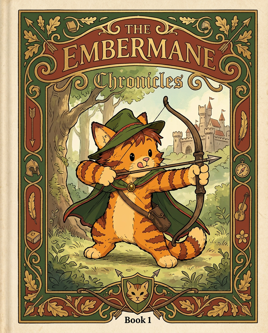 AI Design for Absolutely. Here's how I'd describe the entire cover as if it were written in a design document for an illustrator.
---
# 📖 THE EMBERMANE CHRONICLES
### Book 1 Cover Design Specification
## Overall Format
* Book size: **21 cm × 13.5 cm**
* Classic fantasy novel proportions.
* Matte finish.
* Storybook-inspired cover.
* Not realistic.
* Not modern.
* Warm, timeless, and iconic.
The cover should feel like something discovered in an old library, passed down through generations.
---
# Color Palette
### Primary Colors
🌲 Deep forest green
🔥 Warm red-brown
✨ Soft gold
📜 Cream
These colors should contrast strongly.
The green and red-brown should never blend together.
Instead:
* Green frames red-brown.
* Red-brown frames green.
* Gold highlights details.
The result should feel rich and elegant.
---
# Cover Layout
The cover is divided into two major sections:
## Outer Cover Frame
A thick decorative border surrounding the artwork.
This border is one of the defining visual features of the series.
When readers see this frame, they should instantly recognize:
> "That's an Embermane Chronicles book."
---
## Center Illustration Window
Inside the border sits a framed illustration.
Like a painting inside an old book cover.
The illustration occupies roughly:
60–70% of the front cover.
---
# The Border
### Main Border Color
Deep forest green.
### Border Decorations
The border contains elegant line art and embossing.
Features include:
🌿 Oak leaves
🌿 Vines
🏹 Arrows
🪶 Feathers
📜 Scrollwork
🌰 Acorns
The decorations should look inspired by medieval manuscripts.
Not overly complex.
Not cluttered.
Beautiful and readable.
---
# Hidden Symbols
The border contains tiny references to important characters.
Readers may not notice them immediately.
Examples:
📚 Milo's book
🛡 Rufus' tiny knight helmet
🗺 Shadow's compass
🎻 Ashen's fiddle
🌼 Pippa's flower
These should feel like little secrets.
---
# Title Placement
The title is integrated into the border.
Not floating over the artwork.
### Top Border
Small text:
**THE**
Below it:
# EMBERMANE
Large.
Very large.
The largest text on the cover.
The first thing people notice.
---
### Bottom Border
Smaller text:
**Chronicles**
Elegant.
Decorative.
Part of the frame itself.
---
# The Embermane Crest
Located at the bottom center.
Built into the border.
Not too large.
Not too small.
A symbol readers learn to recognize.
Possible design:
🐱 Stylized cat head
🔥 Red-brown mane
🌲 Green shield background
🏹 Small crossed bow behind it
Simple and iconic.
---
# Central Illustration
The illustration is framed by the border.
---
## Jasper Embermane
Standing slightly off-center.
The focus of the entire cover.
Features:
🐱 Orange tabby cat
🐱 Red-brown mane
🐱 Red-brown cheek stripes
🐱 Red-brown arm and leg markings
🐱 Red-brown ear tips
---
### Clothing
🌲 Green cloak
🌲 Green archer hat
🪶 Red feather
🔴 Thin red trim around the cloak edges
---
### Pose
Jasper is aiming his bow.
Not fighting.
Not dramatic.
Not angry.
Instead:
He is concentrating extremely hard.
One eye slightly squinted.
Tongue sticking out a little.
Like a kid trying his absolute best.
This detail makes him feel charming and relatable.
---
# Background
Soft storybook scenery.
Not detailed enough to distract.
Possible elements:
🌲 Forest
⛰ Distant mountains
🏰 Tiny glimpse of Embermane Hall
☁ Soft sky
The background exists only to support Jasper.
Jasper remains the star.
---
# Art Style
### Linework
* Clean outlines
* Storybook quality
* Slightly hand-drawn
### Coloring
* Flat colors
* Soft gradients
* Minimal shading
### Overall Feel
Somewhere between:
📖 Redwall
📖 Classic fantasy novels
📖 Illustrated children's adventure books
The goal is:
> A timeless fantasy storybook.
Not a movie poster.
Not a comic cover.
Not realism.
---
# Reader Impression
When someone sees the book for the first time, they should think:
> "Who is Embermane?"
Then:
> "Who is that cat?"
Then:
> "I want to know what's inside."
The cover should promise:
🌲 Adventure
🏹 Heroism
📜 Ancient history
🐱 Friendship
🍲 Warmth
✨ Wonder
And most importantly:
> The beginning of a very long chronicle.
That's how I imagine **The Embermane Chronicles** sitting on a bookshelf, looking like the first volume of a beloved fantasy saga. 🐱🏹📖🌲🔥 and make it so i can actually use it as a cover full screen and not sketch art syle do the ones u did just better and thicker bold lines