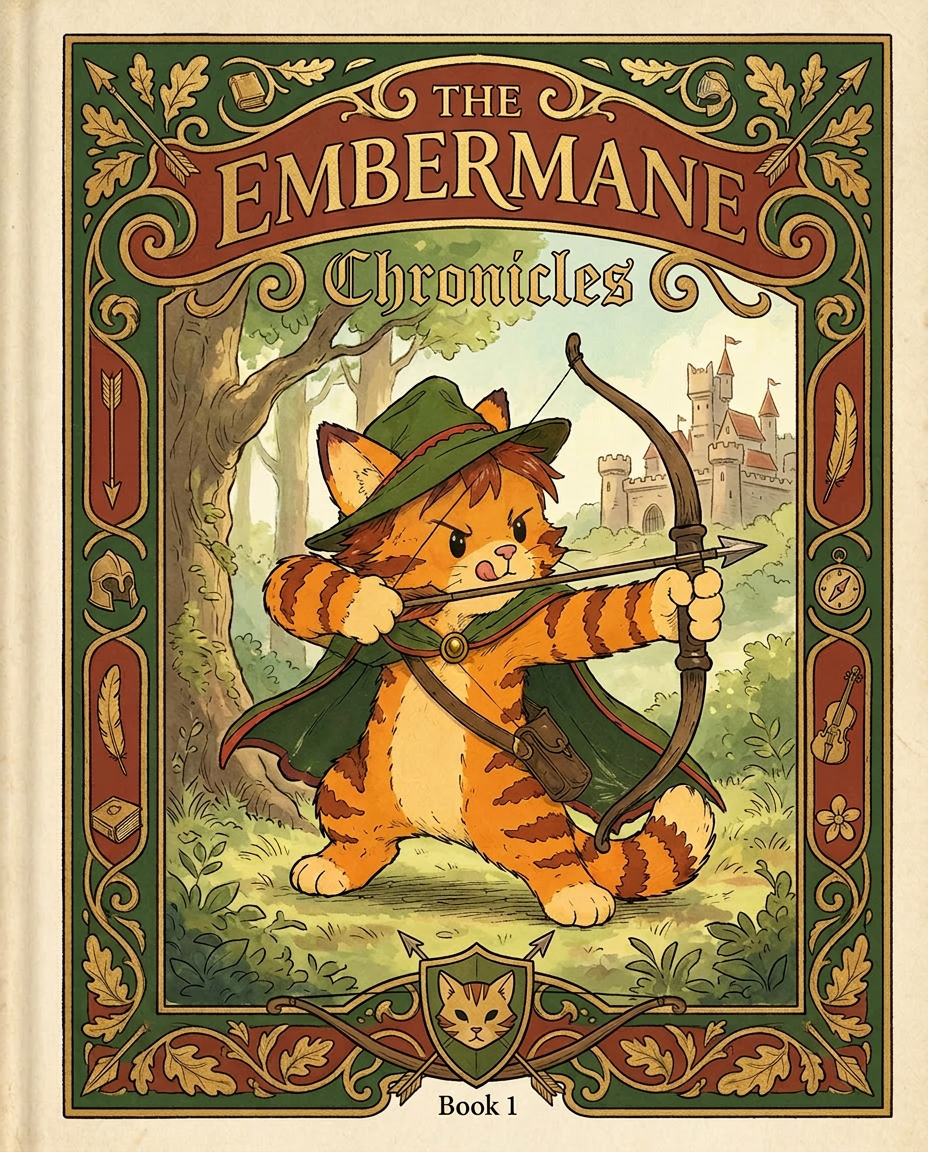 AI Design for Absolutely. Here's how I'd describe the entire cover as if it were written in a design document for an illustrator.
---
# 📖 THE EMBERMANE CHRONICLES
### Book 1 Cover Design Specification
## Overall Format
* Book size: **21 cm × 13.5 cm**
* Classic fantasy novel proportions.
* Matte finish.
* Storybook-inspired cover.
* Not realistic.
* Not modern.
* Warm, timeless, and iconic.
The cover should feel like something discovered in an old library, passed down through generations.
---
# Color Palette
### Primary Colors
🌲 Deep forest green
🔥 Warm red-brown
✨ Soft gold
📜 Cream
These colors should contrast strongly.
The green and red-brown should never blend together.
Instead:
* Green frames red-brown.
* Red-brown frames green.
* Gold highlights details.
The result should feel rich and elegant.
---
# Cover Layout
The cover is divided into two major sections:
## Outer Cover Frame
A thick decorative border surrounding the artwork.
This border is one of the defining visual features of the series.
When readers see this frame, they should instantly recognize:
> "That's an Embermane Chronicles book."
---
## Center Illustration Window
Inside the border sits a framed illustration.
Like a painting inside an old book cover.
The illustration occupies roughly:
60–70% of the front cover.
---
# The Border
### Main Border Color
Deep forest green.
### Border Decorations
The border contains elegant line art and embossing.
Features include:
🌿 Oak leaves
🌿 Vines
🏹 Arrows
🪶 Feathers
📜 Scrollwork
🌰 Acorns
The decorations should look inspired by medieval manuscripts.
Not overly complex.
Not cluttered.
Beautiful and readable.
---
# Hidden Symbols
The border contains tiny references to important characters.
Readers may not notice them immediately.
Examples:
📚 Milo's book
🛡 Rufus' tiny knight helmet
🗺 Shadow's compass
🎻 Ashen's fiddle
🌼 Pippa's flower
These should feel like little secrets.
---
# Title Placement
The title is integrated into the border.
Not floating over the artwork.
### Top Border
Small text:
**THE**
Below it:
# EMBERMANE
Large.
Very large.
The largest text on the cover.
The first thing people notice.
---
### Bottom Border
Smaller text:
**Chronicles**
Elegant.
Decorative.
Part of the frame itself.
---
# The Embermane Crest
Located at the bottom center.
Built into the border.
Not too large.
Not too small.
A symbol readers learn to recognize.
Possible design:
🐱 Stylized cat head
🔥 Red-brown mane
🌲 Green shield background
🏹 Small crossed bow behind it
Simple and iconic.
---
# Central Illustration
The illustration is framed by the border.
---
## Jasper Embermane
Standing slightly off-center.
The focus of the entire cover.
Features:
🐱 Orange tabby cat
🐱 Red-brown mane
🐱 Red-brown cheek stripes
🐱 Red-brown arm and leg markings
🐱 Red-brown ear tips
---
### Clothing
🌲 Green cloak
🌲 Green archer hat
🪶 Red feather
🔴 Thin red trim around the cloak edges
---
### Pose
Jasper is aiming his bow.
Not fighting.
Not dramatic.
Not angry.
Instead:
He is concentrating extremely hard.
One eye slightly squinted.
Tongue sticking out a little.
Like a kid trying his absolute best.
This detail makes him feel charming and relatable.
---
# Background
Soft storybook scenery.
Not detailed enough to distract.
Possible elements:
🌲 Forest
⛰ Distant mountains
🏰 Tiny glimpse of Embermane Hall
☁ Soft sky
The background exists only to support Jasper.
Jasper remains the star.
---
# Art Style
### Linework
* Clean outlines
* Storybook quality
* Slightly hand-drawn
### Coloring
* Flat colors
* Soft gradients
* Minimal shading
### Overall Feel
Somewhere between:
📖 Redwall
📖 Classic fantasy novels
📖 Illustrated children's adventure books
The goal is:
> A timeless fantasy storybook.
Not a movie poster.
Not a comic cover.
Not realism.
---
# Reader Impression
When someone sees the book for the first time, they should think:
> "Who is Embermane?"
Then:
> "Who is that cat?"
Then:
> "I want to know what's inside."
The cover should promise:
🌲 Adventure
🏹 Heroism
📜 Ancient history
🐱 Friendship
🍲 Warmth
✨ Wonder
And most importantly:
> The beginning of a very long chronicle.
That's how I imagine **The Embermane Chronicles** sitting on a bookshelf, looking like the first volume of a beloved fantasy saga. 🐱🏹📖🌲🔥 and make it so i can actually use it as a cover full screen and not sketch art syle do the ones u did just better and thicker bold lines