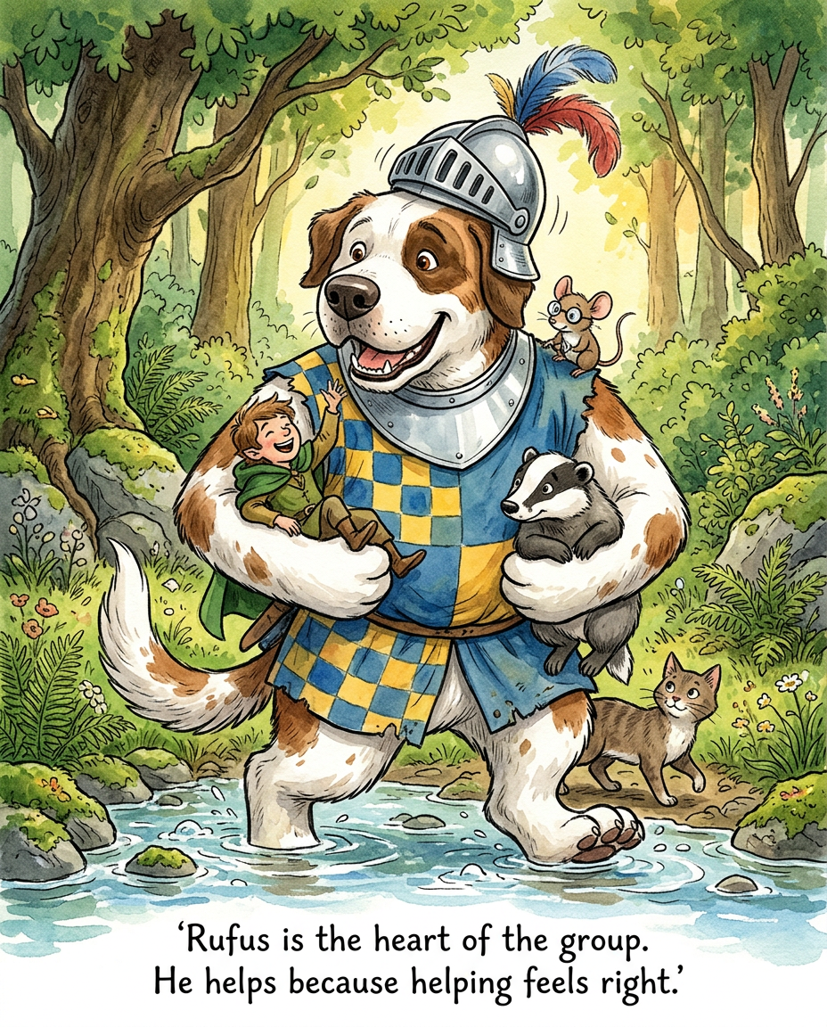 AI Design for # 🐶 Rufus Stonepaw

If Jasper is the dreamer and Milo is the scholar, then **Rufus is the heart of the group**.

The moment somebody sees Rufus, they should smile.

---

## First Impression

Rufus is big.

Very big.

Not scary big.

Comforting big.

The kind of dog who takes up half a bench when he sits down.

He's the tallest member of the friend group and much broader than everyone else.

When he walks, his footsteps feel heavy.

When he laughs, everyone hears it.

When he enters a room, people notice.

---

## Fur

Rufus has mostly white fur.

Across his body are patches of warm brown.

Most notably:

🤎 Around one eye.

🤎 Along parts of his back and shoulders.

🤎 Small patches scattered naturally across his body.

The colors make him look rustic and approachable.

Like a farm dog who somehow became a knight.

---

## Face

His face is friendly.

Very friendly.

Big smile.

Big nose.

Soft eyes.

His eyes aren't sharp or intimidating.

They're warm.

The kind of eyes that say:

> "Don't worry. I'll help."

Even when he has absolutely no idea what's going on.

---

## The Helmet

His most iconic feature.

A knight's helmet.

Silver.

Polished.

Decorated with:

🔵 Blue feathers

🔴 Red feathers

The funny part?

The helmet is too small.

Way too small.

It clearly doesn't fit him properly.

Yet he wears it proudly.

Like the greatest knight in the kingdom.

Everyone recognizes him because of it.

---

## Clothing

Rufus wears a knight-inspired outfit.

Not heavy armor.

More like a colorful medieval tunic.

Pattern:

🟡 Yellow

🔵 Blue

Checkerboard design.

The colors are vibrant without being bright.

They make him stand out immediately.

The outfit is worn and comfortable.

You can tell he's actually lived in it.

---

## The Silver Collar

Around his neck sits a silver collar.

Simple.

Clean.

Almost like a badge of honor.

Not flashy.

Just part of who he is.

---

## Pose

Rufus rarely looks serious.

Most illustrations show him:

😁 Laughing.

🍗 Eating.

🐾 Helping somebody carry something.

🛡 Proudly standing guard.

Or trying very hard to act knightly.

---

## Personality Through Art

The illustrator should communicate:

* Loyalty.
* Courage.
* Kindness.
* Enthusiasm.

Rufus is brave.

But he isn't trying to prove it.

He helps because helping feels right.

---

## Silhouette

Even as a black shadow, you'd instantly recognize him.

🐶 Huge body.

🪖 Tiny helmet.

🛡 Broad shoulders.

The silhouette is unmistakable.

---

## Storybook Illustration Example

Imagine a chapter illustration.

The group is crossing a stream.

Jasper carefully balances on a log.

Milo is checking a map.

Shadow is drawing notes.

Meanwhile Rufus has simply picked up three of his friends at once and is carrying them across.

He's grinning from ear to ear.

His tiny helmet is sliding sideways.

Nobody asked him to do this.

He just thought it would help.

And honestly?

It did.

That single image tells you everything about Rufus Stonepaw:

A giant dog with a tiny helmet, a huge heart, and the unwavering belief that every problem can be solved with courage, friendship, and perhaps a second helping of stew. 🐶🛡️🍲✨
