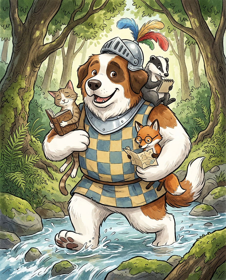 AI Design for # 🐶 Rufus Stonepaw

If Jasper is the dreamer and Milo is the scholar, then **Rufus is the heart of the group**.

The moment somebody sees Rufus, they should smile.

---

## First Impression

Rufus is big.

Very big.

Not scary big.

Comforting big.

The kind of dog who takes up half a bench when he sits down.

He's the tallest member of the friend group and much broader than everyone else.

When he walks, his footsteps feel heavy.

When he laughs, everyone hears it.

When he enters a room, people notice.

---

## Fur

Rufus has mostly white fur.

Across his body are patches of warm brown.

Most notably:

🤎 Around one eye.

🤎 Along parts of his back and shoulders.

🤎 Small patches scattered naturally across his body.

The colors make him look rustic and approachable.

Like a farm dog who somehow became a knight.

---

## Face

His face is friendly.

Very friendly.

Big smile.

Big nose.

Soft eyes.

His eyes aren't sharp or intimidating.

They're warm.

The kind of eyes that say:

> "Don't worry. I'll help."

Even when he has absolutely no idea what's going on.

---

## The Helmet

His most iconic feature.

A knight's helmet.

Silver.

Polished.

Decorated with:

🔵 Blue feathers

🔴 Red feathers

The funny part?

The helmet is too small.

Way too small.

It clearly doesn't fit him properly.

Yet he wears it proudly.

Like the greatest knight in the kingdom.

Everyone recognizes him because of it.

---

## Clothing

Rufus wears a knight-inspired outfit.

Not heavy armor.

More like a colorful medieval tunic.

Pattern:

🟡 Yellow

🔵 Blue

Checkerboard design.

The colors are vibrant without being bright.

They make him stand out immediately.

The outfit is worn and comfortable.

You can tell he's actually lived in it.

---

## The Silver Collar

Around his neck sits a silver collar.

Simple.

Clean.

Almost like a badge of honor.

Not flashy.

Just part of who he is.

---

## Pose

Rufus rarely looks serious.

Most illustrations show him:

😁 Laughing.

🍗 Eating.

🐾 Helping somebody carry something.

🛡 Proudly standing guard.

Or trying very hard to act knightly.

---

## Personality Through Art

The illustrator should communicate:

* Loyalty.
* Courage.
* Kindness.
* Enthusiasm.

Rufus is brave.

But he isn't trying to prove it.

He helps because helping feels right.

---

## Silhouette

Even as a black shadow, you'd instantly recognize him.

🐶 Huge body.

🪖 Tiny helmet.

🛡 Broad shoulders.

The silhouette is unmistakable.

---

## Storybook Illustration Example

Imagine a chapter illustration.

The group is crossing a stream.

Jasper carefully balances on a log.

Milo is checking a map.

Shadow is drawing notes.

Meanwhile Rufus has simply picked up three of his friends at once and is carrying them across.

He's grinning from ear to ear.

His tiny helmet is sliding sideways.

Nobody asked him to do this.

He just thought it would help.

And honestly?

It did.

That single image tells you everything about Rufus Stonepaw:

A giant dog with a tiny helmet, a huge heart, and the unwavering belief that every problem can be solved with courage, friendship, and perhaps a second helping of stew. 🐶🛡️🍲✨