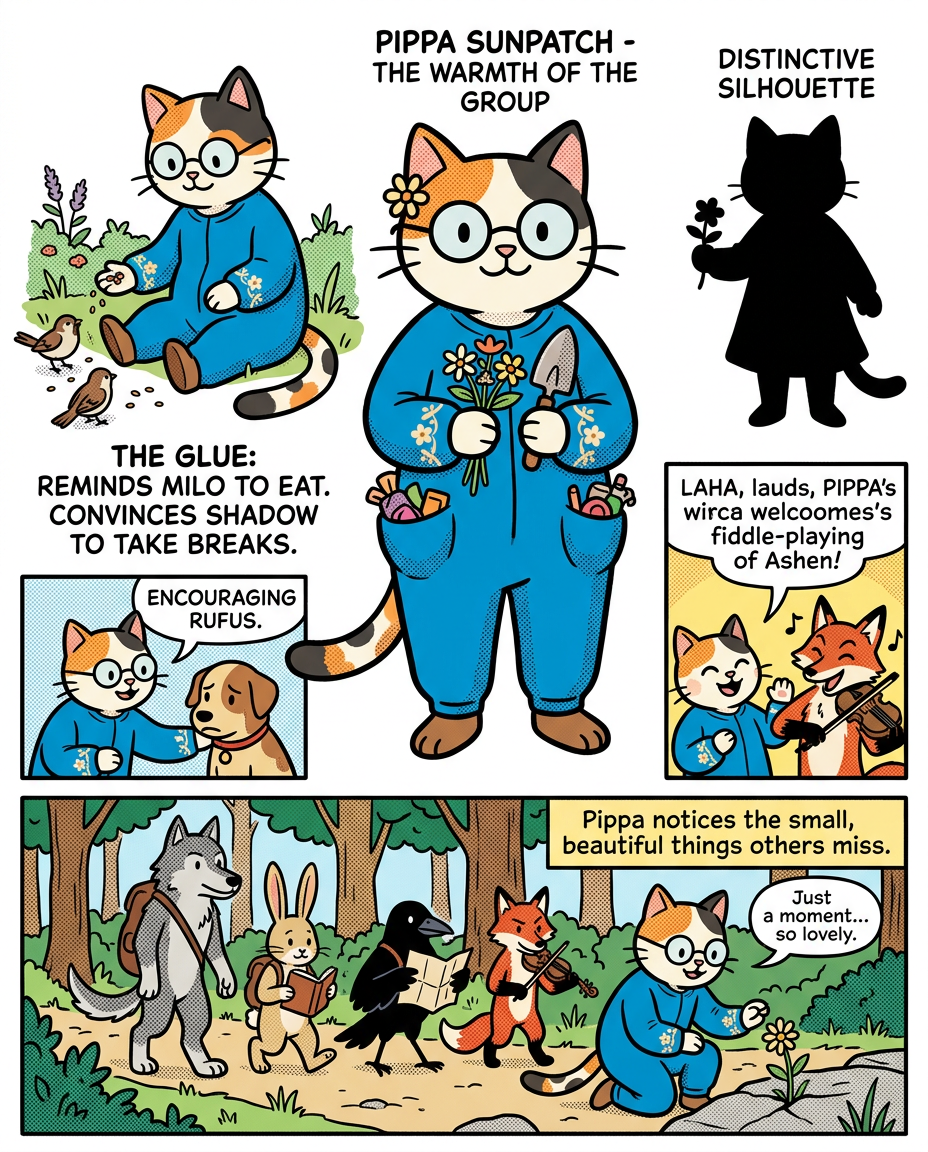 AI Design for � Pippa Sunpatch
Pippa Sunpatch is sunshine in cat form.
Not because she's loud.
Not because she's constantly talking.
But because whenever she's around, things feel a little brighter.
First Impression
Pippa is a calico cat.
Her fur is mostly white, covered in patches of:
🧡 Orange
🖤 Black
🤍 White
The patches are scattered naturally across her body.
When sunlight hits her fur, it almost looks like little pieces of sunlight resting on her coat.
That's where the name Sunpatch comes from.
Face
Pippa has a warm, friendly face.
Her eyes are bright and curious.
Not mischievous like Ashen.
Not focused like Jasper.
Not scholarly like Milo.
Just genuinely interested in the world.
She notices things other people miss.
Clothing
You mentioned blue, and I think blue works perfectly.
Not royal blue.
Not bright blue.
A soft storybook blue.
Something like:
🔵 Cornflower blue
🔵 Sky blue
🔵 Dusty blue
Her outfit could be a simple medieval dress or tunic.
Nothing fancy.
Just comfortable and practical.
Maybe small cream-colored embroidery along the sleeves.
Tiny flower patterns near the edges.
Subtle details.
Accessories
Pippa isn't the type to carry weapons everywhere.
Instead she might carry:
🌼 A flower pouch
🌿 Small gardening tools
📜 Little notes
🍎 Snacks
🐚 Interesting things she finds
Her pockets are always full of random treasures.
Personality
Pippa is kind.
But not in a boring way.
She's the friend who notices when someone feels left out.
The friend who remembers birthdays.
The friend who saves a flower because it looked lonely.
Her Role in the Group
This is important.
Every group needs someone who helps everyone stay connected.
That's Pippa.
When Jasper gets too obsessed with Rowan...
Pippa brings him back to earth.
When Milo disappears into research...
Pippa reminds him to eat.
When Shadow spends twelve hours drawing maps...
Pippa convinces him to take a break.
When Rufus gets discouraged...
Pippa encourages him.
When Ashen gets carried away...
Pippa laughs along with him.
She's the glue.
Pose
In illustrations she's often:
🌼 Holding flowers
🌿 Sitting in gardens
🐦 Feeding birds
📖 Listening to stories
😊 Smiling at friends
Not because she isn't adventurous.
Because she appreciates small beautiful things.
Silhouette
Even in silhouette:
🐱 Cat ears
👗 Simple blue outfit
🌼 Flower in paw
Recognizable immediately.
Storybook Illustration Example
Imagine a chapter illustration.
The group is walking along a forest road.
Jasper is looking ahead.
Shadow is studying a map.
Milo is reading while walking.
Ashen is playing his fiddle.
Rufus is carrying half the supplies.
Meanwhile, Pippa has stopped.
Not because she's tired.
Not because she's distracted.
A tiny wildflower is growing through a crack in a stone beside the road.
She's kneeling beside it.
Just admiring it for a moment.
Then she smiles and catches up with the group.
The Feeling She Gives
If Jasper is the adventure...
If Milo is the knowledge...
If Shadow is the exploration...
If Rufus is the courage...
If Ashen is the joy...
Then Pippa is the warmth.
She's the reason the group feels like friends instead of simply a team.
The kind of character readers remember because she makes the world feel kinder, brighter, and more alive. 🌼🐱💙✨
comic book art style with dot eyes bold black lines minimal shading simple colours baggz oneseie vibrant colours